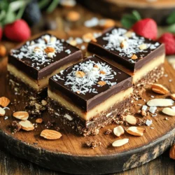 To make these tasty bars, you'll need some key ingredients. Here’s the list: - 1 cup graham cracker crumbs - 1/2 cup unsweetened cocoa powder - 1/2 cup unsweetened shredded coconut - 1/2 cup almonds (chopped or slivered) - 1/2 cup pure maple syrup - 1/2 cup natural peanut butter (or almond butter) - 1 cup dark chocolate chips - 2 tablespoons coconut oil - A pinch of sea salt These ingredients work together to create layers of flavor and texture. The graham cracker crumbs give a nice crunch, while the cocoa powder adds rich chocolate flavor. The shredded coconut and almonds add a chewy texture and nutty taste. Maple syrup and peanut butter sweeten and bind everything together. You can easily customize these bars. Here are some optional ingredients: - Chopped nuts for extra crunch - More shredded coconut for a tropical touch - A drizzle of caramel sauce for extra sweetness Feel free to mix and match based on what you have at home or your taste preferences. Each serving has a healthy mix of nutrients. Here’s a rough breakdown: - Calories: Approximately 200 - Protein: 4g - Carbohydrates: 20g - Fat: 12g These bars are not only delicious but also provide a good amount of energy. Enjoy them as a treat or a snack. For the full recipe, check out the section above! To start, gather your ingredients. In a medium mixing bowl, combine the graham cracker crumbs, unsweetened cocoa powder, shredded coconut, and chopped almonds. Don’t forget the pinch of sea salt! Mix well until everything is evenly combined. You want to ensure no dry spots remain. This step is key for a tasty base. Next, grab another bowl. Whisk together the pure maple syrup and natural peanut butter until it’s smooth and creamy. Pour this mixture into the dry ingredients. Use a spatula to mix them together. You should have a crumbly dough that holds together when pressed. This dough forms the delicious base of your bars. Now, let’s melt the chocolate. In a microwave-safe bowl, add the dark chocolate chips and coconut oil. Heat in the microwave in 30-second intervals. Be sure to stir after each interval until the chocolate is fully melted and smooth. Once melted, pour the chocolate over the pressed base in your baking dish. Spread it evenly with a spatula. If you like, sprinkle some chopped nuts or shredded coconut on top for extra flair! Finally, place the baking dish in the refrigerator. Let it chill for at least 2 hours. This helps the chocolate harden and sets the bars. After chilling, lift the bars out using the parchment paper edges. Place them on a cutting board. Slice them into squares or rectangles, and they’re ready to serve fresh! For more details, check the Full Recipe. To make perfect No Bake Millionaire Bars, measure your ingredients carefully. Use fresh ingredients for the best flavor. When mixing, ensure no dry spots remain. This keeps the bars together. Press the mixture firmly into the pan. A good press helps the bars hold their shape. Chill them long enough so the chocolate sets well. One common mistake is not using parchment paper. This makes removal hard. Another mistake is skipping the chilling time. If you cut the bars too soon, they may fall apart. Also, don't overheat the chocolate. Heat it slowly in short bursts. Stir often to keep it smooth. Lastly, avoid using too much salt. Just a pinch enhances flavor without overpowering. For a beautiful presentation, cut the bars into even pieces. Arrange them on a nice platter. Add fresh berries for a splash of color. Dust the bars with cocoa powder or powdered sugar for style. You can also sprinkle chopped nuts or coconut on top. This adds texture and makes them look appealing. For the full recipe, check the detailed instructions above! {{image_4}} You can play with different nuts in your No Bake Millionaire Bars. Almonds add a nice crunch, but walnuts or pecans work too. If you want a softer bite, try cashews. Chopped hazelnuts bring a unique flavor. Each nut changes the taste and texture. Mix and match to find your favorite combo! If you have a peanut allergy, don't worry! You can swap peanut butter with almond butter or cashew butter. Sunflower seed butter is a great nut-free option. Each choice offers a different flavor, so try them all. This way, everyone can enjoy these bars without any worry. The chocolate on top of your bars can change the game. Dark chocolate is rich and deep in flavor. Milk chocolate is sweeter and creamier. For a fun twist, try white chocolate. You can even mix them for a layered look. Use your favorite type of chocolate to make it your own! For the complete recipe to make these delicious bars, check the [Full Recipe]. Store your No Bake Millionaire Bars in an airtight container. Keep them in the fridge for the best taste. They stay fresh for about one week. If you want to keep them longer, freezing is a great option. Just make sure to wrap them well. To freeze the bars, first slice them. Wrap each piece in plastic wrap. Place them in a freezer-safe bag. They can last up to three months in the freezer. When you're ready to eat, let them thaw in the fridge. Don't rush the thawing. This keeps the texture nice. You don’t need to reheat these bars. Enjoy them cold straight from the fridge. If you prefer a warm treat, microwave a slice for just a few seconds. Be careful not to overheat it. Enjoy the rich flavors warm and gooey! For the full recipe, check out the entire guide. Yes, you can make No Bake Millionaire Bars vegan. To do this, swap the honey with maple syrup. Use almond butter or any nut butter that is vegan. Also, ensure that the chocolate chips are dairy-free. This way, you keep all the yummy flavors while making it plant-based. No Bake Millionaire Bars last for about one week when stored properly. Keep them in an airtight container in the fridge. If you want them to last longer, you can freeze them for up to three months. Just thaw them in the fridge before serving. If you don’t have graham cracker crumbs, use crushed cookies or any other type of crumb. You can use vanilla wafers, digestive biscuits, or even oat flour. Each option adds a different taste but still keeps the bars delicious. Yes, you can substitute other sweeteners in this recipe. Options include agave syrup, coconut sugar, or even date syrup. Just remember that different sweeteners have varying sweetness levels. Adjust the amount to get the taste you want. For the full recipe, check out the detailed instructions above. No Bake Millionaire Bars are easy to make and taste great. We covered key ingredients and how you can customize them. The simple steps guide you from preparation to serving. Remember the tips to avoid common mistakes and make your bars shine. Explore variations for different nut options and toppings. Lastly, proper storage is key to keep them fresh. Enjoy your delicious bars and have fun making them your own!