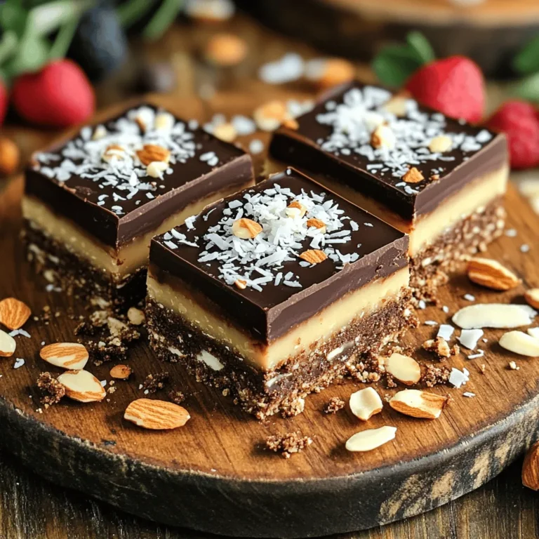 To make these tasty bars, you'll need some key ingredients. Here’s the list: - 1 cup graham cracker crumbs - 1/2 cup unsweetened cocoa powder - 1/2 cup unsweetened shredded coconut - 1/2 cup almonds (chopped or slivered) - 1/2 cup pure maple syrup - 1/2 cup natural peanut butter (or almond butter) - 1 cup dark chocolate chips - 2 tablespoons coconut oil - A pinch of sea salt These ingredients work together to create layers of flavor and texture. The graham cracker crumbs give a nice crunch, while the cocoa powder adds rich chocolate flavor. The shredded coconut and almonds add a chewy texture and nutty taste. Maple syrup and peanut butter sweeten and bind everything together. You can easily customize these bars. Here are some optional ingredients: - Chopped nuts for extra crunch - More shredded coconut for a tropical touch - A drizzle of caramel sauce for extra sweetness Feel free to mix and match based on what you have at home or your taste preferences. Each serving has a healthy mix of nutrients. Here’s a rough breakdown: - Calories: Approximately 200 - Protein: 4g - Carbohydrates: 20g - Fat: 12g These bars are not only delicious but also provide a good amount of energy. Enjoy them as a treat or a snack. For the full recipe, check out the section above! To start, gather your ingredients. In a medium mixing bowl, combine the graham cracker crumbs, unsweetened cocoa powder, shredded coconut, and chopped almonds. Don’t forget the pinch of sea salt! Mix well until everything is evenly combined. You want to ensure no dry spots remain. This step is key for a tasty base. Next, grab another bowl. Whisk together the pure maple syrup and natural peanut butter until it’s smooth and creamy. Pour this mixture into the dry ingredients. Use a spatula to mix them together. You should have a crumbly dough that holds together when pressed. This dough forms the delicious base of your bars. Now, let’s melt the chocolate. In a microwave-safe bowl, add the dark chocolate chips and coconut oil. Heat in the microwave in 30-second intervals. Be sure to stir after each interval until the chocolate is fully melted and smooth. Once melted, pour the chocolate over the pressed base in your baking dish. Spread it evenly with a spatula. If you like, sprinkle some chopped nuts or shredded coconut on top for extra flair! Finally, place the baking dish in the refrigerator. Let it chill for at least 2 hours. This helps the chocolate harden and sets the bars. After chilling, lift the bars out using the parchment paper edges. Place them on a cutting board. Slice them into squares or rectangles, and they’re ready to serve fresh! For more details, check the Full Recipe. To make perfect No Bake Millionaire Bars, measure your ingredients carefully. Use fresh ingredients for the best flavor. When mixing, ensure no dry spots remain. This keeps the bars together. Press the mixture firmly into the pan. A good press helps the bars hold their shape. Chill them long enough so the chocolate sets well. One common mistake is not using parchment paper. This makes removal hard. Another mistake is skipping the chilling time. If you cut the bars too soon, they may fall apart. Also, don't overheat the chocolate. Heat it slowly in short bursts. Stir often to keep it smooth. Lastly, avoid using too much salt. Just a pinch enhances flavor without overpowering. For a beautiful presentation, cut the bars into even pieces. Arrange them on a nice platter. Add fresh berries for a splash of color. Dust the bars with cocoa powder or powdered sugar for style. You can also sprinkle chopped nuts or coconut on top. This adds texture and makes them look appealing. For the full recipe, check the detailed instructions above! {{image_4}} You can play with different nuts in your No Bake Millionaire Bars. Almonds add a nice crunch, but walnuts or pecans work too. If you want a softer bite, try cashews. Chopped hazelnuts bring a unique flavor. Each nut changes the taste and texture. Mix and match to find your favorite combo! If you have a peanut allergy, don't worry! You can swap peanut butter with almond butter or cashew butter. Sunflower seed butter is a great nut-free option. Each choice offers a different flavor, so try them all. This way, everyone can enjoy these bars without any worry. The chocolate on top of your bars can change the game. Dark chocolate is rich and deep in flavor. Milk chocolate is sweeter and creamier. For a fun twist, try white chocolate. You can even mix them for a layered look. Use your favorite type of chocolate to make it your own! For the complete recipe to make these delicious bars, check the [Full Recipe]. Store your No Bake Millionaire Bars in an airtight container. Keep them in the fridge for the best taste. They stay fresh for about one week. If you want to keep them longer, freezing is a great option. Just make sure to wrap them well. To freeze the bars, first slice them. Wrap each piece in plastic wrap. Place them in a freezer-safe bag. They can last up to three months in the freezer. When you're ready to eat, let them thaw in the fridge. Don't rush the thawing. This keeps the texture nice. You don’t need to reheat these bars. Enjoy them cold straight from the fridge. If you prefer a warm treat, microwave a slice for just a few seconds. Be careful not to overheat it. Enjoy the rich flavors warm and gooey! For the full recipe, check out the entire guide. Yes, you can make No Bake Millionaire Bars vegan. To do this, swap the honey with maple syrup. Use almond butter or any nut butter that is vegan. Also, ensure that the chocolate chips are dairy-free. This way, you keep all the yummy flavors while making it plant-based. No Bake Millionaire Bars last for about one week when stored properly. Keep them in an airtight container in the fridge. If you want them to last longer, you can freeze them for up to three months. Just thaw them in the fridge before serving. If you don’t have graham cracker crumbs, use crushed cookies or any other type of crumb. You can use vanilla wafers, digestive biscuits, or even oat flour. Each option adds a different taste but still keeps the bars delicious. Yes, you can substitute other sweeteners in this recipe. Options include agave syrup, coconut sugar, or even date syrup. Just remember that different sweeteners have varying sweetness levels. Adjust the amount to get the taste you want. For the full recipe, check out the detailed instructions above. No Bake Millionaire Bars are easy to make and taste great. We covered key ingredients and how you can customize them. The simple steps guide you from preparation to serving. Remember the tips to avoid common mistakes and make your bars shine. Explore variations for different nut options and toppings. Lastly, proper storage is key to keep them fresh. Enjoy your delicious bars and have fun making them your own!