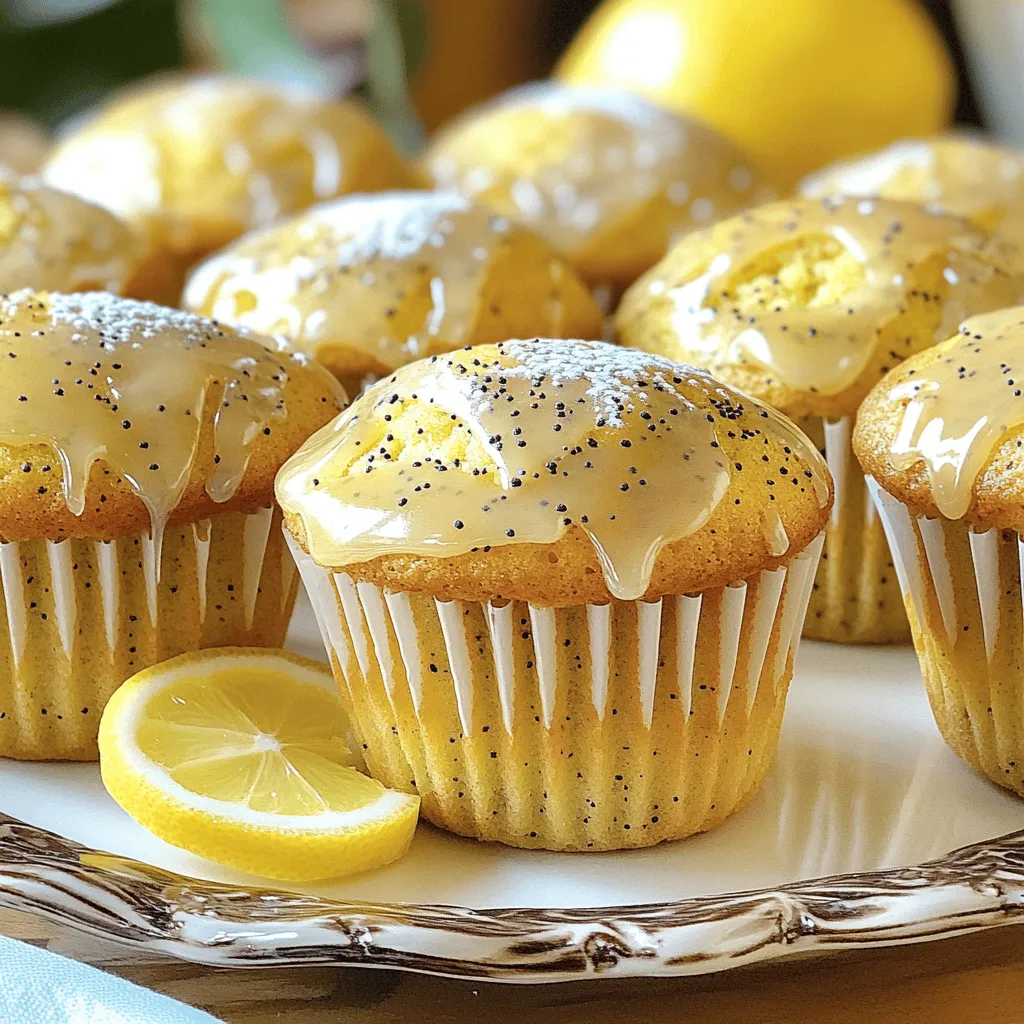 For these zesty lemon poppy seed muffins, you will need a few simple ingredients. Here’s the list: - 1 ½ cups all-purpose flour - ½ cup granulated sugar - 2 teaspoons poppy seeds - 1 tablespoon baking powder - ½ teaspoon salt - 1 large egg - ½ cup plain Greek yogurt - ¼ cup vegetable oil - 1 teaspoon vanilla extract - Zest of 1 lemon - 2 tablespoons fresh lemon juice - ¼ cup powdered sugar (optional, for glaze) - 1 tablespoon lemon juice (for glaze) These ingredients come together to create a muffin that bursts with flavor. The poppy seeds add a nice crunch, while the lemon gives a fresh zest. The Greek yogurt keeps the muffins moist and fluffy. If you want to make a glaze, the powdered sugar and lemon juice mix create a sweet finish. You can find the full recipe for these delightful muffins in the recipe section. - Preheat oven to 350°F (175°C). - Prepare muffin tin with liners or cooking spray. To start, I preheat my oven to 350°F (175°C). This temperature works best for baking the muffins. While the oven heats, I prepare a muffin tin. I either line it with paper liners or spray it with a non-stick cooking spray. This step helps prevent the muffins from sticking. - Mix dry ingredients in one bowl. - Mix wet ingredients in another bowl. Next, I gather my dry ingredients. In a large bowl, I combine 1 ½ cups of all-purpose flour, ½ cup of granulated sugar, 2 teaspoons of poppy seeds, 1 tablespoon of baking powder, and ½ teaspoon of salt. I whisk these together to make sure they blend well. In another bowl, I mix the wet ingredients. I crack 1 large egg and whisk it. Then, I add ½ cup of plain Greek yogurt, ¼ cup of vegetable oil, 1 teaspoon of vanilla extract, the zest of 1 lemon, and 2 tablespoons of fresh lemon juice. I stir this mixture until it’s smooth. - Fold wet and dry ingredients together. - Distribute batter into muffin cups. - Bake and cool muffins. Now comes the fun part. I gently fold the wet mixture into the dry ingredients. I mix until they just come together. It’s okay if there are a few lumps; overmixing can make the muffins heavy. Using a scoop, I distribute the batter into the muffin cups. I fill each cup about two-thirds full. This allows room for the muffins to rise. Then, I place the muffin tin in the oven. I bake them for 18 to 20 minutes. I check for doneness by inserting a toothpick into the center. If it comes out clean, they’re ready! Once baked, I let the muffins cool in the tin for about 5 minutes. This helps them set. After that, I transfer them to a wire rack to cool completely. To make the best lemon poppy seed muffins, avoid overmixing the batter. When you combine wet and dry ingredients, stir gently until just mixed. Some lumps are okay. This keeps your muffins light and fluffy. To test for doneness, use the toothpick method. Insert a toothpick in the center of a muffin. If it comes out clean, they are ready. If not, give them a few more minutes in the oven. Want to boost the flavor? Add mix-ins to your muffins. Fresh berries like blueberries or raspberries work well. You can also try nuts like walnuts or almonds for some crunch. These add extra taste and texture to your muffins. Presentation is key for any dish. Once your muffins are cool, arrange them on a pretty plate. Dust them lightly with powdered sugar for a sweet touch. Garnish with a slice of fresh lemon or sprinkle some extra poppy seeds on top. This not only looks nice but also adds flavor. For the full recipe, check the section above. {{image_4}} Blueberry Lemon Poppy Seed Muffins Mix in fresh blueberries for a tasty twist. The blueberries add sweetness and moisture. They pair well with the lemon zest and poppy seeds. Just fold in about a cup of blueberries when you mix the wet and dry ingredients. The muffins will look beautiful and taste great! Almond Extract Variation Add a splash of almond extract for a different flavor. Replace half of the vanilla extract with almond extract. This change gives the muffins a nutty, rich taste. It blends nicely with the lemon and poppy seeds. You can also sprinkle sliced almonds on top before baking. This adds a nice crunch! Gluten-free alternatives To make these muffins gluten-free, swap all-purpose flour with a gluten-free blend. Look for a blend that includes xanthan gum for the best texture. You may need to adjust the baking time slightly. Keep an eye on them as they bake. Reducing sugar for healthier options You can cut the sugar by using less granulated sugar. Try using 1/3 cup instead of ½ cup. You can also use honey or maple syrup. These options add sweetness without extra refined sugar. If you use liquid sweeteners, reduce the yogurt slightly to keep the batter balanced. Incorporating seasonal fruits Add seasonal fruits like strawberries or raspberries to your muffins. These fruits make the muffins fresh and vibrant. Chop the strawberries into small pieces and fold them in gently. Raspberries can be added whole. Both options bring extra flavor and color to your muffins. Enjoy experimenting with different fruits! To keep your lemon poppy seed muffins fresh at room temperature, place them in an airtight container. This helps to lock in moisture and flavor. Avoid leaving them out in the open. They can last about three days this way. If you want to enjoy them warm, just pop them in the microwave for a few seconds before serving. For long-term storage, freezing is a great option. Allow the muffins to cool completely before wrapping them. Use plastic wrap or aluminum foil to cover each muffin tightly. Then, place them in a freezer-safe bag. They can stay frozen for up to three months. When you're ready to eat, thaw them overnight in the fridge. You can also reheat them in the oven at 350°F (175°C) for about 10 minutes for a fresh taste. Choose the right storage container to maintain freshness. Glass or plastic airtight containers work best. You can also use freezer bags for freezing. Make sure to squeeze out excess air before sealing. This prevents freezer burn and keeps your muffins tasting great. Always label your containers with the date, so you know when to enjoy them! Yes, you can use whole wheat flour. It will add a nutty flavor and more fiber. However, the muffins may be denser. To make them lighter, blend half whole wheat and half all-purpose flour. To make these muffins dairy-free, swap plain Greek yogurt for a dairy-free yogurt. You can also use almond milk or coconut milk instead of any dairy. This will keep the muffins moist and tasty without dairy. If you don’t have poppy seeds, try using chia seeds or sunflower seeds. Both options will give a nice crunch. You can also skip seeds altogether for a pure lemon flavor. Lemon Poppy Seed Muffins last about 3 days at room temperature. To keep them fresh longer, store them in an airtight container. You can also freeze them for up to three months. Just thaw them when you want to enjoy! Yes, you can make mini muffins! Just reduce the baking time to about 10-12 minutes. Keep an eye on them, and use the toothpick method to check for doneness. Your mini muffins will be just as tasty! For the complete recipe, check the Full Recipe section! You now have a clear guide to making Lemon Poppy Seed Muffins. From ingredients to baking tips, every step matters. Remember, mixing dry and wet ingredients separately helps keep muffins light. Don’t forget to have fun with this recipe. Try new flavors or add berries for a twist. Store your muffins well to keep them fresh. Enjoy sharing your tasty treats with others. Baking can be a joy, so embrace it!