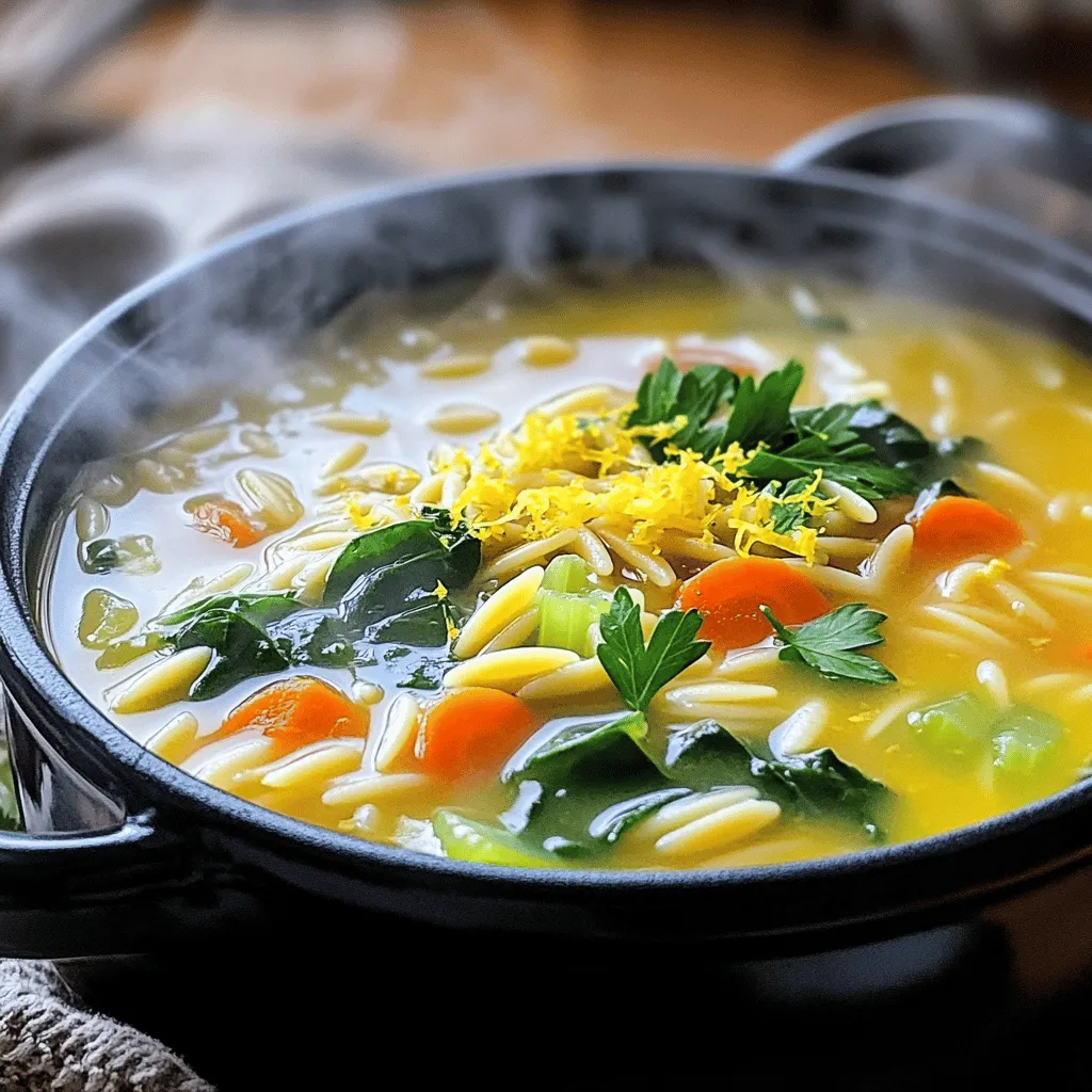 - 1 tablespoon extra virgin olive oil - 1 medium onion, finely diced - 2 garlic cloves, minced to a paste - 3 medium carrots, peeled and sliced into thin rounds - 2 celery stalks, diced into small pieces - 8 cups vegetable broth (low-sodium recommended) - 1 cup orzo pasta - 1 cup fresh spinach, coarsely chopped - Zest of 1 lemon (about 1 tablespoon) - Juice of 1 lemon (about 2 tablespoons) - 1 teaspoon dried thyme - Salt and freshly cracked pepper to taste - Fresh parsley, roughly chopped (for garnish) When I make this One-Pot Lemon Orzo Soup, I love how simple it is. Each ingredient plays a key role in creating a warm, cozy dish. The olive oil starts the flavor base, while the onion adds sweetness. Garlic gives depth, and the carrots and celery bring color and crunch. I prefer using low-sodium vegetable broth. It allows me to control the soup's saltiness. Orzo pasta cooks perfectly in the broth, soaking up all the flavors. The fresh spinach adds a pop of green and nutrients. The lemon zest and juice brighten the soup, making it refreshing. I always season with salt and cracked pepper to enhance the taste. A sprinkle of fresh parsley on top gives a lovely finish. If you want the full recipe, check out the details on how to make this dish! 1. Warm 1 tablespoon of extra virgin olive oil in a large pot over medium heat. 2. Add 1 medium, finely diced onion and sauté for about 5 minutes. 3. Next, add 2 minced garlic cloves, 3 sliced carrots, and 2 diced celery stalks. Cook for 3-4 minutes until soft. 4. Pour in 8 cups of low-sodium vegetable broth and bring the mix to a boil. 1. Once boiling, add 1 cup of orzo pasta and 1 teaspoon of dried thyme. Reduce heat to a simmer. 2. Cook for about 10-12 minutes until the orzo is tender, stirring to prevent sticking. 3. Stir in 1 cup of coarsely chopped spinach, the zest of 1 lemon, and the juice of that lemon. 4. Let it cook for 2-3 minutes until the spinach wilts. 5. Season with salt and freshly cracked pepper to your taste. Enjoy this comforting soup right away! For the full recipe, check the link above. - How to prevent orzo from sticking: Stir the orzo often while it cooks. This keeps it from clumping together. Using a large pot helps give the pasta room to move around. You can also add a little extra broth if you notice it sticking. - Adjusting seasoning for personal taste: Taste the soup before serving. Add more salt or pepper as needed. You can also try adding a dash of red pepper flakes for a bit of heat. Everyone's taste is different, so make it yours! - Importance of using fresh ingredients: Fresh ingredients make a big difference. They bring bright flavors to your soup. Choose fresh carrots, celery, and spinach for the best taste. Fresh lemon zest and juice really lift the dish too! - Suggestions for garnishing with parsley: A sprinkle of fresh parsley adds color and flavor. Chop it roughly and put it on top just before serving. It makes the soup look beautiful! - Serving options: Serve the soup hot with a slice of crusty bread. This bread soaks up the tasty broth. A lemon wedge on each bowl gives a nice touch. It allows everyone to add more citrus if they want! {{image_4}} You can mix things up with different veggies. Try kale or peas for a twist. Both options add nice color and flavor. If you want to switch the orzo, use rice or quinoa. These grains work well and make the soup hearty. Adding protein boosts the meal. You can toss in cooked chicken or beans. Chickpeas are a great choice for a vegetarian option. They add texture and make the soup filling. For vegan or vegetarian needs, swap vegetable broth for chicken broth. Use plant-based proteins like lentils for extra nutrition. This keeps the soup light and tasty. If you need gluten-free options, use gluten-free pasta. There are many choices available. Just check the package to ensure it cooks well. This way, everyone can enjoy the soup. For the full recipe, check out the details above. One-Pot Lemon Orzo Soup lasts about 3 to 4 days in the fridge. To store it, let the soup cool down first. Then, transfer it into an airtight container. This keeps it fresh and tasty. When you're ready to eat, give it a stir before heating. To freeze the soup properly, let it cool completely. Then, pour it into freezer-safe bags or containers. Leave some space at the top for expansion. One-Pot Lemon Orzo Soup can last up to 3 months in the freezer. When you want to enjoy it again, thaw it overnight in the fridge. Reheat it gently on the stove over low heat. You may need to add a splash of broth or water, as the orzo absorbs liquid when frozen. This way, it stays rich and flavorful! Can I use dried herbs instead of fresh thyme? Yes, you can use dried thyme. Use about one-third of the amount. Dried herbs have a stronger flavor. Add them earlier in the cooking process to release their taste. How do I make this soup in a slow cooker? To make this in a slow cooker, start by sautéing the onion, garlic, and veggies in a pan. Then, transfer all ingredients into the slow cooker. Add broth, orzo, and thyme. Cook on low for 4-6 hours. Stir in spinach and lemon just before serving. Is it possible to make One-Pot Lemon Orzo Soup ahead of time? Yes, you can make this soup ahead. Store it in the fridge for three to four days. When ready to eat, reheat it on the stove. Add a splash of broth if it thickens too much. What can I serve with this soup? This soup pairs well with crusty bread or a fresh salad. You can also add a sprinkle of cheese on top for extra flavor. A lemon wedge on the side can enhance the soup's zest. How to adjust the recipe for larger servings? To make more servings, simply double the ingredients. Use a larger pot to accommodate the extra volume. Adjust cooking times only if needed; keep an eye on the orzo for doneness. This blog covered a simple, tasty recipe for One-Pot Lemon Orzo Soup. We went through the ingredients, cooking steps, and useful tips. I shared ideas for making variations and how to store your soup. In my experience, this soup is a great meal option for anyone. You can enjoy its fresh flavors and make it your own. Try it out, and you’ll see how easy and delicious it can be. Enjoy!