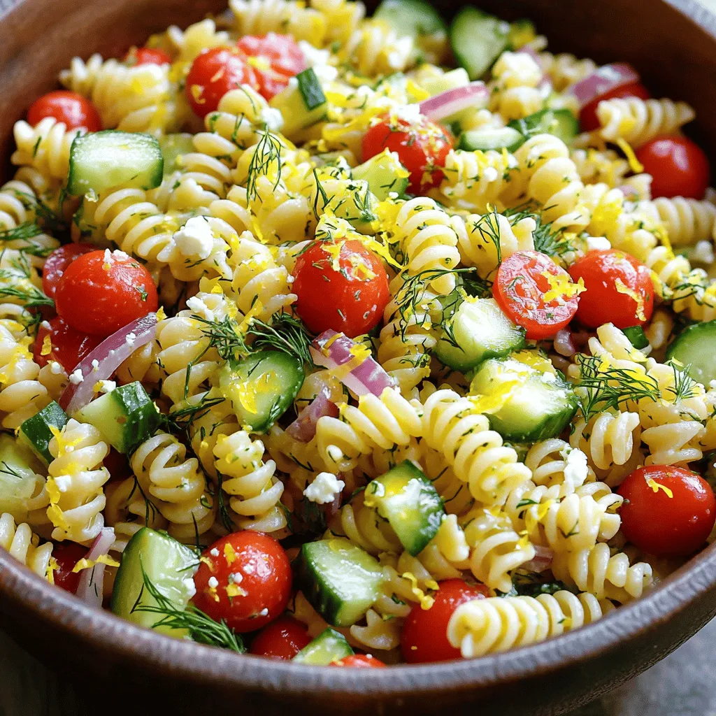 - 8 oz. fusilli pasta - 1 cup cherry tomatoes, halved - 1 cucumber, diced - 1/3 cup red onion, finely chopped - 1/2 cup fresh dill, chopped - 1/4 cup feta cheese, crumbled - 1/3 cup olive oil - 2 tablespoons fresh lemon juice - Zest of 1 lemon - Salt and freshly ground pepper to taste For this Lemon Dill Pasta Salad, I suggest using a kitchen scale for precise measurements. The fusilli pasta should weigh around 8 ounces. For the cherry tomatoes, one cup means about 12-15 tomatoes, depending on size. The cucumber should be diced into small pieces, which makes it easier to eat. When measuring fresh dill, use a packed cup to capture its strong flavor. For the olive oil and lemon juice, standard measuring cups work great. Adjust salt and pepper to your taste. Using fresh ingredients greatly enhances the flavor. Fresh dill has a bright taste that dried dill cannot match. Fresh lemon juice gives a zesty kick, while bottled juice lacks the same vibrancy. The cherry tomatoes and cucumber stay crisp and juicy, making each bite delightful. For a creamy touch, use fresh feta cheese, which adds richness. Though dried herbs can work in a pinch, I recommend sticking to fresh for this dish. Fresh ingredients truly shine in Lemon Dill Pasta Salad and elevate the whole meal. For the complete recipe, check out the Full Recipe section. Start by boiling a large pot of salted water. Add 8 oz. of fusilli pasta. Cook it until al dente, usually 8-10 minutes. Once ready, drain the pasta and rinse it under cold water. This stops the cooking and cools it down quickly. While the pasta cools, grab your veggies. Halve 1 cup of cherry tomatoes. Dice 1 cucumber into small pieces. Finally, finely chop 1/3 cup of red onion. Toss all these chopped veggies together in a big mixing bowl. In a small bowl, mix together 1/3 cup of olive oil, 2 tablespoons of fresh lemon juice, and the zest of 1 lemon. Add salt and freshly ground pepper to taste. Whisk until it's smooth and combined. Once the pasta is cool, add it to the bowl with the veggies. Drizzle the dressing over the pasta. Use a spatula or tongs to toss everything gently. Make sure all the ingredients get coated with the dressing. Next, fold in 1/2 cup of chopped fresh dill and 1/4 cup of crumbled feta cheese. Be gentle; you want to mix these in without breaking up the feta too much. Cover the pasta salad with plastic wrap or a lid. Put it in the fridge for at least 30 minutes. This chilling time allows the flavors to blend. When ready to serve, give it a gentle toss again. Taste and add more salt or pepper if needed. Serve it chilled or at room temperature. Enjoy this fresh and flavorful delight! For the full recipe, check out the details above. To cook fusilli pasta just right, start with plenty of water. Use a large pot and add a good amount of salt. Bring the water to a rolling boil before adding the pasta. Cook it according to the package directions, usually 8 to 10 minutes. Check for doneness by tasting a piece. You want it al dente, meaning firm but not hard. Once cooked, drain the pasta and rinse it under cold water. This stops the cooking and cools the pasta quickly. Olive oil plays a key role in the flavor of your salad. Opt for extra virgin olive oil for the best taste. It has a rich, fruity flavor that enhances your salad. Look for oils that are cold-pressed and have a dark green color. This indicates quality and freshness. Avoid oils labeled as “light,” as they often lack flavor. A good olive oil will make your dressing shine. While dill is the star in this dish, other herbs can boost flavor. Consider adding fresh parsley or basil for extra freshness. Chives can add a mild onion taste that pairs well with the lemon. If you want a bit of heat, try adding fresh mint. Mix and match until you find your perfect blend. Fresh herbs not only elevate the taste but also add color and nutrients to your salad. For the complete experience, check out the Full Recipe to make this zesty dish come alive! {{image_4}} Want to make your pasta salad heartier? Add protein! Grilled chicken works great. It adds a savory taste. Simply cube cooked chicken and mix it in. For a vegetarian option, try chickpeas. They lend a great texture and protein boost. Rinse canned chickpeas and toss them in with the pasta. Both options make the dish more filling and satisfying. If you want a vegan twist, skip the feta cheese. Instead, use a dairy-free cheese option. Look for brands that offer plant-based feta. You can also add avocado for creaminess. It adds a rich flavor without dairy. Just toss in diced avocado before serving for a fresh touch. Seasonal vegetables can elevate your salad. Zucchini is a fantastic choice. Slice it thinly and mix it in raw. It adds crunch and freshness. Bell peppers are another great option. Dice them up for a sweet pop of color. Both add nutrients and make your salad even more vibrant. You can explore these variations to create your unique Lemon Dill Pasta Salad. Check the [Full Recipe] for the basic version and get cooking! To keep your Lemon Dill Pasta Salad fresh, store it in an airtight container. This helps prevent the salad from absorbing other odors in the fridge. Make sure it is completely cooled before you seal it. If you have leftovers, you can enjoy them for lunch or dinner the next day. While I recommend eating this salad fresh, you can freeze it if needed. Place the salad in a freezer-safe container. However, avoid freezing the feta cheese and fresh herbs. They may change texture and flavor when thawed. For best results, enjoy the pasta salad fresh within a few days. Lemon Dill Pasta Salad stays good in the fridge for about 3 to 5 days. After that, the flavors may fade, and the veggies can lose their crunch. Always check for any signs of spoilage before serving. Enjoy the fresh and zesty flavors of this dish from the [Full Recipe]. Yes, you can make this salad ahead of time. I often prepare it a day prior. This allows the flavors to blend well. Just keep it in the fridge until you are ready to serve. If you make it too early, the pasta may absorb the dressing, so add it before serving. You can get creative with herbs! Fresh parsley, basil, or chives work well. Each herb offers a different taste. Mix and match to find your favorite combination. I love using mint for a refreshing twist. If you need a substitute for feta, try goat cheese or a dairy-free cheese. Crumbled tofu works great if you want a vegan option. Both provide a nice texture and flavor. Adjust the amount to fit your taste. This pasta salad is not gluten-free as written. However, you can use gluten-free pasta. Many brands offer great gluten-free options today. Just ensure you follow the cooking time on the package for the best results. To boost the dressing's flavor, add minced garlic or shallots. A splash of vinegar, like red wine or balsamic, can enhance the taste too. You can also try a pinch of red pepper flakes for some heat. Experimenting is key to finding your perfect balance! For the full recipe, check out the detailed instructions above! In this blog post, I shared how to create a tasty lemon dill pasta salad. We discussed the best ingredients, like fresh herbs and quality olive oil. You learned step-by-step cooking tips, from boiling pasta to mixing flavors. I also covered variations, storage ideas, and answered common questions. The right ingredients and methods can make your pasta salad shine. Enjoy experimenting and sharing this dish with others!