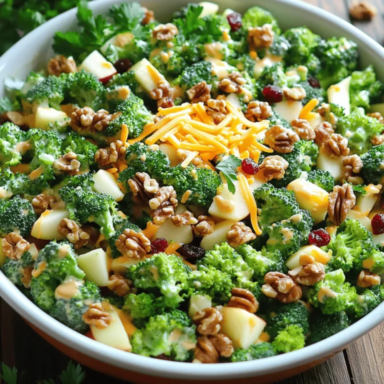 For this salad, you need fresh and vibrant items. Gather the following: - 2 cups fresh broccoli florets - 1 large sweet apple (like Honeycrisp), diced - 1/2 cup walnuts, coarsely chopped - 1/4 cup dried cranberries, sweetened if you like - 1/4 cup shredded cheese, like sharp cheddar These items make the salad creamy and flavorful. You will need: - 1/4 cup plain Greek yogurt - 2 tablespoons mayonnaise - 1 tablespoon honey - 1 tablespoon apple cider vinegar - Salt and freshly cracked black pepper Feel free to mix in extra goodies. Try: - Chopped nuts for crunch - Additional fruits like grapes or raisins - Fresh herbs like parsley or mint for brightness By using these ingredients, you will create a colorful and tasty broccoli apple salad. For the complete recipe, check the [Full Recipe]. Start with fresh broccoli florets. Rinse them under cold water to remove dirt. I like to steam the broccoli. Place it in a steaming basket over boiling water. Steam for about 2-3 minutes. You want it tender but still crisp. This keeps the bright green color. Once done, drain the broccoli. Spread it out on a plate to cool. This step is key for the salad's texture. Now, grab a large mixing bowl. Toss in the diced apple, walnuts, cranberries, and cheese. Use a gentle hand to mix. You want all the flavors to blend well. Each bite should have a good mix. This salad is all about texture and taste. The sweet apple and crunchy walnuts work perfectly together. In a smaller bowl, prepare the dressing. Whisk together the Greek yogurt, mayonnaise, honey, and apple cider vinegar. Add salt and pepper to taste. Taste the dressing and adjust as needed. You want it creamy with a nice tang. Once your dressing is ready, pour it over the salad mixture. Stir gently until everything is well-coated. Let the salad rest for 10-15 minutes. This time allows the flavors to blend nicely. For the full recipe, check out the Crunchy Broccoli Apple Delight Salad. When picking an apple for your salad, sweetness matters. I love using Honeycrisp apples. They are sweet and crisp, adding a nice crunch. Look for apples that feel firm and have vibrant colors. Avoid soft or bruised apples; they won't taste fresh. You can also try Fuji or Gala apples for a different flavor profile. To boost flavor, add a squeeze of lemon juice. This brightens the dish and keeps the apples from browning. You can also mix in different nuts, like pecans or almonds, for a unique crunch. If you want more sweetness, consider adding a bit of dried fruit, such as raisins or apricots. Balance is key, so make sure every bite offers a mix of flavors and textures. When combining your salad, do it gently. Start with the dry ingredients first. Mixing them well ensures even distribution. Then, add the dressing slowly. This way, every piece of broccoli and apple gets coated. Let the salad sit for a few minutes before serving. This time helps the flavors blend together nicely. For the best taste, serve it fresh. For the full recipe, check out the Crunchy Broccoli Apple Delight Salad. {{image_4}} You can swap out the cheese in your broccoli apple salad. Instead of sharp cheddar, try feta for a tangy taste. Goat cheese adds creaminess and depth. If you prefer a milder flavor, mozzarella works well too. Each cheese brings a unique twist, making your salad even more enjoyable. Boost the protein in your salad with easy add-ins. Grilled chicken or turkey is a great choice. You can also use chickpeas for a vegetarian option. For a nutty flavor, add sunflower seeds or pumpkin seeds. Each of these options makes the salad heartier and more filling. Change your ingredients with the seasons for fresh flavors. In spring, add peas or asparagus for a vibrant touch. Summer is perfect for ripe tomatoes or cucumbers. In fall, try adding roasted sweet potatoes for warmth. Winter calls for crunchy carrots or brussels sprouts. These swaps keep your salad exciting all year round. For the full recipe, check out the Crunchy Broccoli Apple Delight Salad. Store your Broccoli Apple Salad in the fridge. Use an airtight container. It keeps fresh for about 3 days. The cooler temperature helps maintain crispness and flavor. To store leftovers, place them in a sealed container. Layer the salad with parchment paper to reduce moisture. This prevents sogginess in the broccoli and apples. When ready to eat, give it a quick toss. This helps revive flavors. I do not recommend freezing the entire salad. The texture of apples and broccoli changes after thawing. However, you can freeze individual ingredients. Chop broccoli and place it in freezer bags. Nuts can also be stored in the freezer for freshness. Be sure to label the bags with the date. This helps you keep track of how long they have been frozen. Yes, you can make Broccoli Apple Salad in advance. It tastes great after sitting for a bit. Just follow the recipe closely. Store it in the fridge for up to a day. The flavors blend well and create a tasty dish. However, add the apples just before serving to keep them fresh. Broccoli is a superfood packed with nutrients. It has vitamins C, K, and A, which help keep you healthy. Eating broccoli can boost your immune system. It also has fiber to help with digestion. The antioxidants in broccoli can lower the risk of some diseases. To keep the apples fresh, use lemon juice. Toss the diced apples in a bit of lemon juice right after cutting them. This stops oxidation, which causes browning. You can also mix the apples into the salad quickly to limit their exposure to air. Enjoy the vibrant colors in your salad! For the full recipe, check out Crunchy Broccoli Apple Delight Salad. This blog post covered all you need for a great Broccoli Apple Salad. We discussed fresh and pantry ingredients, alongside optional extras for taste. Step-by-step instructions made the process easy, from prepping broccoli to making the dressing. You got tips on choosing apples and enhancing flavor. Variations let you explore cheese, protein, and seasonal swaps. Finally, we tackled storage and common questions. Use these ideas to create a fun and tasty salad. You’ll impress everyone at the table!