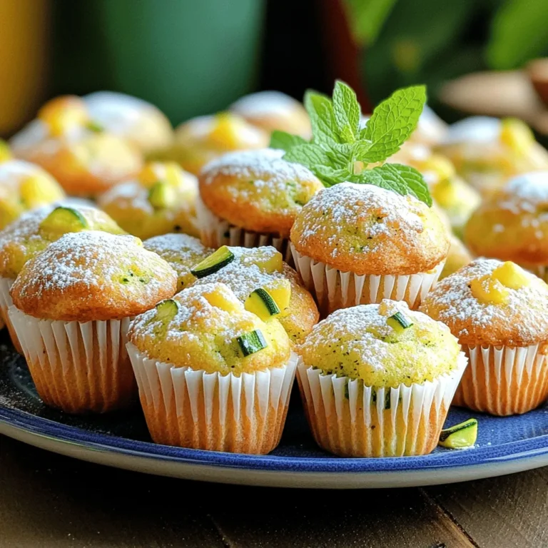 To create the perfect mini zucchini muffins, gather these ingredients: - 2 cups grated zucchini - 1 cup all-purpose flour - 1/2 cup whole wheat flour - 1/2 cup packed brown sugar - 1/4 cup granulated sugar - 1/2 cup unsweetened applesauce - 1/4 cup vegetable oil - 2 large eggs - 1 teaspoon vanilla extract - 1 teaspoon baking powder - 1/2 teaspoon baking soda - 1/2 teaspoon salt - 1 teaspoon ground cinnamon - 1/2 teaspoon nutmeg (optional) - 1/2 cup chopped walnuts or pecans (optional) - 1/2 cup raisins or mini chocolate chips (optional) These ingredients blend together to create moist and flavorful muffins. The grated zucchini gives a nice texture and adds moisture. The mix of flours offers a balance of lightness and heartiness. Brown sugar adds a hint of caramel flavor, while applesauce keeps the muffins tender. You can also add nuts or chocolate for extra fun. For the full recipe, check out the complete instructions. - Preheat oven to 350°F (175°C). - Line or grease a mini muffin tin. - Combine grated zucchini, applesauce, oil, eggs, and vanilla. - Use a whisk or spatula to mix well until smooth. - Whisk together all-purpose flour, whole wheat flour, brown sugar, and granulated sugar. - Add baking powder, baking soda, salt, cinnamon, and nutmeg. - Make sure there are no lumps in the dry mix. - Gradually add dry mixture to wet ingredients. - Fold gently until just combined; a few lumps are okay. - Scoop batter into the prepared muffin tin. - Fill each cup about two-thirds full to allow for rising. - Bake for 15-18 minutes or until a toothpick comes out clean. - Let muffins cool in the pan for about 5 minutes. - Transfer to a wire rack to cool completely. For the complete recipe, check the Full Recipe section. To make the best mini zucchini muffins, avoid over-mixing the batter. Over-mixing makes them dense instead of fluffy. Just mix until wet and dry ingredients combine. You want a few lumps to keep them airy. Also, ensure your zucchini is well-drained. Too much moisture can make your muffins soggy. Use a clean towel to squeeze out excess water. Using quality baking powder is a must for great muffins. It helps them rise and stay fluffy. Check the date on your baking powder to ensure freshness. Temperature consistency in the oven is also key. Preheat your oven to 350°F (175°C) and avoid opening the door while baking. This keeps the heat steady, ensuring even cooking. When your muffins are done, place them on a vibrant platter. This adds color and makes them look inviting. You can add optional garnishes for a special touch. Consider a sprig of fresh mint or a light dusting of powdered sugar. These little details make a big difference in how your muffins are enjoyed. {{image_4}} You can easily make these muffins gluten-free. Just swap out the all-purpose flour. Use a gluten-free flour blend instead. This change keeps the texture light and fluffy. Always check that your blend works for baking. If you want a vegan version, it's simple! Replace the eggs with flax eggs or applesauce. To make a flax egg, mix one tablespoon of flaxseed meal with three tablespoons of water. Let it sit for a few minutes to thicken. You can also use 1/4 cup of applesauce to replace one egg. Feel free to get creative with mix-ins! Add dried fruit like cranberries or apricots for a sweet twist. You can also include spices like ginger or cardamom for warmth. Nuts like walnuts or pecans add crunch. Mini chocolate chips offer a fun surprise in each bite. Explore these options to customize your muffins to your taste! For the full recipe, check the earlier section. Store your mini zucchini muffins in an airtight container. This helps keep them fresh. You can keep them at room temperature for up to three days. If you want to enjoy them longer, follow the freezing instructions below. To freeze your muffins, wrap each one in plastic wrap. This keeps them from getting freezer burn. You can freeze muffins individually for a longer shelf life. When you're ready to eat them, simply thaw before serving. They will taste just as good as fresh! To check if the muffins are done, insert a toothpick into the center of one. If it comes out clean or with a few moist crumbs, they're ready. This simple test ensures you bake them just right, keeping the muffins fluffy and moist. Yes! You can use shredded carrots or squash. These add their own flavor and nutrients. Feel free to experiment with different veggies for a fun twist on the recipe. Each option brings a unique taste, making your muffins even more exciting. Zucchini is low in calories but high in water content. It adds moisture to your muffins without extra fat. Plus, it contains vitamins and minerals that boost nutrition. Using zucchini helps you create a healthier snack that still tastes great. The recipe makes 24 mini muffins. This is perfect for sharing at gatherings or for meal prep. You can easily grab a muffin for a quick snack throughout the week. It's best to bake fresh muffins for the best texture. However, you can prepare the dry mix ahead. Store it in an airtight container. When you're ready, just mix it with the wet ingredients for a quick bake. These muffins taste great with cream cheese or butter. Both options add flavor and richness. You can also enjoy them plain for a healthier snack. They are perfect for breakfast, lunch, or any time you need a tasty bite. These mini zucchini muffins are simple and fun to make. You learned how to mix wet and dry ingredients, bake them perfectly, and store them wisely. With all the tips and variations, you can make them just as you like. Enjoy experimenting with flavors and share these tasty treats with family and friends. Trust me, they will love them! Now, get your ingredients and start baking your delicious batch today.