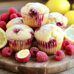 - 1 cup fresh raspberries, rinsed and patted dry - 1 cup all-purpose flour - 1/2 cup whole wheat flour - 1/2 cup granulated sugar - 1/4 cup brown sugar, firmly packed - 2 teaspoons baking powder - 1/2 teaspoon baking soda - 1/2 teaspoon salt - 1/2 cup unsalted butter, melted and cooled to room temperature - 2 large eggs - 1/2 cup milk (dairy or your choice of non-dairy alternative) - Zest from 1 lemon - 2 tablespoons freshly squeezed lemon juice - 1 teaspoon pure vanilla extract - 1/4 cup powdered sugar, for dusting - Muffin tin and liners - Mixing bowls and utensils - Oven and cooling rack When making raspberry lemon muffins, use fresh raspberries for the best taste. The mix of all-purpose and whole wheat flours gives a nice texture. Combining both granulated and brown sugars adds depth to the flavor. I love using melted butter for richness, and the eggs help the muffins rise. The zesty lemon juice and zest brighten the flavor! For optional sweetness, a dusting of powdered sugar adds a lovely finish. You can use cupcake liners or grease the muffin tin to prevent sticking. Having a cooling rack is key to letting the muffins cool evenly after baking. Remember, these little details make a big difference in your baking success. For the full recipe, see Raspberry Lemon Bliss Muffins. - Preheat Oven: 400°F (200°C) - Prepare Muffin Tin: Lining with Paper Liners or Greasing Start by preheating your oven to 400°F (200°C). This step warms up the oven for even baking. Next, prepare your muffin tin. You can line it with paper liners or lightly grease it with non-stick spray. This helps the muffins release easily after baking. - Combining Flour, Sugars, and Baking Agents - Whisk Until Lump-Free In a large mixing bowl, combine the all-purpose flour, whole wheat flour, granulated sugar, brown sugar, baking powder, baking soda, and salt. This mix gives your muffins great texture and flavor. Use a whisk to blend the dry ingredients until they're lump-free. This ensures even baking and helps the muffins rise. - Melt and Cool Butter - Combine Eggs, Milk, Lemon, and Vanilla In a separate bowl, melt the butter. You can do this in the microwave or on the stovetop. Let it cool for a few minutes before mixing. Add the eggs, milk, lemon zest, lemon juice, and vanilla extract to the butter. Whisk these wet ingredients together until smooth and combined. This mixture brings moisture and flavor to the muffins. - Gently Fold Wet Ingredients into Dry - Carefully Stir in Raspberries Now, pour the wet mixture into the bowl with the dry ingredients. Gently fold the wet ingredients into the dry. Be careful not to overmix; some lumps are okay. This keeps your muffins light and fluffy. Next, carefully stir in the fresh raspberries. This adds fruity flavor and a pop of color. - Fill Muffin Cups Two-Thirds Full - Bake for 18-22 Minutes Use a spoon or an ice cream scoop to fill each muffin cup about two-thirds full. This gives the muffins space to rise. Bake them in the preheated oven for 18-22 minutes. Check for doneness by inserting a toothpick into the center of a muffin. If it comes out clean, they are ready. - Cooling in Muffin Tin - Transferring to Wire Rack Once baked, remove the muffins from the oven and let them cool in the tin for about 5 minutes. This helps them set. Afterward, gently remove the muffins and place them on a wire rack to cool completely. This step prevents sogginess and keeps them fresh. For a sweet touch, you can lightly dust them with powdered sugar if you like. For the full recipe, check the details provided above. Enjoy your delightful Raspberry Lemon Muffins! - Avoid Overmixing the Batter: Mix until just blended. This keeps the muffins light and fluffy. If you see lumps, that's okay! Overmixing makes them dense. - Checking for Doneness: Use a toothpick. Insert it into the center of a muffin. If it comes out clean, they are ready. Check at 18 minutes to avoid overbaking. - Presentation Ideas: Plate the muffins on a nice serving platter. Add fresh raspberries and lemon slices around them. This adds color and makes your dish pop. - Pairing with Beverages: These muffins pair well with tea or lemonade. The tartness of lemon enhances the sweet raspberries. Enjoy with a cup of your favorite drink. - Adding Spices or Extracts: Try adding a pinch of cinnamon or nutmeg. They give a warm flavor that complements the fruit. You can also use almond extract for a unique twist. - Variations for Texture: Mix in some chopped nuts or oats. This adds crunch and makes the muffins more filling. You can also fold in some coconut flakes for a tropical touch. Feel free to explore these tips and tricks to make your raspberry lemon muffins even better! For the complete recipe, refer to the Full Recipe section above. {{image_4}} You can easily swap raspberries for other berries. Blueberries, blackberries, or strawberries work well. Each berry adds a unique flavor. You can also mix different berries for a fun twist. This will bring new colors and tastes to your muffins. Adding citrus zest can brighten your muffins. Try using lime or orange zest along with the lemon. It enhances the flavor and adds freshness. Just a bit of zest can change the whole taste! Whole wheat flour is a great substitute for all-purpose flour. It adds fiber and nutrients. If you want gluten-free muffins, use almond flour or oat flour instead. Both are tasty and keep the muffins soft. You can also reduce the sugar in your muffins. Try using half the amount or using honey. Natural sweeteners like maple syrup also work well. This way, you can enjoy a sweeter treat with fewer calories. Mix in nuts or seeds for added texture. Chopped walnuts or sunflower seeds give a nice crunch. You can also add chocolate chips for a sweet surprise. Each bite will be more enjoyable! Coconut or oats can change the flavor, too. Shredded coconut adds a tropical twist. Rolled oats make the muffins heartier. Don't be afraid to experiment with your favorite mix-ins! To keep your raspberry lemon muffins fresh, store them at room temperature. Place them in an airtight container. This will help maintain their moisture and flavor for about three days. If you want to keep them longer, you can refrigerate them. Wrap each muffin in plastic wrap before placing them in a container. This helps prevent them from drying out. In the fridge, they will last about one week. Freezing muffins is an easy way to enjoy them later. To freeze, let the muffins cool completely. Then, wrap each one in plastic wrap. Place the wrapped muffins in a freezer bag or a container. Try to squeeze out as much air as possible. For the best quality, eat them within three months. When you're ready to enjoy them, thaw them overnight in the fridge or at room temperature for a few hours. You can reheat muffins in two main ways: the oven or the microwave. For the oven, preheat to 350°F (175°C). Place muffins on a baking sheet for about 10-15 minutes. In the microwave, heat each muffin for about 15-20 seconds. If you want to keep the texture, wrap the muffin in a damp paper towel when microwaving. This will help prevent them from getting too dry. Enjoy your warm muffins fresh out of the oven or microwave! How do I prevent muffins from sticking to the liners? To stop muffins from sticking, use high-quality paper liners. Lightly grease the liners with cooking spray. Make sure to let the muffins cool for a few minutes before removing them. This helps them release easily. What can I substitute for eggs in this recipe? You can use applesauce, mashed bananas, or flaxseed meal mixed with water as egg substitutes. For one egg, use 1/4 cup applesauce or 1/2 banana. If using flaxseed, mix 1 tablespoon with 2.5 tablespoons of water. Let it sit for a few minutes to thicken. Can I use frozen raspberries instead of fresh? Yes, frozen raspberries work well! Just make sure to thaw and drain them first. This helps avoid extra moisture in the batter. Gently fold them in to keep them whole. How can I make these muffins dairy-free? To make these muffins dairy-free, substitute unsalted butter with coconut oil or a plant-based butter. For milk, use almond milk, oat milk, or any non-dairy alternative. These swaps will keep the muffins moist and tasty. What is the best way to know when muffins are baked? The best test is using a toothpick. Insert it into the center of a muffin. If it comes out clean or with a few crumbs, the muffins are done. If it has wet batter, bake a few more minutes. Can I double the recipe for a larger batch? Absolutely! You can double the ingredients to make more muffins. Just be sure to adjust your baking time slightly. Keep an eye on them as they bake, since larger batches may need a few extra minutes. For the complete list of ingredients and detailed steps, check out the full recipe for Raspberry Lemon Bliss Muffins. Making Raspberry Lemon Bliss Muffins is simple and fun. You learned about key ingredients, equipment, and step-by-step instructions. Mixing wet and dry ingredients creates a tasty batter. I shared tips for baking, serving, and storing. You can even explore variations to suit your taste. Remember, baking is about experimenting and enjoying the process. These muffins can fit any occasion. Try new flavors and make them your own. Your kitchen adventure awaits! Enjoy your baking!