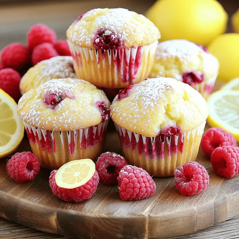 - 1 cup fresh raspberries, rinsed and patted dry - 1 cup all-purpose flour - 1/2 cup whole wheat flour - 1/2 cup granulated sugar - 1/4 cup brown sugar, firmly packed - 2 teaspoons baking powder - 1/2 teaspoon baking soda - 1/2 teaspoon salt - 1/2 cup unsalted butter, melted and cooled to room temperature - 2 large eggs - 1/2 cup milk (dairy or your choice of non-dairy alternative) - Zest from 1 lemon - 2 tablespoons freshly squeezed lemon juice - 1 teaspoon pure vanilla extract - 1/4 cup powdered sugar, for dusting - Muffin tin and liners - Mixing bowls and utensils - Oven and cooling rack When making raspberry lemon muffins, use fresh raspberries for the best taste. The mix of all-purpose and whole wheat flours gives a nice texture. Combining both granulated and brown sugars adds depth to the flavor. I love using melted butter for richness, and the eggs help the muffins rise. The zesty lemon juice and zest brighten the flavor! For optional sweetness, a dusting of powdered sugar adds a lovely finish. You can use cupcake liners or grease the muffin tin to prevent sticking. Having a cooling rack is key to letting the muffins cool evenly after baking. Remember, these little details make a big difference in your baking success. For the full recipe, see Raspberry Lemon Bliss Muffins. - Preheat Oven: 400°F (200°C) - Prepare Muffin Tin: Lining with Paper Liners or Greasing Start by preheating your oven to 400°F (200°C). This step warms up the oven for even baking. Next, prepare your muffin tin. You can line it with paper liners or lightly grease it with non-stick spray. This helps the muffins release easily after baking. - Combining Flour, Sugars, and Baking Agents - Whisk Until Lump-Free In a large mixing bowl, combine the all-purpose flour, whole wheat flour, granulated sugar, brown sugar, baking powder, baking soda, and salt. This mix gives your muffins great texture and flavor. Use a whisk to blend the dry ingredients until they're lump-free. This ensures even baking and helps the muffins rise. - Melt and Cool Butter - Combine Eggs, Milk, Lemon, and Vanilla In a separate bowl, melt the butter. You can do this in the microwave or on the stovetop. Let it cool for a few minutes before mixing. Add the eggs, milk, lemon zest, lemon juice, and vanilla extract to the butter. Whisk these wet ingredients together until smooth and combined. This mixture brings moisture and flavor to the muffins. - Gently Fold Wet Ingredients into Dry - Carefully Stir in Raspberries Now, pour the wet mixture into the bowl with the dry ingredients. Gently fold the wet ingredients into the dry. Be careful not to overmix; some lumps are okay. This keeps your muffins light and fluffy. Next, carefully stir in the fresh raspberries. This adds fruity flavor and a pop of color. - Fill Muffin Cups Two-Thirds Full - Bake for 18-22 Minutes Use a spoon or an ice cream scoop to fill each muffin cup about two-thirds full. This gives the muffins space to rise. Bake them in the preheated oven for 18-22 minutes. Check for doneness by inserting a toothpick into the center of a muffin. If it comes out clean, they are ready. - Cooling in Muffin Tin - Transferring to Wire Rack Once baked, remove the muffins from the oven and let them cool in the tin for about 5 minutes. This helps them set. Afterward, gently remove the muffins and place them on a wire rack to cool completely. This step prevents sogginess and keeps them fresh. For a sweet touch, you can lightly dust them with powdered sugar if you like. For the full recipe, check the details provided above. Enjoy your delightful Raspberry Lemon Muffins! - Avoid Overmixing the Batter: Mix until just blended. This keeps the muffins light and fluffy. If you see lumps, that's okay! Overmixing makes them dense. - Checking for Doneness: Use a toothpick. Insert it into the center of a muffin. If it comes out clean, they are ready. Check at 18 minutes to avoid overbaking. - Presentation Ideas: Plate the muffins on a nice serving platter. Add fresh raspberries and lemon slices around them. This adds color and makes your dish pop. - Pairing with Beverages: These muffins pair well with tea or lemonade. The tartness of lemon enhances the sweet raspberries. Enjoy with a cup of your favorite drink. - Adding Spices or Extracts: Try adding a pinch of cinnamon or nutmeg. They give a warm flavor that complements the fruit. You can also use almond extract for a unique twist. - Variations for Texture: Mix in some chopped nuts or oats. This adds crunch and makes the muffins more filling. You can also fold in some coconut flakes for a tropical touch. Feel free to explore these tips and tricks to make your raspberry lemon muffins even better! For the complete recipe, refer to the Full Recipe section above. {{image_4}} You can easily swap raspberries for other berries. Blueberries, blackberries, or strawberries work well. Each berry adds a unique flavor. You can also mix different berries for a fun twist. This will bring new colors and tastes to your muffins. Adding citrus zest can brighten your muffins. Try using lime or orange zest along with the lemon. It enhances the flavor and adds freshness. Just a bit of zest can change the whole taste! Whole wheat flour is a great substitute for all-purpose flour. It adds fiber and nutrients. If you want gluten-free muffins, use almond flour or oat flour instead. Both are tasty and keep the muffins soft. You can also reduce the sugar in your muffins. Try using half the amount or using honey. Natural sweeteners like maple syrup also work well. This way, you can enjoy a sweeter treat with fewer calories. Mix in nuts or seeds for added texture. Chopped walnuts or sunflower seeds give a nice crunch. You can also add chocolate chips for a sweet surprise. Each bite will be more enjoyable! Coconut or oats can change the flavor, too. Shredded coconut adds a tropical twist. Rolled oats make the muffins heartier. Don't be afraid to experiment with your favorite mix-ins! To keep your raspberry lemon muffins fresh, store them at room temperature. Place them in an airtight container. This will help maintain their moisture and flavor for about three days. If you want to keep them longer, you can refrigerate them. Wrap each muffin in plastic wrap before placing them in a container. This helps prevent them from drying out. In the fridge, they will last about one week. Freezing muffins is an easy way to enjoy them later. To freeze, let the muffins cool completely. Then, wrap each one in plastic wrap. Place the wrapped muffins in a freezer bag or a container. Try to squeeze out as much air as possible. For the best quality, eat them within three months. When you're ready to enjoy them, thaw them overnight in the fridge or at room temperature for a few hours. You can reheat muffins in two main ways: the oven or the microwave. For the oven, preheat to 350°F (175°C). Place muffins on a baking sheet for about 10-15 minutes. In the microwave, heat each muffin for about 15-20 seconds. If you want to keep the texture, wrap the muffin in a damp paper towel when microwaving. This will help prevent them from getting too dry. Enjoy your warm muffins fresh out of the oven or microwave! How do I prevent muffins from sticking to the liners? To stop muffins from sticking, use high-quality paper liners. Lightly grease the liners with cooking spray. Make sure to let the muffins cool for a few minutes before removing them. This helps them release easily. What can I substitute for eggs in this recipe? You can use applesauce, mashed bananas, or flaxseed meal mixed with water as egg substitutes. For one egg, use 1/4 cup applesauce or 1/2 banana. If using flaxseed, mix 1 tablespoon with 2.5 tablespoons of water. Let it sit for a few minutes to thicken. Can I use frozen raspberries instead of fresh? Yes, frozen raspberries work well! Just make sure to thaw and drain them first. This helps avoid extra moisture in the batter. Gently fold them in to keep them whole. How can I make these muffins dairy-free? To make these muffins dairy-free, substitute unsalted butter with coconut oil or a plant-based butter. For milk, use almond milk, oat milk, or any non-dairy alternative. These swaps will keep the muffins moist and tasty. What is the best way to know when muffins are baked? The best test is using a toothpick. Insert it into the center of a muffin. If it comes out clean or with a few crumbs, the muffins are done. If it has wet batter, bake a few more minutes. Can I double the recipe for a larger batch? Absolutely! You can double the ingredients to make more muffins. Just be sure to adjust your baking time slightly. Keep an eye on them as they bake, since larger batches may need a few extra minutes. For the complete list of ingredients and detailed steps, check out the full recipe for Raspberry Lemon Bliss Muffins. Making Raspberry Lemon Bliss Muffins is simple and fun. You learned about key ingredients, equipment, and step-by-step instructions. Mixing wet and dry ingredients creates a tasty batter. I shared tips for baking, serving, and storing. You can even explore variations to suit your taste. Remember, baking is about experimenting and enjoying the process. These muffins can fit any occasion. Try new flavors and make them your own. Your kitchen adventure awaits! Enjoy your baking!