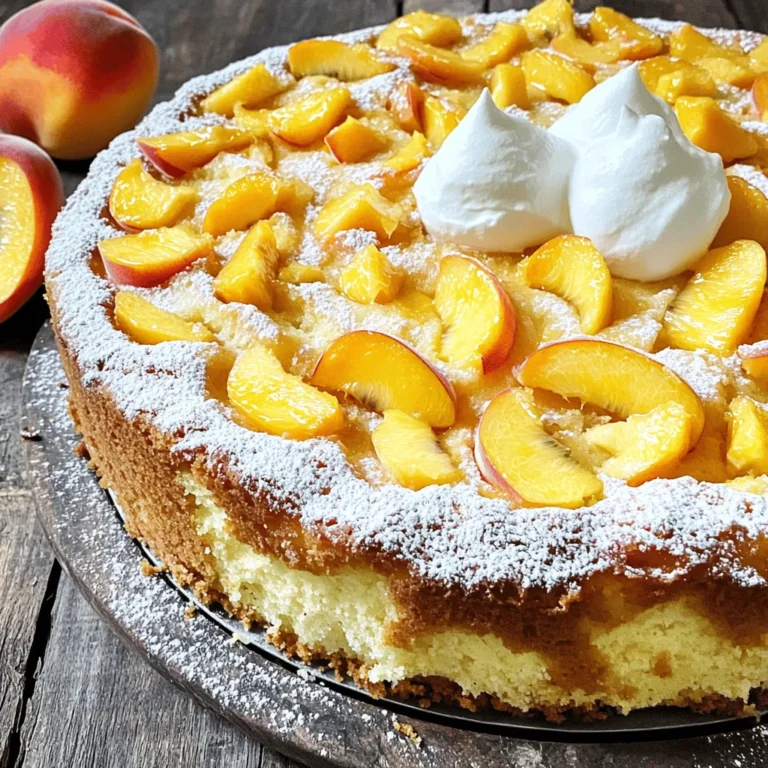 - 1 cup plain yogurt (Greek or regular) - 2 ripe peaches, peeled and chopped into bite-sized pieces - 1 cup all-purpose flour The main ingredients bring out a soft texture and fruity taste. Plain yogurt adds moisture and tang. Fresh peaches give the cake sweetness and brightness. All-purpose flour forms the base, making it light yet sturdy. - Powdered sugar for dusting - Whipped cream for serving You can use powdered sugar to add a sweet touch. It looks pretty and enhances the flavor. Whipped cream makes a delightful topping. It complements the peaches and yogurt perfectly. - Mixing bowls - 9-inch round cake pan - Whisk and spatula Gather these tools before starting. Mixing bowls help to combine the ingredients well. A 9-inch round cake pan ensures even baking. A whisk and spatula make mixing smooth and easy. Having everything ready will make your baking fun and simple. You can find the Full Recipe for step-by-step guidance on how to create this delicious cake. - Start by preheating your oven to 350°F (175°C). - Grease a 9-inch round cake pan with cooking spray or butter. You can also line it with parchment paper for easy removal. - In a large bowl, combine 1 cup of plain yogurt, 1/2 cup of granulated sugar, and 1/2 cup of vegetable oil. Whisk until smooth. - Next, add 2 large eggs, 1 teaspoon of vanilla extract, and the zest of 1 lemon. Mix until well blended. - In a separate bowl, whisk together 1 cup of all-purpose flour, 1 teaspoon of baking powder, 1/2 teaspoon of baking soda, and 1/4 teaspoon of salt. - Gradually fold the dry mixture into the wet ingredients using a spatula. Mix until just combined; be careful not to overmix. - Gently fold in 2 ripe peaches, peeled and chopped into bite-sized pieces. Make sure they are evenly distributed. - Pour the batter into the prepared cake pan. Use a spatula to smooth the top. - Bake for 30-35 minutes. Check for doneness by inserting a toothpick into the center. It should come out clean. Enjoy this delightful Peach Yogurt Cake! For the complete recipe, check the Full Recipe section. To get the best texture in your peach yogurt cake, avoid overmixing the batter. When you mix too much, the cake can turn out tough. Mix until the ingredients just come together. This keeps the cake light and fluffy. Using room temperature ingredients is also crucial. When your yogurt and eggs are at room temperature, they mix better. This helps create a smooth batter and a more even bake. To check if your cake is done, use a toothpick. Insert it into the center of the cake. If it comes out clean, your cake is ready. If it has wet batter on it, give it a few more minutes. Oven temperatures can vary. Some ovens run hot or cold. If your oven runs hot, check the cake a bit early. If it runs cool, you may need to bake it longer. Keep an eye on it to avoid burning. For serving, consider pairing the cake with toppings. Fresh whipped cream and peach slices make a lovely addition. You can also add a sprinkle of powdered sugar for extra sweetness. This cake is perfect for many occasions. Serve it at birthday parties, picnics, or family gatherings. It’s a delightful treat that everyone will enjoy! {{image_4}} You can tweak the flavor of your peach yogurt cake in fun ways. Adding spices like cinnamon or nutmeg gives the cake warmth. These spices pair well with peaches. You can also try different fruits. Berries or apples can create a new twist. Each fruit adds its own lovely flavor. If you need gluten-free options, use almond flour or gluten-free flour blends. Both will work well in this cake. For vegan substitutions, replace the yogurt with a plant-based option. You can use almond or coconut yogurt. Substitute the eggs with flaxseed meal mixed with water for binding. Frosting can elevate your cake. Cream cheese frosting adds a rich taste. It complements the peach flavors nicely. If you want something lighter, try fruit compote. A fresh peach or berry compote can add a sweet touch. Both options make your cake look and taste amazing. For the full recipe, check out the Peach Paradise Yogurt Cake. To keep your Peach Yogurt Cake fresh, place it in the fridge. Use an airtight container to seal it well. This will help avoid any drying out. The cake stays good for about 3 to 4 days. If you want it to last longer, consider freezing it. For freezing, wrap the cake tightly in plastic wrap. You can also use aluminum foil for an extra layer. Make sure to remove as much air as possible. This prevents freezer burn. When you are ready to enjoy it, thaw the cake in the fridge overnight. It will taste fresh when you serve it. To reheat slices, use the microwave for a quick option. Heat each slice for about 10 to 15 seconds. Alternatively, warm it in the oven at 350°F for about 5 to 10 minutes. This keeps the cake moist and soft. Enjoy your Peach Yogurt Cake just as delightful as when it was fresh. I recommend using plain yogurt, either Greek or regular. Greek yogurt is thick and creamy. It adds a rich texture to the cake. Regular yogurt is lighter and has a bit more moisture. Both options work well. If you want a denser cake, choose Greek yogurt. For a lighter cake, go with regular yogurt. Yes, you can use frozen peaches. Just make sure to thaw and drain them first. This prevents extra moisture in the batter. Cut the thawed peaches into small pieces. You can also dust them with flour before adding them to the batter. This helps them stay suspended in the cake while baking. To check if the cake is done, insert a toothpick into the center. If it comes out clean, the cake is ready. You can also look for a golden-brown color on the top. The edges should slightly pull away from the pan. A gentle press on the top should spring back. Yes, you can make this cake ahead of time. It stays fresh for a few days at room temperature. If you want to store it longer, place it in the fridge. You can also freeze the cake for up to a month. Just make sure it's wrapped tightly. Thaw it in the fridge before serving. For the full recipe, check out the Peach Paradise Yogurt Cake. This blog post covered how to make a delicious peach yogurt cake. You learned about key ingredients like yogurt and peaches. I shared step-by-step instructions and tips to get the best texture. We explored different flavor variations and ways to store your cake. Making this recipe can bring joy to any occasion. Try it out and enjoy every bite!