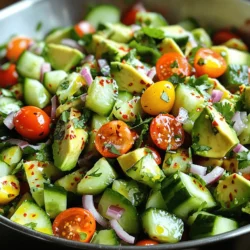 To make Avocado Cucumber Salad, gather these fresh items: - 2 ripe avocados, diced into bite-sized pieces - 1 large cucumber, peeled and diced - 1 cup cherry tomatoes, halved for a burst of sweetness - 1/4 red onion, thinly sliced for a mild crunch - 1/4 cup fresh cilantro, finely chopped for a fragrant touch - 2 tablespoons freshly squeezed lime juice to brighten the flavors - 1 tablespoon extra virgin olive oil for richness - Salt and pepper to taste - 1/4 teaspoon chili flakes (optional, for a hint of heat) Each ingredient plays a key role in taste and texture. If you can’t find ripe avocados, use slightly under-ripe ones. They will soften as they mix with the other flavors. For cucumbers, you can swap in a seedless variety if you prefer. Cherry tomatoes add sweetness, but you can use regular tomatoes if needed. If you don’t have red onion, yellow or white onions work too. Fresh cilantro adds a unique flavor, but parsley can be a good substitute for those who dislike cilantro. Lime juice is crucial, but lemon juice can work in a pinch. This salad is not just tasty; it's healthy too. - Avocados provide healthy fats that support heart health. They also have fiber, which aids digestion. - Cucumbers are low in calories and high in water. They keep you hydrated and refreshed. - Cherry tomatoes are rich in vitamins A and C. They boost your immune system. - Red onions contain antioxidants and can help reduce inflammation. - Cilantro has anti-inflammatory properties and is rich in vitamins. - Lime juice adds vitamin C and helps with iron absorption. With these ingredients, you create a salad that’s as healthy as it is delicious. For the full recipe, check the recipe section above. To start, gather your fresh ingredients. You will need: - 2 ripe avocados, diced into bite-sized pieces - 1 large cucumber, peeled and diced - 1 cup cherry tomatoes, halved - 1/4 red onion, thinly sliced - 1/4 cup fresh cilantro, finely chopped - 2 tablespoons freshly squeezed lime juice - 1 tablespoon extra virgin olive oil - Salt and pepper to taste - 1/4 teaspoon chili flakes (optional) Begin by adding the diced avocados and cucumber to a large mixing bowl. Be gentle to keep the avocados intact. Next, add the halved cherry tomatoes and the sliced red onion. These add color and crunch. Sprinkle the chopped cilantro over the mixture. It brings a fresh aroma. In a separate bowl, mix the lime juice, olive oil, salt, and pepper. If you like a bit of heat, add the chili flakes. Whisk until combined. Drizzle this dressing over the salad. Use a large spoon to toss everything together gently. Make sure all the ingredients get coated in the dressing. Taste the salad and adjust the seasoning if needed. You might want to add more salt or lime juice for extra flavor. For the best taste, serve it right away. If you prefer, chill it in the fridge for 15-20 minutes. This helps the flavors blend nicely. When serving, choose colorful bowls to make the dish pop. Garnish with extra cilantro leaves and a lime wedge on the side. This adds a vibrant look. You can enjoy this salad as a side or a light main dish. It pairs well with grilled chicken or fish. For the complete recipe, refer to the Full Recipe section. Enjoy creating this fresh and flavorful delight! To pick the best avocados, feel for softness. Gently press the fruit. If it yields slightly, it's ripe. A ripe avocado should also have a dark green skin. Avoid fruit with large dents or dark spots. These signs mean the avocado may be overripe. If you find hard avocados, leave them at room temperature for a few days. Once ripe, you can store them in the fridge to slow down ripening. One common mistake is cutting avocados too early. Always wait until they are ripe to cut them. This ensures great flavor and texture. Another mistake is mashing the avocados too much. You want them in bite-sized pieces for a nice crunch. Also, avoid using too much salt. Start with a little and add more if needed. This keeps your salad fresh and flavorful. To improve your salad, try adding fresh herbs. Basil or mint can add a unique twist. Fresh lime juice not only brightens flavors but also keeps avocados from browning. For crunch, add nuts or seeds. Toasted sunflower seeds or chopped walnuts work well. If you like heat, chili flakes or diced jalapeños can add a kick. Lastly, serve the salad cold for the best taste. You can find the full recipe for this delicious dish [Full Recipe]. {{image_4}} You can easily boost the protein in your avocado cucumber salad. Grilled chicken or shrimp adds a nice flavor and texture. Try adding canned chickpeas for a plant-based option. Tofu is another great choice; just cube it and toss it in. These options make the salad heartier and more filling. While lime juice and olive oil work well, feel free to try other dressings. A yogurt-based dressing adds creaminess and tang. You can also mix balsamic vinegar with honey for a sweet twist. Experimenting with different dressings keeps your salad fresh and exciting. Using seasonal ingredients can change the salad's taste profile. In summer, add sweet corn or diced bell peppers for crunch. In fall, consider adding roasted butternut squash for a warm flavor. Seasonal swaps not only enhance taste but also showcase fresh produce. For the full recipe, check out the detailed instructions above! To keep your avocado cucumber salad fresh, store it in an airtight container. This helps to prevent air from getting in and causing browning. Place the salad in the fridge right after you serve it. If you have leftovers, consume them within two days for the best taste. To keep your ingredients fresh, store avocados at room temperature until they ripen. Once ripe, you can keep them in the fridge. Cucumbers last longer in the fridge, wrapped in a paper towel to absorb moisture. Always wash your vegetables before cutting them to remove dirt and bacteria. Look for signs of spoilage in your salad. If the avocados turn brown, they are past their prime. Also, check for a sour smell or slimy texture. If you notice these changes, it’s best to toss the salad to avoid any health risks. For the best taste, enjoy your avocado cucumber salad as soon as possible after making it. You can serve this salad with grilled chicken or fish for a tasty meal. It pairs well with a light soup, like tomato basil. Try it with whole-grain bread for a filling lunch. You can even serve it as a side dish at your next barbecue! Yes, you can prepare the salad ahead of time. However, for the best taste, add the dressing just before serving. If you mix it too early, the avocados may turn brown. To keep it fresh, store the salad in the fridge for up to 2 hours without the dressing. Absolutely! This salad is packed with healthy fats from avocados. Cucumbers add hydration and crunch. Tomatoes provide vitamins and antioxidants. Each bite is not only delicious but also good for your body. Enjoy this salad guilt-free! Some ask if they can swap ingredients. You can replace cilantro with parsley if you dislike it. Others wonder about spice levels. Add more chili flakes for extra heat or skip them altogether. Feel free to adjust the recipe to suit your taste! This article covered all you need for a tasty avocado cucumber salad. We discussed ingredients, steps, tips, and storage. You learned how to choose ripe avocados, avoid mistakes, and enhance flavors. Remember to try different proteins and dressings for variety. Making this salad is easy and fun. Enjoy fresh, healthy meals that make you feel great!