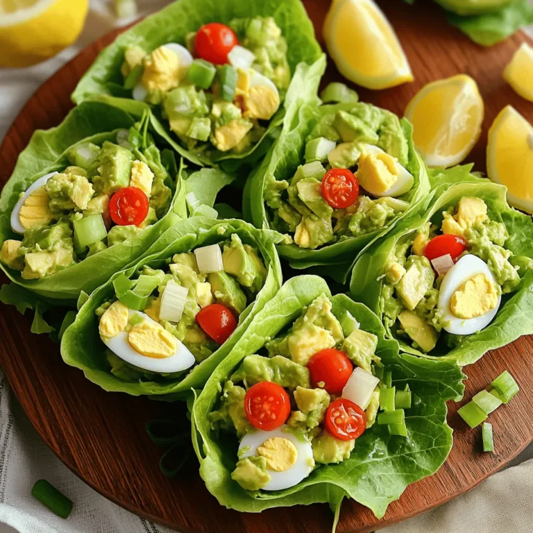 - 4 hard-boiled eggs, finely chopped - 1 ripe avocado, thoroughly mashed - 2 tablespoons Greek yogurt (or mayonnaise for a creamier texture) - 1 tablespoon Dijon mustard for a tangy flavor - 1 tablespoon fresh lemon juice to enhance freshness - 2 green onions, finely sliced - 1/4 teaspoon garlic powder for a hint of warmth - Salt and freshly cracked pepper to taste - 8 large lettuce leaves (romaine or butter lettuce, for a crisp wrap) I love using fresh ingredients for my avocado egg salad. The hard-boiled eggs give it protein. The avocado makes it creamy and rich. Greek yogurt adds a nice tang, but you can use mayonnaise if you prefer. Dijon mustard gives a punch of flavor, while lemon juice keeps it bright and fresh. Green onions add crunch and color. Garlic powder brings warmth without overpowering. Don't forget salt and pepper to make it pop. You can use any large lettuce leaves, but I prefer romaine or butter lettuce for a crisp bite. - Diced cherry tomatoes for added flavor and color If you want an extra touch, add some diced cherry tomatoes. They not only brighten the dish but also give a burst of flavor. It’s a simple way to make your wraps look even more appealing. Start by boiling 4 eggs. Once they are hard-boiled, cool them down and chop them finely. Next, grab 1 ripe avocado. Cut it open and scoop out the flesh. Mash it well with a fork until it’s smooth and creamy. Now, take 8 large lettuce leaves, like romaine or butter lettuce. Rinse them under cool water to clean them and then dry them with a clean towel. In a medium bowl, combine the finely chopped eggs and the mashed avocado. Mix them gently to keep some texture. Next, add 2 tablespoons of Greek yogurt or mayonnaise for creaminess. Then, mix in 1 tablespoon of Dijon mustard and 1 tablespoon of fresh lemon juice. These will add tang and freshness to your salad! Finally, sprinkle in 2 finely sliced green onions, 1/4 teaspoon of garlic powder, and season with salt and pepper to taste. Stir everything until well combined. Now it’s time to fill the lettuce leaves! Spoon the avocado egg salad mixture into each leaf. Be careful not to overstuff them; you want to fold them easily. For an extra pop of flavor, you can top the filling with diced cherry tomatoes if you like. Wrap each lettuce leaf around the filling like a taco. Serve them right away to enjoy the best taste and crunch! For the full recipe, check out the detailed instructions above. To get the best texture in your egg salad, mash the avocado well but leave some chunks. This gives it a nice bite. For the eggs, chop them finely. You want a mix of smooth avocado and small egg bits. This balance makes each bite satisfying. When it comes to seasoning, taste as you go. Start with a pinch of salt and a dash of pepper. If you want more flavor, add more Dijon mustard or lemon juice. You can also try adding fresh herbs like dill or cilantro for a new twist. Adjust the flavors until they dance on your palate. For a lovely presentation, use a colorful platter. Arrange the filled lettuce wraps in a circle, and place diced cherry tomatoes around them. This pop of color makes your dish look fresh and inviting. You can also add lemon wedges on the side. Guests can squeeze them over the wraps for a zesty kick. As for sides, consider serving fresh veggie sticks or a light salad. They add crunch and balance to the meal. You could also serve a light soup, like tomato basil, for a warm option. This way, you create a delightful meal that everyone will enjoy. {{image_4}} If you want a vegan twist, you can swap out the eggs. Use chickpeas instead. Mash them up like you would the avocado. For creaminess, use plant-based yogurt or silken tofu. These substitutes add great texture and flavor. To enhance taste, mix in some nutritional yeast or a touch of lemon zest. These ingredients add a cheesy flavor without dairy. You can also sprinkle in some smoked paprika for a nice kick. Feel free to switch up the ingredients based on your needs. If you prefer, use a different leafy green, like kale or collard greens, for your wraps. If you need a low-carb option, use cucumber slices instead of lettuce. You can also add herbs like dill or cilantro for fresh flavor. For heat, try a pinch of cayenne or a dash of hot sauce. These swaps keep the dish exciting and tailored to your taste. For the complete recipe, check out the Full Recipe. To keep your avocado egg salad fresh, use an airtight container. Glass containers work well as they don’t stain or absorb odors. You can also use plastic containers if they are clean and have tight lids. Store the salad in the fridge immediately after serving to keep it cool. To maintain taste, press plastic wrap directly onto the surface of the salad before sealing the container. This helps reduce air exposure, keeping the flavors bright and fresh. Always use a clean spoon when serving to prevent contamination. The egg salad mix lasts about 3 to 5 days in the fridge. Be sure to check for any changes in smell or color. If it smells sour or looks off, it’s best to discard it. When in doubt, trust your nose and eyes! If you see any signs of mold or an unusual texture, it's time to throw it away. Enjoy your avocado egg salad lettuce wraps while they are fresh for the best taste and texture. For the full recipe, check out the detailed instructions above! Avocado Egg Salad Lettuce Wraps stay fresh for about 2 days in the fridge. To keep them tasty, store the egg salad and lettuce separately. Place the salad in an airtight container. Wrap the lettuce in a damp paper towel and then in plastic wrap. This keeps the lettuce crisp and the salad fresh. Yes, you can prepare the egg salad a day in advance. Just wait to assemble the wraps until you're ready to eat. This prevents the lettuce from getting soggy. If you prep the salad ahead, it will save you time on busy days. You can serve many tasty sides with these wraps. Try fresh fruit like berries or melon for a sweet touch. You might enjoy crunchy veggie sticks, like carrots and cucumbers, for a healthy bite. Pair these wraps with a light drink, such as sparkling water or iced tea, for a refreshing meal. You learned about making tasty Avocado Egg Salad Lettuce Wraps. We covered the best ingredients, step-by-step prep, and fun serving ideas. Remember to customize flavors to match your taste. Try using vegan swaps for a plant-based twist. Store leftovers properly to keep them fresh. With these simple steps, you can enjoy a healthy snack anytime. Now go ahead and make your delicious wraps!