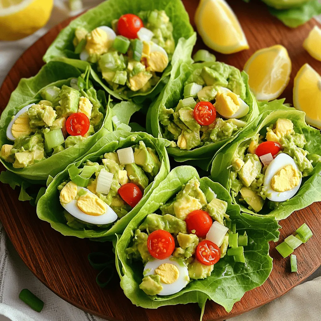 - 4 hard-boiled eggs, finely chopped - 1 ripe avocado, thoroughly mashed - 2 tablespoons Greek yogurt (or mayonnaise for a creamier texture) - 1 tablespoon Dijon mustard for a tangy flavor - 1 tablespoon fresh lemon juice to enhance freshness - 2 green onions, finely sliced - 1/4 teaspoon garlic powder for a hint of warmth - Salt and freshly cracked pepper to taste - 8 large lettuce leaves (romaine or butter lettuce, for a crisp wrap) I love using fresh ingredients for my avocado egg salad. The hard-boiled eggs give it protein. The avocado makes it creamy and rich. Greek yogurt adds a nice tang, but you can use mayonnaise if you prefer. Dijon mustard gives a punch of flavor, while lemon juice keeps it bright and fresh. Green onions add crunch and color. Garlic powder brings warmth without overpowering. Don't forget salt and pepper to make it pop. You can use any large lettuce leaves, but I prefer romaine or butter lettuce for a crisp bite. - Diced cherry tomatoes for added flavor and color If you want an extra touch, add some diced cherry tomatoes. They not only brighten the dish but also give a burst of flavor. It’s a simple way to make your wraps look even more appealing. Start by boiling 4 eggs. Once they are hard-boiled, cool them down and chop them finely. Next, grab 1 ripe avocado. Cut it open and scoop out the flesh. Mash it well with a fork until it’s smooth and creamy. Now, take 8 large lettuce leaves, like romaine or butter lettuce. Rinse them under cool water to clean them and then dry them with a clean towel. In a medium bowl, combine the finely chopped eggs and the mashed avocado. Mix them gently to keep some texture. Next, add 2 tablespoons of Greek yogurt or mayonnaise for creaminess. Then, mix in 1 tablespoon of Dijon mustard and 1 tablespoon of fresh lemon juice. These will add tang and freshness to your salad! Finally, sprinkle in 2 finely sliced green onions, 1/4 teaspoon of garlic powder, and season with salt and pepper to taste. Stir everything until well combined. Now it’s time to fill the lettuce leaves! Spoon the avocado egg salad mixture into each leaf. Be careful not to overstuff them; you want to fold them easily. For an extra pop of flavor, you can top the filling with diced cherry tomatoes if you like. Wrap each lettuce leaf around the filling like a taco. Serve them right away to enjoy the best taste and crunch! For the full recipe, check out the detailed instructions above. To get the best texture in your egg salad, mash the avocado well but leave some chunks. This gives it a nice bite. For the eggs, chop them finely. You want a mix of smooth avocado and small egg bits. This balance makes each bite satisfying. When it comes to seasoning, taste as you go. Start with a pinch of salt and a dash of pepper. If you want more flavor, add more Dijon mustard or lemon juice. You can also try adding fresh herbs like dill or cilantro for a new twist. Adjust the flavors until they dance on your palate. For a lovely presentation, use a colorful platter. Arrange the filled lettuce wraps in a circle, and place diced cherry tomatoes around them. This pop of color makes your dish look fresh and inviting. You can also add lemon wedges on the side. Guests can squeeze them over the wraps for a zesty kick. As for sides, consider serving fresh veggie sticks or a light salad. They add crunch and balance to the meal. You could also serve a light soup, like tomato basil, for a warm option. This way, you create a delightful meal that everyone will enjoy. {{image_4}} If you want a vegan twist, you can swap out the eggs. Use chickpeas instead. Mash them up like you would the avocado. For creaminess, use plant-based yogurt or silken tofu. These substitutes add great texture and flavor. To enhance taste, mix in some nutritional yeast or a touch of lemon zest. These ingredients add a cheesy flavor without dairy. You can also sprinkle in some smoked paprika for a nice kick. Feel free to switch up the ingredients based on your needs. If you prefer, use a different leafy green, like kale or collard greens, for your wraps. If you need a low-carb option, use cucumber slices instead of lettuce. You can also add herbs like dill or cilantro for fresh flavor. For heat, try a pinch of cayenne or a dash of hot sauce. These swaps keep the dish exciting and tailored to your taste. For the complete recipe, check out the Full Recipe. To keep your avocado egg salad fresh, use an airtight container. Glass containers work well as they don’t stain or absorb odors. You can also use plastic containers if they are clean and have tight lids. Store the salad in the fridge immediately after serving to keep it cool. To maintain taste, press plastic wrap directly onto the surface of the salad before sealing the container. This helps reduce air exposure, keeping the flavors bright and fresh. Always use a clean spoon when serving to prevent contamination. The egg salad mix lasts about 3 to 5 days in the fridge. Be sure to check for any changes in smell or color. If it smells sour or looks off, it’s best to discard it. When in doubt, trust your nose and eyes! If you see any signs of mold or an unusual texture, it's time to throw it away. Enjoy your avocado egg salad lettuce wraps while they are fresh for the best taste and texture. For the full recipe, check out the detailed instructions above! Avocado Egg Salad Lettuce Wraps stay fresh for about 2 days in the fridge. To keep them tasty, store the egg salad and lettuce separately. Place the salad in an airtight container. Wrap the lettuce in a damp paper towel and then in plastic wrap. This keeps the lettuce crisp and the salad fresh. Yes, you can prepare the egg salad a day in advance. Just wait to assemble the wraps until you're ready to eat. This prevents the lettuce from getting soggy. If you prep the salad ahead, it will save you time on busy days. You can serve many tasty sides with these wraps. Try fresh fruit like berries or melon for a sweet touch. You might enjoy crunchy veggie sticks, like carrots and cucumbers, for a healthy bite. Pair these wraps with a light drink, such as sparkling water or iced tea, for a refreshing meal. You learned about making tasty Avocado Egg Salad Lettuce Wraps. We covered the best ingredients, step-by-step prep, and fun serving ideas. Remember to customize flavors to match your taste. Try using vegan swaps for a plant-based twist. Store leftovers properly to keep them fresh. With these simple steps, you can enjoy a healthy snack anytime. Now go ahead and make your delicious wraps!