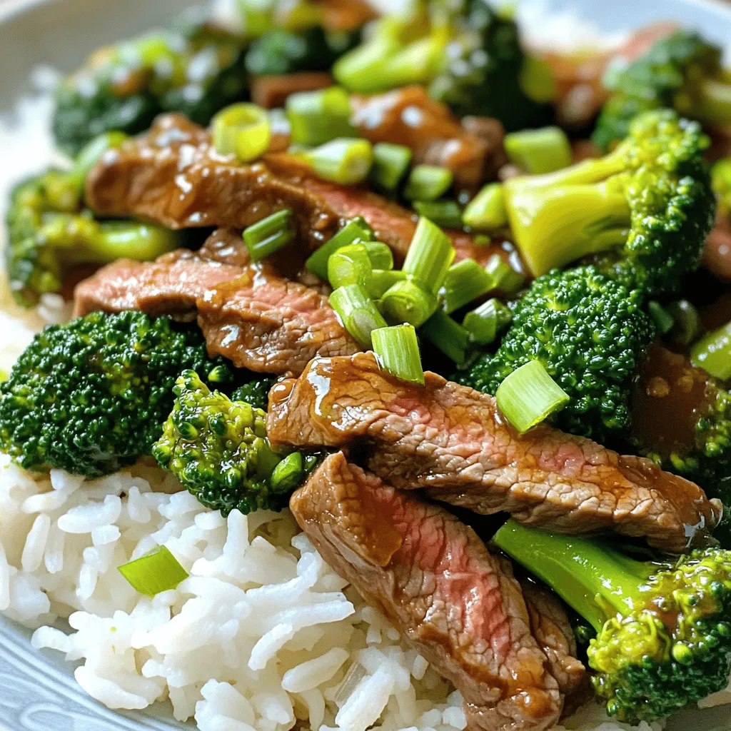 This easy beef and broccoli stir fry is a quick dinner I love. It takes just 35 minutes. You will enjoy the tender beef and crisp broccoli. Serve it over rice or noodles for a complete meal. To make this dish, gather these ingredients: - 1 lb flank steak, sliced thinly against the grain - 4 cups broccoli florets, fresh - 2 tablespoons vegetable oil, for frying - 1 tablespoon fresh ginger, minced - 3 cloves garlic, minced - 1/4 cup soy sauce, low-sodium recommended - 2 tablespoons oyster sauce, for depth of flavor - 1 tablespoon cornstarch, for marinating - 1 tablespoon sesame oil, for finishing - 1/2 teaspoon black pepper, freshly ground - 2 green onions, finely chopped for garnish - Cooked rice or noodles, for serving base Each ingredient plays a key role in making the dish flavorful. The soy sauce gives it a salty kick, while oyster sauce adds richness. Using the right tools makes cooking easier. Here are some I recommend: - Large skillet or wok for stir-frying - Medium-sized bowl for marinating beef - Pot for blanching broccoli - Cutting board and knife for chopping - Measuring cups and spoons for accuracy These tools help you create a delicious meal with ease. - Beef Marination Process Start by slicing 1 lb of flank steak thinly against the grain. This helps make the beef tender. In a medium bowl, mix the beef with 1 tablespoon of cornstarch, 1/2 teaspoon of black pepper, 1/4 cup of low-sodium soy sauce, and 1 tablespoon of sesame oil. Toss everything well to coat the beef evenly. Let it marinate for about 15 minutes. This gives the beef time to soak up all those tasty flavors. - Blanching Method for Broccoli For the broccoli, bring a large pot of water to a rolling boil. Add 4 cups of fresh broccoli florets. Blanch them for about 2 minutes. You want them bright green and slightly soft. Drain the broccoli and put it right into a bowl of ice-cold water. This stops the cooking and keeps the color vibrant. Set it aside once it’s cooled. - Stir-Frying the Beef Heat a large skillet or wok on high heat. Once it’s hot, add 2 tablespoons of vegetable oil. Swirl the oil around to coat the bottom. Add the marinated beef in a single layer. Don’t overcrowd the skillet. Cook for 2-3 minutes until the beef is browned and seared. Then, take the beef out and place it on a plate. - Sautéing Aromatics In the same skillet, turn down the heat a bit. Add 1 tablespoon of minced ginger and 3 cloves of minced garlic. Sauté for about 30 seconds while stirring often. You want them to smell great but not brown. - Combining Ingredients Next, put the blanched broccoli and the cooked beef back into the skillet. Drizzle 2 tablespoons of oyster sauce over everything. Stir well to mix all the flavors together. Let it cook for an extra 2-3 minutes so everything heats through. Add this delicious dish over cooked rice or noodles. For a nice touch, sprinkle chopped green onions on top. Enjoy your easy beef and broccoli stir fry! For more details, check out the Full Recipe. To make a great stir fry, heat is key. Use a hot skillet or wok. This ensures that your beef cooks fast and stays juicy. Keep your ingredients moving in the pan. Stir constantly to avoid burning. This also helps them cook evenly. A well-prepped workspace makes this easier. Have all your ingredients ready before you start. You can add fun flavors to your dish. Consider these extras: - Red pepper flakes for heat - Bell peppers for sweetness - Mushrooms for earthiness Adding these can change the taste and make it unique. If you like more sauce, add a bit more soy sauce or oyster sauce. You can also mix in a splash of broth for extra depth. Taste as you go. This helps you find the right balance for your dish. Cooking time is crucial for a good stir fry. Keep an eye on the beef. It should cook for about 2-3 minutes. The broccoli takes less time; just a quick blanch is enough. Overcooking will make your veggies limp. Aim for bright and crisp broccoli for the best texture. {{image_4}} You can spice up your stir-fry easily. Add red pepper flakes or Sriracha to the beef. This adds heat and depth. Start with half a teaspoon, then adjust to your taste. The heat will balance the savory flavors. You can also use spicy soy sauce or add fresh chili peppers while cooking. This way, you create a dish that warms you up. Want a meatless version? Swap the beef for tofu or tempeh. Press and cube the tofu before cooking. Marinate it just like the beef to soak in flavors. For a vegan sauce, use mushroom or soy sauce instead of oyster sauce. This keeps the umami taste while making it plant-based. You can also add different veggies like bell peppers or snap peas for a colorful dish. If you love noodles, this is a fun twist. Cook your favorite noodles, like rice or egg noodles. Stir-fry the noodles in the last step. Combine them with the beef and broccoli. This makes your meal hearty and filling. Don't forget to add a splash of soy sauce to the noodles for extra flavor. You’ll have a satisfying meal that everyone will enjoy. For the full recipe, check out the detailed steps provided earlier. Store any leftover beef and broccoli stir fry in an airtight container. Let the dish cool to room temperature before sealing it. This helps keep the flavors fresh and prevents sogginess. Place the container in the fridge. It will stay good for up to three days. To reheat your stir fry, use a skillet over medium heat. Add a splash of water or broth to keep it moist. Stir frequently to heat evenly. You can also use a microwave. Place the stir fry in a microwave-safe bowl with a lid. Heat it in short intervals, stirring in between. This method helps avoid overcooking. You can freeze the beef and broccoli stir fry for up to three months. Use a freezer-safe container or resealable bag. Remove as much air as possible before sealing. When ready to eat, thaw overnight in the fridge. Reheat it in a skillet for best results. Enjoy a quick meal that tastes fresh! For the full recipe, check out the details above. To make your beef tender, slice it thinly against the grain. This helps break down muscle fibers. Marinating the beef with cornstarch and a bit of soy sauce also helps. Let it rest for about 15 minutes before cooking. This quick soak makes a big difference in texture. If you don't have oyster sauce, you can use soy sauce mixed with a bit of sugar. This gives a similar sweet and salty flavor. Another option is hoisin sauce, which adds a nice twist. You can also try a mix of soy sauce and mushroom broth for a vegan option. Yes, you can use frozen broccoli. It saves time and is convenient. Just thaw and drain the broccoli before adding it to the stir-fry. Keep in mind that frozen broccoli may need less cooking time. This ensures it stays bright and tender. For the full recipe, check out the complete instructions above. This blog covers a simple beef and broccoli stir fry. We explored essential ingredients and tools, plus step-by-step instructions. You learned how to marinate beef and blanch broccoli. With tips for perfecting your dish and fun variations, you'll impress anyone. Remember to store leftovers properly and reheat them well. Keep experimenting with flavors and techniques. Cooking can be fun and easy! Enjoy your meals and share them with friends or family.