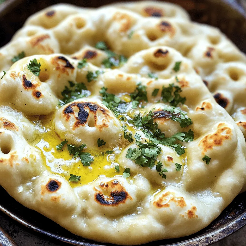 - 2 cups all-purpose flour - ½ cup plain yogurt - ½ cup warm water - 4 cloves of garlic, finely minced - Fresh cilantro for garnish - 1 teaspoon sugar - 1 teaspoon salt - 1 teaspoon baking powder - 2 tablespoons ghee or melted butter To make great garlic naan, you need simple yet key ingredients. First, all-purpose flour gives the naan its soft, fluffy texture. The yogurt adds moisture and a slight tang. Warm water helps bind the dough together. Next, garlic is the star here. It brings strong flavor that shines through. Fresh cilantro adds color and a fresh taste as a garnish. You also need some baking essentials. Sugar feeds the yeast (or baking powder, in this case) and helps it rise. Salt enhances flavors, while baking powder creates that lightness we all love. Finally, ghee or melted butter adds richness and a nice finish when brushed on the naan. Check out the Full Recipe for all the steps to create this delicious naan! Mixing dry and wet ingredients is the first step. In a large bowl, sift together the all-purpose flour, sugar, salt, and baking powder. This ensures everything blends well. Create a well in the dry mixture. Pour in the yogurt and warm water. Using a spoon, mix until a shaggy dough forms. Next, knead the dough. Transfer it to a floured surface. Knead for about 5-7 minutes. Your dough should feel smooth and elastic. If it’s sticky, add more flour, one tablespoon at a time. This helps you achieve the right texture. Shape the dough into a ball. Place it in a lightly greased bowl. Cover it with a damp cloth. Let it rest in a warm spot for at least 1 hour. This resting time is crucial for the dough to rise. Resting the dough is important. It helps the yeast activate and makes the naan soft. After the resting period, gently punch down the dough. This releases any trapped air bubbles. Now, divide it into 6 equal pieces. Shape each piece into a ball. Using a rolling pin, flatten each ball into an oval shape. Aim for a thickness of about ¼ inch. Now it’s time to cook the naan. Preheat a skillet or a tandoor over medium-high heat. In a small bowl, mix the minced garlic with ghee or melted butter. This creates a fragrant garlic butter. Once the skillet is hot, place one rolled naan on it. Cook for 1-2 minutes. Look for bubbles on the surface and a light brown bottom. Brush the top of the naan with the garlic-ghee mixture. Flip the naan and cook the other side for another 1-2 minutes. It should be golden brown and fully cooked. Remove the naan and brush it with extra ghee or melted butter. Repeat this for the rest of the dough. Finally, garnish each naan with freshly chopped cilantro. This adds color and flavor. Enjoy your homemade garlic naan with your favorite curry or dish for a real treat! Kneading the dough is key. Knead for 5-7 minutes until smooth. This helps develop gluten, which gives naan its soft texture. If the dough is sticky, add flour slowly. Sprinkle one tablespoon at a time until it feels right. Remember, it should be soft but not tacky. You can customize your garlic butter for great taste. Mix minced garlic with melted ghee or butter. Feel free to add herbs like parsley or oregano for extra flavor. You can also top your naan with cheese, or spices like cumin or chili flakes for a kick. When cooking, a skillet and tandoor have different methods. In a skillet, heat it well before adding naan. For tandoor, the heat is direct and quick. Make sure to flip the naan halfway through cooking for even browning. Look for bubbles on the surface; that's a sign it's ready to flip. {{image_4}} You can easily change up the flavor of your naan. Here are two tasty ideas: - Herb-infused naans: Add chopped fresh herbs like rosemary or thyme to the dough. This gives the naan a fragrant twist. - Cheese-stuffed naans: Place shredded cheese in the center before rolling the dough. This creates a gooey, cheesy delight that is hard to resist. If you need gluten-free naan, you can use different flours. Here are some tips: - Using alternative flours: Try chickpea flour or almond flour instead of all-purpose flour. This keeps the naan tasty and gluten-free. - Adjusting other ingredients: You might need to alter the amounts of yogurt and water. This helps the dough bind properly and stay moist. If you want to make vegan naan, you can swap some ingredients: - Replacing yogurt and ghee: Use plant-based yogurt and coconut oil instead of ghee. This keeps it creamy and flavorful. - Achieving similar textures and flavors: Add a bit of vinegar to the plant-based yogurt. This helps mimic the tangy flavor of regular yogurt. For the complete recipe, check out the Full Recipe section. You can store garlic naan easily to keep it fresh. For short-term storage, place the naan in an airtight container. Store it in the fridge. This method helps maintain its softness. For long-term storage, freeze the naan. Wrap each piece in plastic wrap, then place them in a freezer bag. This keeps them safe from freezer burn. You can freeze garlic naan for up to three months. To enjoy naan at its best, reheating is key. Start by taking it out of the fridge or freezer. If frozen, let it thaw for about 15 minutes. For the best taste, reheat in a skillet. Heat a dry skillet over medium heat. Place the naan in the skillet and warm it for 1-2 minutes on each side. This method keeps it soft and tasty. You can also use an oven. Preheat your oven to 350°F (175°C). Wrap naan in foil and bake for about 10 minutes. This method warms the naan evenly. How long does garlic naan last? When stored properly, garlic naan lasts about 3-4 days in the fridge. Keep an eye out for signs of spoilage. If the naan has an off smell, or if it feels dry and hard, it's time to toss it. Fresh garlic naan should feel soft and smell fragrant. For full details on making this delightful garlic naan, check the Full Recipe. Yes, you can make garlic naan without yeast. Instead, use baking powder. Baking powder helps the naan rise and stay fluffy. Just mix it with the flour, sugar, and salt. This method is fast and easy, making it great for quick meals. To make garlic naan crispier, try these tips: - Roll the dough thinner. A thinner naan will get crispier. - Cook on high heat. This gives a nice char and crunch. - Brush with ghee before cooking. This adds flavor and helps crisp up the edges. - Let it rest a bit longer before cooking. This helps with texture. Garlic naan pairs well with many dishes. Here are some great options: - Creamy butter chicken - Spicy lamb curry - Tasty chickpea masala - Rich dal makhani - Fresh cucumber raita These dishes complement the naan and create a balanced meal. For the complete recipe for Fluffy Homemade Garlic Naan, check out [Full Recipe]. Homemade garlic naan is simple and rewarding to make. We covered key ingredients, from flour to flavor enhancers. I shared step-by-step instructions for perfect dough and cooking methods. You also learned tips for textures and tasty variations. Enjoy experimenting with different flavors and storing your naan for later. With practice, you'll master garlic naan and impress your family and friends. Dive into this fun cooking journey and savor every bite!