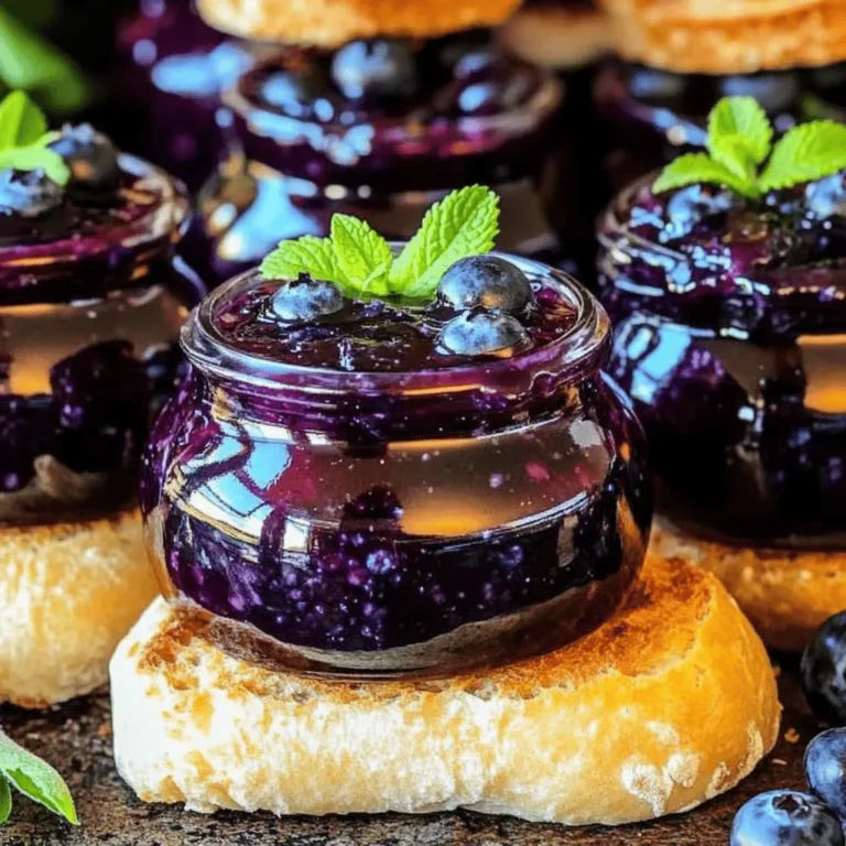 For a simple and tasty homemade blueberry jam, you will need: - 4 cups fresh blueberries, thoroughly rinsed and drained - 1 cup granulated sugar - 2 tablespoons freshly squeezed lemon juice - 1 tablespoon lemon zest - 1/2 teaspoon ground cinnamon - 1/4 teaspoon fine salt - 1 package fruit pectin (1.75 oz, such as Sure-Jell) When choosing blueberries, look for plump and firm berries. They should have a deep blue color. Avoid berries that are soft or have white spots. Fresh blueberries taste best and give the jam great flavor. If you can, buy organic blueberries. They usually have better taste and quality. Pectin is key for making jam thick. It helps the jam set and gives it the right texture. Without pectin, your jam may turn out runny. I recommend using a package of fruit pectin like Sure-Jell. It guides you in making perfect jam every time. This ensures your homemade blueberry jam has a delightful spreadable consistency. You can find more details in the Full Recipe. Start by gathering your ingredients. You will need fresh blueberries, granulated sugar, lemon juice, lemon zest, ground cinnamon, salt, and fruit pectin. Wash the blueberries well to remove any dirt. Then, drain them thoroughly. In a large saucepan, mix the blueberries and sugar. Stir gently to coat all the berries. Let the mixture sit for about 10 minutes. This step helps release the juices from the blueberries. After the resting time, add lemon juice, lemon zest, cinnamon, and salt to the blueberries. Place the saucepan over medium heat. Stir the mixture as it heats up. Watch closely until it starts to boil gently. Once the mixture bubbles, add the fruit pectin slowly while stirring constantly. Bring the mix to a full rolling boil. This means it bubbles vigorously and does not stop when stirred. Keep it boiling for one minute while stirring. This helps the jam set properly. When the minute is up, take the pot off the heat. Use a spoon to skim off any foam that may form. This helps your jam look nice. Carefully pour the hot jam into sterilized canning jars. Leave about 1/4 inch of space at the top of each jar. Seal each jar with its lid right away. For long-term storage, process the jars in a boiling water bath for 5 to 10 minutes. Let the jars cool completely before storing them in the fridge or pantry. Follow this [Full Recipe] for more details on making your jam. When making blueberry jam, avoid using overripe or mushy blueberries. They can lead to a jam that lacks flavor. Always wash your blueberries well to remove dirt and pesticides. Do not skip the resting time after mixing the sugar and blueberries. This step helps the berries release their juices. Also, be careful not to boil the jam for too long. Overcooking can result in a tough texture. Lastly, don’t forget to skim off foam before canning. This keeps your jam looking clean and appealing. To get the perfect jam consistency, you need to balance fruit, sugar, and pectin. If your jam is too runny, it may need more pectin or a longer boil. Stir the mixture constantly as it heats. This action helps the pectin dissolve evenly. After removing the jam from heat, let it sit for a couple of minutes. This allows the flavors to meld and can help thicken the jam slightly. If you want a chunkier jam, consider mashing some blueberries but leave others whole. Sterilizing your jars is key to safe canning. Start by washing the jars and lids in hot, soapy water. Rinse them well. You can also sterilize them in the oven at 225°F for about 10 minutes. Alternatively, boil them in water for 10 minutes. Let them air dry completely. Fill the jars with jam while they are hot. This helps form a vacuum seal. After sealing, process the jars in a boiling water bath for 5-10 minutes. This step ensures your jam stays fresh for longer. For more details, check out the Full Recipe. {{image_4}} You can add spices to your blueberry jam for a warm twist. Ground cinnamon is a popular choice. It adds a cozy flavor that pairs well with blueberries. Nutmeg is another option. Just a pinch can give your jam a unique taste. If you want a kick, try adding a touch of ginger. It brings a nice zing that makes your jam stand out. If you want to change up the sweetness, there are great options. Honey can replace granulated sugar for a floral note. Maple syrup also works well, giving a rich flavor. If you prefer a low-calorie option, consider using stevia or agave nectar. Just remember to adjust the amount based on sweetness levels. Each sweetener changes the taste, so choose what you love. You can mix different fruits to create tasty jams. Raspberries or strawberries blend well with blueberries. They add a burst of color and flavor. If you want something different, try peaches or cherries. These fruits bring a sweet and juicy element. Just make sure to adjust the sugar and pectin as needed. This way, your jam will be just right. For the full recipe, check out the details above. Store your homemade blueberry jam in clean, sterilized jars. Make sure each jar has a tight seal. Place them in the refrigerator if you plan to eat the jam soon. For longer storage, keep the jars in a cool, dark place. Avoid direct sunlight, which can alter the jam's flavor. Homemade blueberry jam lasts about 1 year if stored properly. Once opened, use it within 3 weeks. Always check for signs of spoilage, like mold or off smells. To keep the jam fresh, use a clean spoon when serving. This helps prevent germs from getting in the jar. Freezing is a great option for long-term storage. To freeze your jam, pour it into freezer-safe containers. Leave some space at the top for expansion. Label each container with the date. When you’re ready to use it, thaw in the fridge overnight. Enjoy the same fresh taste as when it was first made! For the full recipe, check out the Blueberry Bliss Jam section. Homemade blueberry jam can last up to one year. Store it in a cool, dark place. Once opened, keep it in the fridge. Use it within three weeks after opening. This way, you enjoy the best flavor and freshness. Yes, you can make blueberry jam without pectin. Use ripe blueberries for more natural sweetness and thickening. Cook them longer to help the jam set. Keep in mind that it may not be as thick as traditional jam. Look for discoloration or mold on the surface. A bad smell is also a clear sign. If the jam is overly runny, it might be spoiled. Always check before using. When in doubt, throw it out. To reduce sweetness, cut back on sugar in the recipe. You can also add more lemon juice. This helps balance the flavors. Taste as you go to find the right mix for your palate. For the complete recipe, check out the Full Recipe. Making blueberry jam is simple and rewarding. We covered what you need, like choosing fresh blueberries and understanding pectin's role. Then, I shared steps to prepare, cook, and finish the jam perfectly. I highlighted common mistakes, tips for the best texture, and jar sterilization techniques. You can even explore flavor variations and smart storage options to extend shelf life. In summary, this process brings together quality ingredients and clear steps. With these tips, your homemade blueberry jam will shine with flavor and texture. Enjoy sharing your tasty creation and savoring it long after!