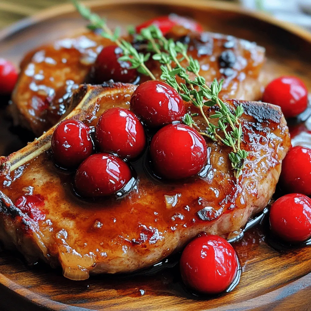 - 4 boneless chicken breasts - 1 cup fresh or frozen cherries, pitted - 1/4 cup chicken broth - 2 tablespoons honey - 2 tablespoons balsamic vinegar - 1 teaspoon fresh thyme leaves (or 1/2 teaspoon dried thyme) - Salt and pepper to taste - 2 tablespoons olive oil - 1 tablespoon corn starch (optional, for thickening) To make cherry glazed pork chops, you need fresh ingredients that pack flavor. I love using boneless chicken breasts for this dish. They cook quickly and stay juicy. Fresh or frozen cherries are key for that sweet-tart glaze. Chicken broth adds depth to the sauce. For a touch of sweetness, honey blends well with the tart cherries. Balsamic vinegar gives the glaze a nice tang. Fresh thyme adds a lovely herbal note. Don't forget your seasoning! Salt and pepper enhance every bite. Olive oil helps sear the chicken to perfection. If you like your glaze thick, corn starch will do the trick. You can find the full recipe [here]. To start, season the chicken breasts with salt and pepper. This adds great flavor. You can also try adding garlic powder or paprika for extra taste. Let the chicken sit for a few minutes after seasoning. This helps the flavors soak in better. Next, heat olive oil in a large skillet over medium-high heat. When the oil is hot, place the chicken breasts in the skillet. Sear them for about 5 to 7 minutes on each side. You want them to be golden brown. Make sure the internal temperature reaches 165°F for safe eating. Once done, take the chicken out and set it aside on a plate. In the same skillet, add the pitted cherries, chicken broth, honey, balsamic vinegar, and thyme. Stir everything well. Bring the mix to a simmer over medium heat. Let it cook for about 5 to 8 minutes. This helps the cherries soften and the sauce thicken slightly. If you want a thicker glaze, mix the cornstarch with a tablespoon of water to make a slurry. Stir this into the cherry mix in the skillet. Let it simmer for another 2 to 3 minutes. You’ll know it’s ready when the sauce coats the back of a spoon. Now, return the seared chicken breasts to the skillet. Spoon the cherry glaze over the chicken. Let everything cook together for another 2 to 3 minutes. This step allows the chicken to soak up the cherry flavors. For a great finish, plate the chicken and drizzle extra glaze on top. It makes for a beautiful presentation. Serve with mashed potatoes or green beans for a colorful meal. This dish is sure to impress! For the complete instructions, check the Full Recipe. - Recommended skillet options: Use a heavy skillet. Cast iron or stainless steel works great. These materials heat evenly and give a nice sear. Avoid non-stick pans for this recipe; they don’t create the same flavor. - Temperature control tips: Start with medium-high heat to sear the chicken. This gives a nice brown crust. After adding the glaze, lower the heat to medium to simmer. This keeps the chicken juicy and tender. - Additional spices to consider: Try adding garlic powder or smoked paprika for depth. A pinch of cinnamon can add warmth, too. Experiment with these spices to find your favorite flavor. - Alternative sweeteners to use: If you want less sugar, use maple syrup or agave nectar. Both can replace honey without losing flavor. They also add a unique twist to the glaze. - Creative serving ideas: Serve the cherry-glazed chicken on a bright plate. Pair it with creamy mashed potatoes or fluffy rice. This contrast makes the meal pop visually. - Garnishing options for visual appeal: Add a sprig of fresh thyme or parsley on top. This adds color and makes the dish look fancy. A drizzle of extra glaze around the plate can also enhance the look. {{image_4}} You can switch up the fruit for the glaze. Peaches or apricots work great. You can even try apples or pineapple for a fun twist. If you want to swap chicken, use pork loin or turkey. Both pair well with cherry flavors. You can cook your cherry-glazed dish in different ways. Grilling adds a smoky flavor. It also gives nice grill marks. Pan-searing is fast and keeps the meat juicy. The oven-baking method is great for a hands-off approach. Just set it and let it cook! If you need a gluten-free option, use gluten-free broth. Check the labels on your ingredients. For those wanting low-sugar options, swap honey with a sugar substitute. This will keep the glaze tasty without the extra sugar. You can find the full recipe for cherry-glazed chicken chops [Full Recipe]. To keep your cherry glazed pork chops fresh, store them in an airtight container. Place them in the fridge right after they cool down. This helps keep the flavors locked in. You can keep them for about three to four days. After that, the taste may fade. Always check for any signs of spoilage before eating. Freezing the cherry glazed pork chops is easy. Here’s how you do it: 1. Cool Down: Let the chops cool completely. 2. Wrap: Wrap each chop in plastic wrap or aluminum foil. 3. Seal: Place the wrapped chops in a freezer-safe bag. Squeeze out the air to prevent freezer burn. 4. Label: Write the date on the bag. This helps you track how long they’ve been frozen. You can freeze them for up to three months. To thaw, place them in the fridge overnight before cooking. This keeps them safe and tasty. When reheating your cherry glazed pork chops, keep them moist. Here are some methods: - Microwave: Place the chops on a microwave-safe plate. Cover them with a damp paper towel. Heat on medium power for about 1-2 minutes. Check if they are warm enough. Add more time if needed. - Stovetop: Heat a skillet over low heat. Add a splash of broth or water to keep them juicy. Place the chops in the skillet and cover. Heat for about 5-7 minutes, flipping once. This method helps keep the glaze intact. Using these tips, you can enjoy your cherry glazed pork chops again with great flavor! For the complete recipe, check the Full Recipe section above. You want to create a balanced meal with cherry glazed pork chops. Here are some great side dishes: - Creamy mashed potatoes - Steamed green beans - Roasted sweet potatoes - A fresh garden salad - Garlic bread These sides complement the sweet and tangy flavor of the cherry glaze. Yes, you can make the glaze ahead of time. - Store it in an airtight container. - Keep it in the fridge for up to three days. - Reheat it gently before using. This saves you time when you cook the pork chops. To check if the chicken is done, look for these signs: - The juices run clear when you cut into it. - The meat is no longer pink inside. - The internal temperature should reach 165°F. These checks ensure safe and tasty chicken. Yes, boneless chicken thighs work well too. - They have more fat, which adds flavor. - You may need to adjust cooking times slightly. - Cook until they reach 165°F for safety. Thighs will give a richer taste to the dish. Cherry glaze is quite versatile! Use it in these recipes: - Glazed chicken wings for a party. - Drizzle over grilled salmon for a twist. - Use it on roasted vegetables for extra flavor. - Try it with duck for a gourmet touch. Cherry glaze enhances many dishes with its sweet and tart flavor. For the full recipe, check out the detailed instructions above! In this article, I shared how to make cherry glazed chicken. I covered the main ingredients, step-by-step cooking tips, and variations. You can use this recipe to impress your family and friends. Remember, using the right techniques boosts flavor and presentation. Don’t shy away from trying new fruits or cooking methods. Keep exploring and enjoy the process. With these methods, your meals will shine every time!