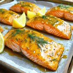 To make honey mustard glazed salmon, you’ll need a few key ingredients. These simple items create a tasty meal that everyone will love. Here is the list: - 6 salmon fillets (approximately 6 oz each) - 1/3 cup pure honey - 1/4 cup smooth Dijon mustard - 2 tablespoons extra virgin olive oil - 2 cloves of garlic, finely minced - 1 tablespoon apple cider vinegar - Salt and freshly ground black pepper to taste - Fresh dill or parsley, chopped (for garnish, optional) - Lemon wedges (for serving) Each ingredient plays a vital role in building flavor. The salmon fillets provide a rich base. Honey and Dijon mustard make a sweet and tangy glaze. Olive oil adds richness and helps the glaze stick. Garlic gives it a lovely aroma. Apple cider vinegar adds a nice punch. Don’t forget salt and pepper for seasoning. Using fresh herbs like dill or parsley can brighten the dish. Lemon wedges give a fresh kick when served. You can find the full recipe details to guide you through the cooking process. Enjoy making this easy and flavorful dish! First, heat your oven to 375°F (190°C). This step is key for cooking the salmon just right. Next, grab a baking sheet and line it with parchment paper. This makes cleanup easy later. In a medium bowl, mix together the honey, Dijon mustard, and olive oil. Add in the minced garlic and apple cider vinegar. Sprinkle in some salt and black pepper. Whisk the mix until it is smooth. This glaze gives the salmon a tasty kick. Now, place the salmon fillets on the lined baking sheet. Make sure the skin side is down. This helps keep the fish moist while it cooks. Take a brush or spoon and spread the honey mustard glaze on the top of each fillet. Make sure to cover them well. Save a bit of glaze for later. Put the baking sheet in the oven. Bake the salmon for 15 to 20 minutes. Check if it flakes easily with a fork. In the last 5 minutes, brush the reserved glaze over the fillets. This adds even more flavor and makes the salmon look great. Once done, take the salmon out and let it rest for a couple of minutes. Serve it on a nice platter or individual plates. Garnish with fresh dill or parsley. Don't forget the lemon wedges for an extra burst of flavor! You can find the full recipe in the ingredients section above. Cooking salmon just right is key. It should be flaky but not dry. I suggest baking it for 15 to 20 minutes at 375°F (190°C). The thickest part of the fillet should reach 145°F (63°C). Start checking at 15 minutes. This ensures it’s not overcooked. The honey and mustard mix gives a great sweet and tangy flavor. Adjusting the honey can change the taste. If you want it sweeter, add more honey. For a tangier bite, increase the Dijon mustard. Always taste your glaze before applying it. This way, you can tweak it to your liking. You can add different flavors to the glaze. Try a dash of soy sauce for depth. A sprinkle of smoked paprika gives a nice twist. If you love heat, add chili flakes. These changes make the dish more fun and personal. Experiment and find what works best for you. For the full recipe, check out the details above. {{image_4}} You can spice up this dish by adding chili flakes. Just sprinkle a pinch on the glaze before you brush it on the salmon. The heat balances well with the sweet honey and tangy mustard. It gives your salmon a nice kick. If you like it extra spicy, feel free to add more. This small change can make a big difference! Citrus adds brightness to the salmon. You can squeeze fresh lemon or orange juice into the glaze. This adds a zesty note that complements the honey and mustard. You can also add some lemon zest to the glaze for an extra punch. Citrus pairs beautifully with fish, making each bite refreshing and tasty. If you need to swap ingredients, don’t worry. You can use maple syrup instead of honey for a different sweet taste. Whole grain mustard can replace Dijon mustard for a chunkier texture. If you don't have apple cider vinegar, white wine vinegar works well too. These swaps keep the spirit of the dish while allowing you to use what you have. To keep leftover salmon fresh, place it in an airtight container. Make sure to cover the salmon well. You can store it in the fridge for up to three days. If you want to keep it longer, consider freezing it. To reheat your salmon, preheat your oven to 350°F (175°C). Place the salmon on a baking sheet. Cover it with foil to avoid drying out. Heat for about 10 minutes or until warm. You can also use the microwave, but this may dry it out. Heat it on medium power for 1 to 2 minutes at a time. To freeze your salmon, wrap each fillet in plastic wrap, then place it in a freezer bag. This helps prevent freezer burn. You can freeze the salmon for up to three months. To thaw, move it to the fridge a day before you plan to use it. For quicker thawing, you can submerge the sealed bag in cold water for about an hour. Yes, you can use frozen salmon. Just make sure to thaw it first. Place the frozen salmon in the fridge overnight or use cold water. Once thawed, follow the same steps in the Full Recipe. The glaze will still taste great on frozen salmon. Several sides go well with honey mustard glazed salmon. Here are some tasty options: - Steamed broccoli - Roasted asparagus - Quinoa salad - Garlic mashed potatoes - Mixed greens with vinaigrette Each of these sides adds flavor and balances the sweetness of the salmon. Yes, this recipe is quite healthy! Salmon is rich in omega-3 fatty acids. These fats support heart health. The honey and mustard mix adds flavor without many calories. Pair it with veggies for a nutritious meal. You can easily adjust the sweetness. If you want it less sweet, reduce the honey. If you prefer it sweeter, add more honey. You can also mix in some lemon juice for a tangy twist. This way, you can find the perfect balance for your taste buds! Honey mustard glazed salmon is quick, tasty, and versatile. You learned about key ingredients, easy steps, and helpful tips. Plus, I shared fun variations to suit your taste. Storing and reheating leftovers is simple, too. This dish combines sweet and tangy flavors that everyone loves. Enjoy your cooking journey and try adding your twist to this classic recipe. With just a few tweaks, you can make it your own!