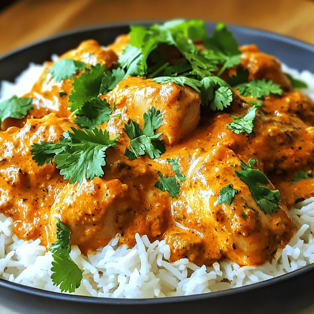 - 500g boneless chicken thighs - 1 cup plain yogurt - 2 tablespoons fresh lemon juice - 2 tablespoons garam masala - 1 teaspoon ground cumin - 1 cup coconut milk The main ingredients in Chicken Tikka Masala create a rich and tasty dish. Boneless chicken thighs work best. They stay juicy and tender, unlike chicken breast. Yogurt adds creaminess and helps tenderize the chicken. Lemon juice brightens the flavor and adds a nice zing. Garam masala brings warmth with its blend of spices. Ground cumin adds earthiness to the dish. Finally, coconut milk makes the sauce creamy and smooth. - Fresh cilantro for garnish - Salt to taste - Paprika and turmeric powder While the main ingredients shine, optional ingredients can enhance your dish. Fresh cilantro adds a burst of color and freshness. A pinch of salt helps balance flavors. Paprika brings a touch of smokiness, while turmeric adds warmth and a golden hue. Feel free to adjust these to your taste. - Large mixing bowl - Baking tray - Large skillet You need a few tools to make Chicken Tikka Masala. A large mixing bowl is key for marinating the chicken. A baking tray helps cook the chicken evenly in the oven. A large skillet is perfect for sautéing onions and combining all the flavors. Using the right equipment makes the cooking process easier and more enjoyable. For the full recipe, refer to the earlier section. - In a large mixing bowl, combine: - 1 cup plain yogurt - 2 tablespoons fresh lemon juice - 2 tablespoons garam masala - 1 teaspoon ground cumin - 1 teaspoon paprika - 1 teaspoon turmeric powder - 2 tablespoons ginger-garlic paste - Mix until smooth. This creates a flavorful base for your chicken. - Add 500g of boneless chicken thighs, cut into bite-sized pieces. - Coat the chicken thoroughly with the marinade. - Cover the bowl with plastic wrap and refrigerate for 1 hour. Marinating overnight adds more flavor. - Preheat your oven to 200°C (392°F). - Line a baking tray with parchment paper to prevent sticking. - Spread the marinated chicken pieces evenly on the tray. - Bake for 15-20 minutes, or until the chicken is cooked through. Look for a slight char on the edges. - Heat 1 tablespoon of vegetable oil in a large skillet over medium heat. - Add 1 finely chopped onion to the skillet. - Cook the onions for 5-7 minutes until they are soft and golden brown. This adds depth to the sauce. - Stir in 2 medium pureed tomatoes into the skillet with the onions. - Cook for an additional 5 minutes. Allow the mixture to thicken and blend flavors. - Once the chicken is done baking, add it directly to the skillet. - Pour in 1 cup of coconut milk, stirring well to combine all ingredients. - Let the mixture simmer gently for about 10 minutes. This melds the flavors beautifully. For a full recipe, check the [Full Recipe]. - The importance of marinating time: Marinating chicken helps it absorb flavors. Aim for at least one hour. For the best taste, let it marinate overnight. This makes the chicken juicy and full of spice. - Adjusting spice levels: If you like your food milder, cut back on the spices. You can also add more yogurt to balance heat. Taste as you go to find your perfect level. - How to achieve a charred effect: For a great char, bake the chicken at a high temperature. This helps create that nice, smoky flavor. You can also use a grill pan for even better results. - Best practices for sautéing onions: Sauté onions slowly over medium heat. This brings out their natural sweetness. Stir often and watch for a lovely golden color. - Recommended sides: Serve Chicken Tikka Masala with fluffy basmati rice or warm naan. Both are perfect for soaking up the rich sauce. - Pairing with beverages: Enjoy this dish with a cool glass of mango lassi or a light beer. Both drinks complement the spices and flavors well. {{image_4}} You can use boneless chicken breast instead of thighs. Chicken breast is leaner and will cook faster. However, it may not be as juicy. If you prefer a vegetarian option, try tofu or mushrooms. Both options soak up the flavors well. Tofu provides a nice texture, while mushrooms add a rich, earthy taste. For a gluten-free version, ensure all your ingredients are gluten-free. Most spices and coconut milk are naturally gluten-free. You can also make low-fat alternatives by using low-fat yogurt and light coconut milk. This way, you can enjoy the dish with fewer calories. To boost the flavor, add extra spices like cardamom. Cardamom has a warm, sweet taste that complements the dish. You can also incorporate vegetables like bell peppers or spinach. These add color and nutrition, making the dish even better. For the full recipe, check the section above. After enjoying your Chicken Tikka Masala, you might have some leftovers. To store them, place the dish in an airtight container. Make sure the lid seals tightly. This method keeps the flavors fresh. You can store it in the refrigerator for up to three days. When reheating, use the stove or a microwave. If using a microwave, cover the dish to prevent splatter. Stir occasionally for even heating. Want to keep your Chicken Tikka Masala for later? Freezing is a great option. First, let the dish cool completely. Then, transfer it to a freezer-safe container. Be sure to leave some space at the top for expansion. You can freeze it for up to three months. To safely reheat your Chicken Tikka Masala, heat it on the stove over medium-low heat. Stir often to keep it from sticking. You can also use a microwave, but heat it in short bursts. This helps avoid overcooking. A common mistake is not stirring enough, which can lead to hot spots. Keep it creamy and delicious by reheating slowly. For the best texture, do not boil the sauce. Enjoy your meal again soon! Making Chicken Tikka Masala takes about 1 hour and 30 minutes in total. This includes prep time and cooking time. You need about 1 hour for marinating the chicken. The cooking itself takes about 30 minutes. Yes, you can use chicken breast. It is leaner than thighs. Chicken breast has a different texture and can be drier. Thighs give a richer flavor and stay moist better. If you prefer white meat, breasts will still work well in this dish. If you need a substitute for coconut milk, there are good options. You can use heavy cream for a creamy texture. Almond milk or soy milk works too, though they are thinner. For a nut-free option, use chicken broth or vegetable broth. The spice level in Chicken Tikka Masala can vary. It usually has mild to medium spice. You can adjust the spice by adding less garam masala or paprika. If you enjoy heat, add chili powder for a kick. Yes, you can make this recipe ahead of time. Prepare the chicken and sauce, then refrigerate. It will taste even better the next day. Just heat it well on the stove before serving. Chicken Tikka Masala pairs well with basmati rice or naan bread. You can also serve it with a simple salad or roasted vegetables. For drinks, try a cool yogurt drink or iced tea. Check the Full Recipe for more serving ideas. You have all the tools to make delicious Chicken Tikka Masala. We explored key ingredients, from chicken thighs to coconut milk, and gave you step-by-step instructions. We also shared tips for a perfect dish, variations based on your preferences, and storage info to keep leftovers fresh. Now, it’s time to cook and enjoy your flavorful meal. Whether you follow the classic recipe or make your own twist, this dish is sure to impress. Happy cooking!