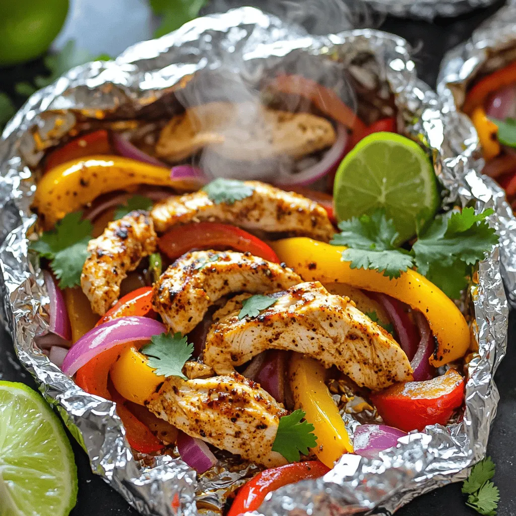 To make tasty chicken fajita foil packets, you need fresh and simple ingredients. Here’s what you will need: - 1 lb chicken breast, sliced into thin strips - 1 red bell pepper, sliced into thin strips - 1 yellow bell pepper, sliced into thin strips - 1 red onion, sliced into half-moons - 2 tablespoons olive oil - 1 tablespoon fajita seasoning - 1 teaspoon garlic powder - 1 teaspoon smoked paprika - Salt and pepper to taste - Fresh cilantro, chopped (for garnish) - Lime wedges (for serving) These ingredients combine to create a colorful and flavorful meal. The chicken and vegetables soak up the spices and oil, making each bite delicious. You can find the full recipe to try this easy dish at home. Enjoy the vibrant mix of flavors from the peppers and onions. Each ingredient plays a role in making this meal exciting and fun. Set your grill or oven to 400°F (200°C) so it’s hot before you start cooking. A good preheat ensures your chicken and veggies cook evenly and get that nice char. This step is key for great flavor. In a large mixing bowl, combine the sliced chicken breast, red bell pepper, yellow bell pepper, and red onion. Drizzle in the olive oil. Then sprinkle the fajita seasoning, garlic powder, smoked paprika, and a pinch of salt and pepper. Toss the mixture gently until all ingredients are well-coated in the seasoning and oil. This blend of flavors makes each bite delicious. Tear off large sheets of aluminum foil, about 12x18 inches each. Divide the chicken and vegetable mixture evenly among the center of each foil piece. This portioning helps each packet cook evenly and gets all those tasty juices. Fold the sides of the foil over the mixture. Then fold the top and bottom edges to create a tightly sealed packet. Double-check for leaks to ensure the flavorful juices remain inside. A good seal prevents messy spills and keeps everything tasty. Place the sealed foil packets on the grill grates or on a baking sheet in the oven. Cook for about 20-25 minutes. The chicken should be fully cooked, reaching an internal temperature of 165°F. The vegetables should be tender, adding great texture to your meal. Once cooked, carefully remove the packets from the grill or oven. Let them cool for a few minutes before opening. Steam may escape when you unseal the packets, so be cautious. This step keeps you safe from burns. Serve the sizzling chicken fajitas directly in the foil packets for a fun presentation. Garnish each serving with chopped fresh cilantro. Provide lime wedges on the side for squeezing over the top. This adds a fresh burst of flavor that makes the dish pop. Enjoy your meal! For the complete recipe, check out the Full Recipe. For chicken fajita foil packets, you can use a grill or an oven. A gas or charcoal grill gives a nice smoky flavor. If you prefer an oven, set it to 400°F (200°C). Both methods work well for even cooking. To boost flavor, marinate the chicken. Use olive oil, lime juice, and your favorite spices. Let it sit for at least 30 minutes. If you want more spice, add cayenne pepper or hot sauce to the mix. Fresh herbs like cilantro also add a nice touch. Cooking times may change based on your equipment. On a grill, packets usually take 20-25 minutes. In an oven, check around the 25-minute mark. For larger portions, add a few extra minutes. Always check the chicken's temperature. It should be 165°F (75°C) to be safe. {{image_4}} You can easily make chicken fajita foil packets vegetarian. Just swap the chicken for tofu or mushrooms. Tofu absorbs flavors well and has a great texture. Cut firm tofu into strips and marinate it in the same spices. Mushrooms add a nice earthiness. Use portobello or button mushrooms for a hearty bite. If you like heat, add jalapeños to your foil packets. You can slice fresh jalapeños or use pickled ones for a punch. You can also use spicy fajita seasoning instead of regular. This will amp up the flavor. Just be careful with the amount. You want a nice kick, not a fire! Feel free to mix in other veggies. Zucchini, corn, or even carrots can add color and taste. Slice zucchini into thin rounds, and corn can be used fresh or frozen. These veggies will cook nicely with the chicken and spices. Plus, they add variety to each bite. For the full recipe, check the details above. Store leftover chicken fajita foil packets in airtight containers. Let them cool first to keep the moisture. Place the packets in the fridge for up to three days. This helps keep the flavors fresh and tasty. For freezing, wrap the cooked foil packets tightly in plastic wrap. Then, place them in a freezer bag. This method prevents freezer burn. You can freeze them for up to three months. When ready to eat, just defrost in the fridge overnight before reheating. To reheat, you can use the oven or microwave. If using the oven, preheat it to 350°F. Place the foil packets on a baking sheet. Heat for about 15-20 minutes. For the microwave, transfer the filling to a microwave-safe dish. Heat in short bursts until warm. This keeps the flavors intact and ensures your meal is delicious. For more details, check the Full Recipe for cooking times. To cook chicken fajita foil packets on a grill, follow these steps: 1. Preheat your grill to 400°F (200°C) to ensure even cooking. 2. Prepare your chicken and veggies as mentioned in the recipe. Mix them in a bowl with olive oil and spices. 3. Tear off foil sheets about 12x18 inches. Place the chicken and veggie mix in the center of each sheet. 4. Seal the packets tightly. Fold the sides over the food, then fold the top and bottom edges to close. 5. Place the packets on the grill. Cook for about 20-25 minutes. 6. Check for doneness. The chicken should reach an internal temperature of 165°F. 7. Carefully open the packets. Let them cool for a few minutes before serving. Yes, you can use frozen chicken. However, it will change the cooking time. Frozen chicken takes longer to cook than fresh chicken. Plan to increase the grilling time by about 10-15 minutes. Always ensure the chicken reaches 165°F for safety. You can serve chicken fajitas with many delicious sides. Consider these options: - Rice: White or brown rice pairs well. - Beans: Black beans or refried beans add protein. - Tortillas: Flour or corn tortillas are great for wrapping. - Guacamole: A creamy dip adds flavor. - Salsa: Fresh salsa can brighten your meal. To check if the chicken is done, use a meat thermometer. Insert it into the thickest part of the chicken. It should read 165°F. Also, look for clear juices running from the chicken. If the juices are pink, cook it a bit longer. This blog post guides you through making delicious chicken fajita foil packets. We covered the ingredients, step-by-step instructions, and useful tips for best results. You can even try fun variations like vegetarian options or add spice. Remember to store leftovers properly to enjoy later. Cooking fajitas in a foil packet adds flavor and makes cleanup easy. I hope this inspires you to try it out today! Happy cooking!
