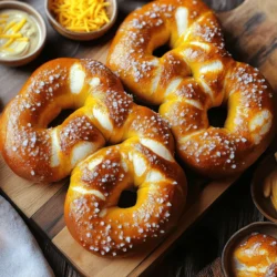 To make homemade soft pretzels, you need a few simple ingredients. Here is what you'll need: - 4 cups all-purpose flour - 1 packet (2 ¼ tsp) active dry yeast - 1 ½ cups warm water (around 110°F) - 1 tablespoon granulated sugar - 1 teaspoon salt - ⅓ cup baking soda - 1 large egg (for egg wash) - Coarse sea salt (for sprinkling) - Optional toppings: garlic powder, sesame seeds, or shredded cheese First, gather all your ingredients. Measure them accurately for the best results. Use a kitchen scale for precision, especially with flour. This helps the dough rise well and taste great. When measuring warm water, check the temperature. It should feel warm to the touch but not hot. This warmth activates the yeast. Using fresh yeast is key for soft pretzels. Old yeast can be inactive. This means your dough won't rise properly. Always check the expiration date on the yeast packet. To check if your yeast is fresh, mix it with warm water and sugar. Wait for about 5-10 minutes. If it bubbles and foams, it’s good to use. If there’s no foam, you need new yeast. Fresh yeast gives your pretzels that perfect rise and fluffy texture, making them irresistible. For the full recipe, refer to "Twisted Bliss Pretzels." It has all the details you need to succeed! To start, mix the warm water, sugar, and yeast in a bowl. Stir it gently. Let it sit for 5-10 minutes. You want it to look frothy. This means the yeast is active. If it doesn’t foam, your yeast may be old. Always check the water temperature. It should be around 110°F. Too hot or too cold can kill the yeast. Once your yeast is frothy, add salt. Gradually mix in the flour. Do this one cup at a time. Your dough should be sticky but manageable. If it sticks to your hands, add a little more flour. Knead the dough for 5-7 minutes. It should feel smooth and elastic. You can use a floured surface to help with kneading. Now it’s time to shape your pretzels! First, divide the dough into 8 pieces. Roll each piece into a long rope, about 24 inches. To shape, form a “U” with the rope. Twist the ends together and fold them down to the center. Next, prepare the baking soda bath. Bring 10 cups of water to a boil. Add ⅓ cup of baking soda carefully. It will bubble up! Boil each pretzel for about 30 seconds. Use a slotted spatula to remove them. Preheat your oven to 425°F. After boiling, place the pretzels on a parchment-lined baking sheet. Beat one egg in a small bowl for the egg wash. Brush it over each pretzel. This gives them a nice color. Sprinkle with coarse sea salt or any toppings you like. Bake for 12-15 minutes. They should be golden brown. To check if they are done, look for a crispy exterior. Let them cool slightly before serving. For the full recipe, check "Twisted Bliss Pretzels." To get soft pretzels with a crispy outside, focus on two main things: kneading and resting. Knead your dough until it feels smooth and elastic. This helps develop gluten, which gives pretzels their chewiness. After kneading, let the dough rest. Resting allows the gluten to relax, making it easier to shape later. Aim for at least 30 minutes of resting time. This small step makes a big difference in texture. Sometimes, dough can turn out tough. This often happens if you knead too much or don't add enough water. If your yeast doesn't activate, check the water temperature. It should be warm but not hot. Too hot water can kill the yeast. If your pretzels aren't golden, try increasing your baking time or using more egg wash. The egg wash gives that nice brown color. For flavor, sprinkle sea salt right before baking. This simple step enhances taste and looks. {{image_4}} You can add fun toppings to your pretzels. Some great ideas include: - Shredded cheese - Garlic powder - Sesame seeds - Everything bagel seasoning If you want a sweet treat, try these options: - Cinnamon and sugar - Chocolate drizzle - Sprinkles Feel free to mix and match! These flavors can make your pretzels unique. Shaping your pretzels can be a fun way to celebrate. Try these ideas: - Heart shapes for Valentine’s Day - Braided styles for special occasions - Letters for kids’ parties You can also make mini pretzels or pretzel bites. These are perfect for sharing at gatherings. Just cut the dough into smaller pieces. Enjoy the same great taste in a fun size! To keep your homemade soft pretzels fresh, store them in a paper bag. This helps keep them soft. Avoid plastic bags, as they trap moisture and make pretzels soggy. For longer storage, freeze pretzels. Wrap each one in plastic wrap, then place them in a freezer bag. Pretzels can last up to three months in the freezer. When you want to eat frozen pretzels, remove them from the bag and let them thaw at room temperature. For a warm, soft texture, reheat them in the oven at 350°F for about 10 minutes. This will bring back their deliciousness. Pretzels are perfect for dipping. Serve them with mustard, cheese sauce, or a sweet dip like chocolate. You can also pair them with a fresh salad for a light meal. For drinks, pretzels go well with beer. They also pair nicely with a fizzy soda or lemonade. Consider serving pretzels at a party with appetizers like cheese cubes or sliced meats. This makes for a fun snack spread that everyone will enjoy! To make homemade soft pretzels, follow these steps: 1. Activate Yeast: Mix warm water, sugar, and yeast. Let it sit until frothy. 2. Make Dough: Add salt and flour. Mix until sticky. Knead for about 5-7 minutes. 3. First Rise: Shape the dough into a ball. Place it in a greased bowl and cover. Let it rise for 1 hour. 4. Shape Pretzels: After rising, punch the dough down. Divide it into 8 pieces. Roll each piece into a long rope and twist into a pretzel shape. 5. Prepare Baking Soda Bath: Boil water and add baking soda carefully. 6. Boil Pretzels: Dip each pretzel in boiling water for about 30 seconds. Remove and place on a baking sheet. 7. Egg Wash: Brush each pretzel with beaten egg and sprinkle with salt. 8. Bake: Bake at 425°F for 12-15 minutes until golden brown. These steps will help you create tasty pretzels at home. Yes, you can use whole wheat flour. This makes the pretzels healthier. You may need to adjust the water since whole wheat flour absorbs more moisture. Start with the same amount of water and add more if needed. The dough should be soft but not sticky. Whole wheat flour will give the pretzels a nuttier flavor. Just remember, they might be denser than those made with all-purpose flour. To reheat leftover pretzels, you can use an oven or microwave: - Oven: Preheat the oven to 350°F. Place pretzels on a baking sheet. Heat for about 10 minutes. This keeps them crispy. - Microwave: Wrap each pretzel in a damp paper towel. Heat on low for 20-30 seconds. This method makes them soft but less crispy. Using the oven is best for keeping the texture. To tell if pretzels are done baking, look for these signs: - Color: They should be golden brown. - Texture: The outside should be firm and slightly crisp. - Smell: You will smell a nice, warm bread scent. If you see these signs, your pretzels are ready! You can find the full recipe for Twisted Bliss Pretzels in this article. It includes all the steps and tips to make perfect soft pretzels. In this article, we covered everything to make perfect homemade soft pretzels. We talked about selecting fresh ingredients, activating yeast, and kneading the dough. You learned how to shape pretzels and the baking soda bath process. Also, we shared tips for storage and serving ideas. Embrace these steps and tips. You’ll enjoy delicious pretzels that impress everyone. Happy baking!