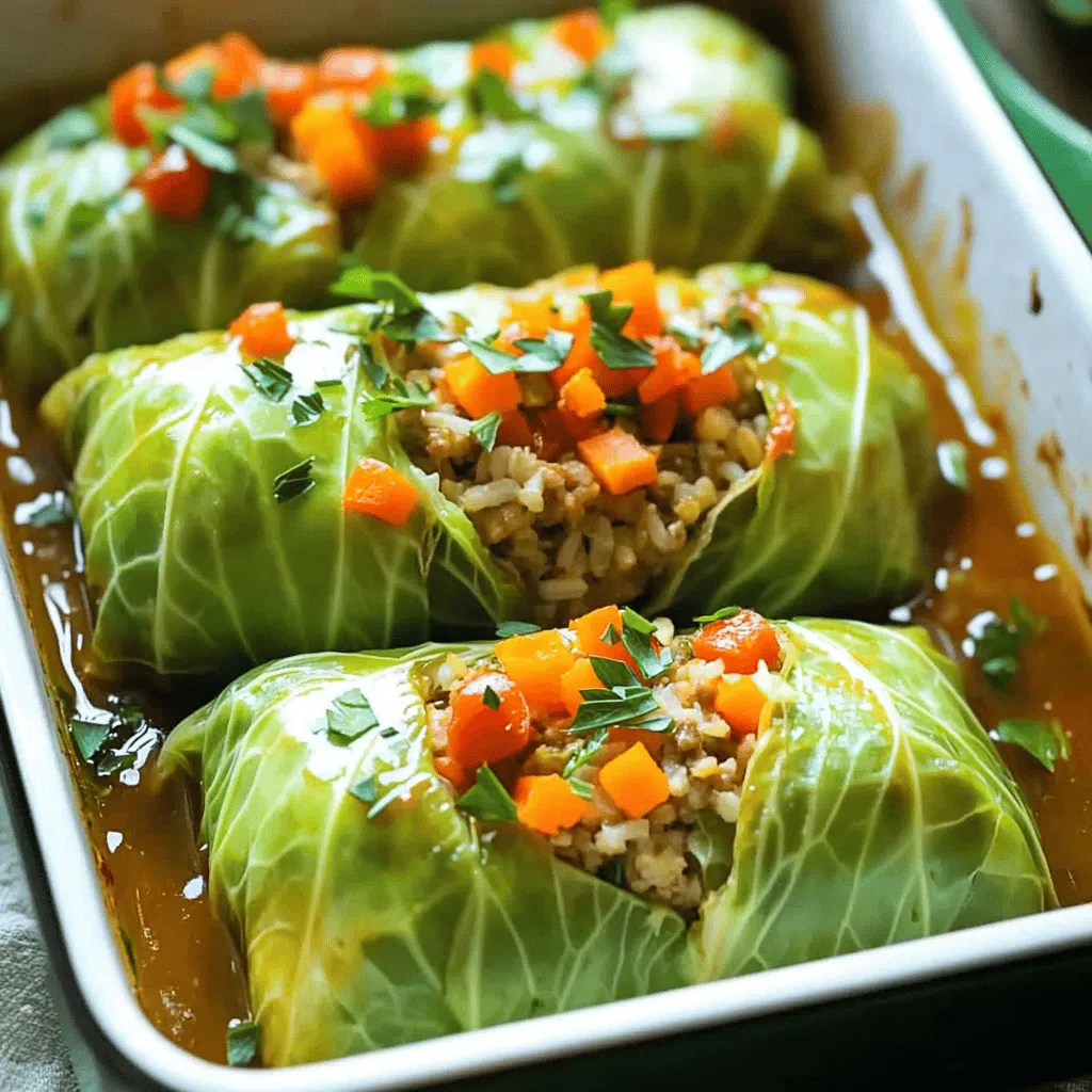 To make stuffed cabbage rolls, gather these items: - 1 large head of green cabbage - 1 cup cooked rice (white or brown) - 1 lb ground turkey or ground chicken - 1 small onion, finely chopped - 2 cloves garlic, minced - 1 medium carrot, grated - 1 can (14 oz) diced tomatoes, undrained - 1 tablespoon Worcestershire sauce - 1 tablespoon fresh parsley, chopped - 1 teaspoon paprika - 1 teaspoon salt - 1/2 teaspoon black pepper - 1 tablespoon olive oil - 1 cup vegetable broth You can swap ground turkey or chicken with beef or pork if you prefer. For a lighter option, use quinoa instead of rice. If you want gluten-free rolls, check your Worcestershire sauce. Some brands add gluten. You can replace it with lemon juice or vinegar. For a vegetarian option, use mushrooms and lentils instead of meat. You can also skip meat for a vegan version. Just use plant-based broth and skip the Worcestershire sauce. Here are the tools you need to make stuffed cabbage rolls: - Large pot for boiling cabbage - Sharp knife for removing the cabbage core - Skillet for sautéing vegetables - Mixing bowl for combining the filling - Baking dish for cooking the rolls - Aluminum foil to cover the dish while baking These tools will help make the process smooth and easy. With the right ingredients and tools, you can whip up this dish with joy. For the full recipe, follow the detailed steps above and enjoy your cooking adventure! To start, you need to prepare the cabbage. First, bring a large pot of water to a rolling boil. You want it nice and hot. Next, take a sharp knife and carefully remove the core from the cabbage head. This makes it easier to peel off the leaves. Once you have the core removed, submerge the entire cabbage in the boiling water. Let it cook for about 5 to 7 minutes. You want the outer leaves to become tender. As the leaves soften, gently peel them off one by one. You will need around 12 large leaves for stuffing. Once you have your leaves, set them aside to cool. This step is important. If you try to roll them while hot, you might burn your hands. Now, let’s make the filling. In a large skillet, set your heat to medium and add the olive oil. When the oil is hot, toss in the chopped onion and minced garlic. Sauté them for about 3 to 5 minutes. You want the onion to become translucent and smell great. Next, add the grated carrot. Cook this for another 2 to 3 minutes until it softens a bit. Now, you’re ready to combine the filling ingredients. In a large mixing bowl, combine the cooked rice and ground turkey (or chicken). Add the sautéed onion and garlic mixture, Worcestershire sauce, half of the diced tomatoes, chopped parsley, paprika, salt, and black pepper. Mix everything well until it’s fully combined. Now it’s time to stuff the cabbage leaves. Take one leaf and lay it flat on a clean surface. At the stem end of the leaf, place about 2 to 3 tablespoons of the filling mixture. Fold in the sides of the leaf. Then, roll it tightly from the stem end toward the tip. This keeps all the tasty filling inside. Repeat this process with the remaining cabbage leaves and filling until all are rolled. This part can be fun! You get to shape each roll just the way you like. Once you finish, you’ll have a plate full of stuffed cabbage rolls, ready for the next steps in your cooking adventure. To make stuffed cabbage rolls even better, follow these tips. First, cook the cabbage leaves gently. Boil them just until they soften. This will help them roll easier and prevent tears. When making the filling, mix the meat and rice well. This ensures each bite has flavor. Use a large skillet for sautéing. It allows for even cooking of the onion and garlic. Keep the heat moderate to avoid burning. Stir often to get all parts cooked. When baking, cover the dish with foil first. This helps keep moisture inside, making the rolls tender and juicy. Sometimes, the rolls can be undercooked or overstuffed. If they're undercooked, cover and bake them longer. Check every 10 minutes until they're tender. If you overstuffed them, don't worry! Just adjust the baking time. The extra filling can cook in the sauce, adding flavor. If you notice leaks while baking, try using a bit of vegetable broth in the filling. This keeps the rolls moist and helps them stick together better. To serve stuffed cabbage rolls beautifully, use a large platter. Lay the rolls seam-side down. Drizzle some of the sauce over the top for a glossy finish. Add a sprinkle of fresh parsley for color and freshness. You can also serve with a side of crusty bread. This will soak up the extra sauce and add a nice touch to the meal. For a fun twist, serve the rolls with a dollop of sour cream or yogurt on the side. This adds creaminess and a cool contrast to the savory flavors. Enjoy your flavorful, easy-to-make stuffed cabbage rolls! {{image_4}} You can use a mix of meats for stuffed cabbage rolls. Ground beef gives a rich taste. Ground pork adds a sweet flavor. If you want a lighter option, try ground turkey or chicken. For a plant-based choice, use lentils or quinoa. These options are great for anyone. Each meat brings its own unique taste, making your rolls special. The sauce you choose can change the whole dish. Tomato sauce is a classic choice and adds depth. You can also use a creamy sauce for a rich taste. A tangy sauce made with vinegar or citrus can brighten the rolls. Each option gives the dish a different twist. Feel free to mix and match sauces to find your favorite. Add herbs and spices to make your stuffed cabbage rolls stand out. Fresh parsley or dill can add a nice touch. You might try a pinch of cumin or coriander for warmth. A dash of red pepper flakes can give it a spicy kick. Experiment with your favorite flavors for a unique taste. Every little change can make your rolls exciting. To keep your stuffed cabbage rolls fresh, place them in an airtight container. If you have a lot, divide them into smaller portions. This makes it easy to grab just what you need. You can refrigerate them for up to four days. For longer storage, freeze them. Wrap each roll in plastic wrap, then place them in a freezer bag. This method helps prevent freezer burn. When you are ready to enjoy your leftovers, you have a few options. The best way is to reheat them in the oven. Preheat your oven to 350°F (175°C). Place the rolls in a baking dish with a bit of vegetable broth or sauce to keep them moist. Cover with foil and heat for about 20 minutes. You can also use a microwave. Just place a roll on a plate, cover it, and heat for 1-2 minutes. Check to make sure they are hot all the way through. For the best taste and safety, eat your stored cabbage rolls within four days if refrigerated. If you freeze them, they are safe for up to three months. After that, they may lose flavor or texture. Always check for any signs of spoilage before enjoying. Trust your senses; if something seems off, it’s best to toss it. You can prepare stuffed cabbage rolls in advance. First, follow the recipe up to the baking step. After rolling the cabbage leaves, place them in a baking dish. Cover the dish with foil and store it in the fridge for up to two days. You can also freeze them. Wrap each roll in plastic wrap, then place them in a freezer-safe bag. They can last for up to three months. When ready to bake, thaw them overnight in the fridge and bake as usual. Yes, you can easily make stuffed cabbage rolls vegetarian. Replace the ground turkey or chicken with cooked lentils or quinoa for added protein. You can also use mushrooms for a meaty texture. For flavor, add more spices or herbs. Additionally, you can swap the Worcestershire sauce for a vegetarian version. This way, you keep the flavor while making them plant-based. Stuffed cabbage rolls pair well with many sides. A fresh salad adds a nice crunch. Try a simple cucumber and tomato salad with a light dressing. Rice or mashed potatoes also work well to soak up the sauce. If you want something hearty, serve crusty bread or garlic bread. These options create a complete meal that everyone will enjoy. You learned about the key ingredients and tools for making stuffed cabbage rolls. I shared dietary options to suit various needs. The step-by-step guide helps you cook perfectly stuffed rolls every time. You now have tips for enhancing flavor and ensuring great presentation. Remember to store any leftovers properly to keep them tasty. With practice, you’ll create delicious meals that impress. Enjoy exploring and making your own unique variations! Your journey in cooking these rolls starts here.