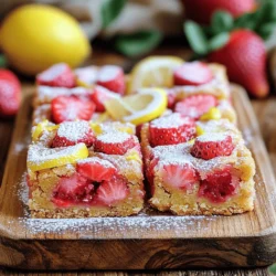 To make the perfect strawberry lemon blondies, you need simple ingredients. Here’s what you’ll need: - 1 cup unsalted butter, melted - 1 cup brown sugar, packed - 1/2 cup granulated sugar - 2 large eggs - 2 cups all-purpose flour These ingredients form the base of your blondies. The butter adds richness, while the sugars provide sweetness. The eggs help bind everything together, and the flour gives the blondies their structure. To take your blondies to the next level, add these flavor enhancers: - Zest of 1 large lemon - 1/4 cup freshly squeezed lemon juice - 1 cup fresh strawberries, hulled and finely diced - 1/2 cup white chocolate chips (optional) The lemon zest and juice bring a bright, citrus flavor. Fresh strawberries add a juicy sweetness. If you like, white chocolate chips can add a creamy touch that balances the tartness of the lemon. Gather these tools to make your baking smooth: - Mixing bowls - Whisk and spatula - 9x13 inch baking pan Having the right tools makes baking easier and more fun. Mixing bowls help combine the ingredients well. A whisk and spatula ensure everything is mixed evenly. The 9x13 inch baking pan gives your blondies a nice shape and size. For the complete recipe, check the Full Recipe section. Happy baking! First, let’s get our baking pan ready. Grease a 9x13 inch pan with butter. You can also line it with parchment paper for easy removal. This helps the blondies come out neatly later. Now, preheat your oven to 350°F (175°C). This temperature is perfect for baking our treats. Next, we’ll mix the wet ingredients. In a large bowl, whisk together melted butter, brown sugar, and granulated sugar. Blend until smooth and creamy. Make sure there are no lumps. Now, add the eggs one at a time. Whisk well after each egg. Finally, mix in the vanilla extract, ensuring it’s fully combined with the other ingredients. Now, it’s time for the dry ingredients. In a separate bowl, sift together all-purpose flour, baking powder, baking soda, and fine sea salt. Sifting helps remove clumps and evenly distributes the leavening agents. Gradually add this dry mix to the wet mixture. Stir gently until just combined. Be careful not to overmix; this keeps the blondies soft. Let’s add the fun flavors! Gently fold in the lemon zest, freshly squeezed lemon juice, and diced strawberries. If you want, add white chocolate chips for extra sweetness. Use a spatula or a large spoon, and be careful not to break the strawberries. This batter should smell amazing! Pour the batter into your prepared baking pan. Use a spatula to spread it evenly. Bake in the preheated oven for 25-30 minutes. To check if they are done, insert a toothpick into the center. It should come out clean or with a few moist crumbs. Once baked, let them cool in the pan for about 10 minutes, then transfer to a wire rack. Let them cool completely before cutting into squares. For the full recipe, check the details above. Enjoy your sweet creations! To get the best texture in your strawberry lemon blondies, avoid overmixing. When you mix the wet and dry ingredients, stir gently. This keeps your blondies from becoming tough. Remember, a few lumps are okay. They will bake out. Check for doneness by inserting a toothpick into the center. It should come out clean or with a few moist crumbs. If it comes out wet, they need more time. Each oven is different, so keep an eye on them. You can add extra zest for more flavor. Try lime or orange zest alongside lemon. This gives a nice twist to your blondies. When picking strawberries, choose ripe ones. They should be bright red and firm. Frozen strawberries work too, but fresh ones give the best taste. Serve your blondies on a lovely platter. Dust them lightly with powdered sugar. This makes them look fancy and inviting. For garnishing, add fresh strawberry slices on top. A sprinkle of lemon zest adds color and flair. These simple touches make your blondies even more delightful. Enjoy them with friends or family! For the complete recipe, check out the Full Recipe section. {{image_4}} You can easily adjust this recipe to fit different diets. For a gluten-free option, swap all-purpose flour with a gluten-free blend. Make sure the blend has xanthan gum for proper texture. This change allows everyone to enjoy these blondies without worry. If you want a vegan alternative, replace the eggs with flaxseed meal. Mix 1 tablespoon of flaxseed meal with 2.5 tablespoons of water for each egg. Let it sit for a few minutes to thicken. Use a plant-based butter for a creamy base. These modifications keep the flavor while making them suitable for more diets. You can explore other fruits in this recipe. Try raspberries or blueberries for a fun twist. They bring a unique taste and color to the blondies. You might also want to add nuts like walnuts or pecans for crunch. They add texture and enhance the overall flavor. If you love chocolate, consider mixing in dark chocolate chips or cocoa powder. This adds richness to your strawberry lemon blondies. You’ll have a delightful mix of flavors that everyone will love. You can change the recipe for different seasons. For holiday-themed blondies, add spices like cinnamon or nutmeg. They bring warm flavors perfect for fall or winter celebrations. During spring and summer, use fresh peaches or cherries. Their sweetness brightens up the blondies. Think about using pumpkin in the fall for a seasonal treat. Adjust the lemon juice and zest to balance the flavors. This way, you’ll have a festive dessert anytime of the year. To keep strawberry lemon blondies fresh, you have two main options: room temperature or refrigeration. - Room Temperature: Store blondies in an airtight container. They stay fresh for about 3 to 4 days. This method works well if you plan to eat them quickly. - Refrigerator: If you want them to last longer, place them in the fridge. They can stay fresh for up to a week. Just remember that cold blondies may lose some softness. Using containers is key for freshness. Choose a container that seals well. This will keep the blondies moist and tasty. How do you freeze blondies? Simply wrap each blondie in plastic wrap. Then, place them in a freezer-safe bag or container. This method helps prevent freezer burn. - How to freeze blondies: Make sure to remove as much air as possible. Label the bag with the date. They can be frozen for up to three months. For thawing, take a blondie out and let it sit at room temperature for about 30 minutes. If you want a warm treat, you can pop it in the microwave for just a few seconds. Following these steps ensures your strawberry lemon blondies stay delicious and ready to enjoy from the first bite to the last! For the full recipe, check out the details above. To check if your blondies are done, look for these signs: - The edges should be golden brown. - The center should be set but slightly soft. - A toothpick inserted in the center should come out clean or with a few moist crumbs. These signs mean your blondies are ready to enjoy! Yes, you can substitute some ingredients in this recipe. Here are common substitutions: - Use coconut oil instead of butter for a dairy-free option. - Swap brown sugar with coconut sugar for a different flavor. - You can replace eggs with flax eggs for a vegan option. - Instead of white chocolate chips, try dark chocolate chips for a richer taste. Strawberry lemon blondies last about 3 to 5 days at room temperature. Store them in an airtight container. If you want them to last longer, refrigerate them for up to a week. For even longer storage, freeze them for up to three months. To cut your blondies into even squares, follow these tips: - Let them cool completely before cutting. - Use a sharp knife or a bench scraper for clean cuts. - Wipe the knife with a damp cloth between cuts for neat edges. - Cut into squares or rectangles for a lovely presentation. For the full recipe, check out the details above! In summary, we explored the key ingredients and tools you need for delicious blondies. We covered every step, from mixing wet and dry ingredients to baking and checking for doneness. I shared useful tips to improve texture and flavor. Plus, we discussed fun variations and storage methods. Remember, making blondies should be enjoyable. Use fresh ingredients and have fun with flavors. Soon, you'll create treats everyone loves. Happy baking!