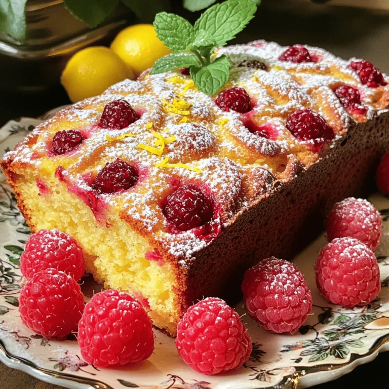 To make this delightful Raspberry Lemon Loaf Cake, you need: - 1 cup fresh raspberries - 1 ½ cups all-purpose flour - 1 cup granulated sugar - ½ cup unsalted butter, softened - 3 large eggs, at room temperature - ½ cup buttermilk, at room temperature - Zest of 1 large lemon (about 1 tablespoon) - 2 tablespoons fresh lemon juice - 1 teaspoon pure vanilla extract - ½ teaspoon baking powder - ½ teaspoon baking soda - ¼ teaspoon salt - Optional: Powdered sugar for dusting If you’re missing an ingredient, don’t worry! Here are some swaps: - Buttermilk: Use regular milk mixed with a little lemon juice. - Unsalted Butter: You can use coconut oil or vegetable oil. - Granulated Sugar: Try coconut sugar or honey for a different taste. - Fresh Raspberries: You can swap them with blueberries or blackberries. - Eggs: Use flaxseed meal mixed with water for a vegan option. Fresh ingredients make a big difference in flavor! Using ripe raspberries brings out their sweet and tart notes. Fresh lemon zest is key for that bright citrus taste. When your ingredients are fresh, your cake will shine. It will taste better and look more appealing. So, always choose the best quality for a perfect loaf! First, gather your ingredients. You will need fresh raspberries, sugar, flour, butter, eggs, buttermilk, lemon zest, lemon juice, vanilla extract, baking powder, baking soda, and salt. Prepare your 9x5-inch loaf pan by greasing it and lining it with parchment paper. This makes removal easier later. 1. Preheat your oven to 350°F (175°C). 2. Cream the butter and sugar: In a large bowl, mix butter and sugar until light and fluffy, about 3-4 minutes. 3. Add the eggs: Beat in the eggs one at a time. Mix well after each addition. Then, stir in lemon zest, lemon juice, and vanilla until combined. 4. Mix the dry ingredients: In a separate bowl, whisk together flour, baking powder, baking soda, and salt. 5. Combine wet and dry: Gradually add the dry mix to the wet mix, alternating with buttermilk. Start and end with flour. Mix just until combined. 6. Fold in raspberries: Gently add fresh raspberries. Use a spatula to avoid crushing them. 7. Transfer to pan: Pour the batter into the prepared pan and smooth the top. 8. Bake the loaf: Put it in the oven and bake for 50-60 minutes. 9. Check for doneness: Insert a toothpick into the center. It should come out clean or with a few moist crumbs. 10. Cool the loaf: Allow it to cool in the pan for 10 minutes, then move it to a wire rack. To check if your loaf is done, look for a golden-brown top. The toothpick method is key. If it comes out with wet batter, keep baking. If it has a few crumbs, it's perfect. Remember, overbaking can make it dry. Enjoy your Raspberry Lemon Loaf Cake with a dusting of powdered sugar on top for a lovely finish! For the full recipe, check [Full Recipe]. When baking your raspberry lemon loaf cake, a few simple mistakes can happen. First, do not skip the creaming step. Beating the butter and sugar well helps make the loaf light. Also, ensure your eggs and buttermilk are at room temperature. Cold ingredients can lead to a dense loaf. Lastly, watch your mixing. Overmixing can ruin the cake's texture, making it tough instead of fluffy. To achieve a fluffy texture, always cream the butter and sugar until light and airy. This can take about three to four minutes. Use a spatula to fold in the raspberries gently. This keeps the air in your batter. Also, alternate adding your dry and wet ingredients. This method helps maintain airiness in the batter. Remember, stop mixing as soon as you see no dry flour. Pair your raspberry lemon loaf cake with delightful flavors. A dollop of whipped cream adds a creamy touch. Fresh mint leaves can brighten the dish. You can also serve it with a side of lemon curd for extra zest. For drinks, a warm cup of tea or coffee works well. The warmth complements the cake's sweet and tangy notes perfectly. For the full recipe, check the section above. {{image_4}} You can easily make a gluten-free version of this cake. Use a gluten-free flour blend instead of all-purpose flour. Make sure it has a good mix of starches and proteins. This swap keeps the loaf soft and moist. You may also want to add a bit of xanthan gum if your blend does not include it. This will help bind the ingredients together. To make this loaf vegan, replace the eggs with flaxseed meal or applesauce. Use 1 tablespoon of flaxseed meal mixed with 2.5 tablespoons of water for each egg. Also, switch the butter for a plant-based butter or coconut oil. Instead of buttermilk, use almond milk or soy milk mixed with a little vinegar for acidity. These changes will keep flavors bright and fresh. Feel free to experiment with flavors! You can add nuts like walnuts or almonds for a crunch. Chocolate chips can also make a tasty twist, adding sweetness to the tartness of the lemon and raspberries. For a bit of spice, consider a touch of cinnamon or ginger. These additions give your loaf a unique flavor profile. For the full recipe, check out the detailed steps and enjoy making your own Raspberry Lemon Loaf Cake! To keep your Raspberry Lemon Loaf Cake fresh, store it in an airtight container. This helps to keep moisture in and prevents it from drying out. You can also wrap the loaf tightly in plastic wrap. Make sure it cools completely before wrapping. This will help preserve its delicious flavor and texture. If you want to enjoy your loaf later, freezing is a great option. First, slice the loaf into pieces. Then, wrap each slice in plastic wrap. Place the wrapped slices in a freezer-safe bag or container. You can freeze the loaf for up to three months. When you want a slice, simply thaw it at room temperature or heat it in the microwave for a quick treat. When stored properly, Raspberry Lemon Loaf Cake lasts about 3-4 days at room temperature. If you keep it in the fridge, it can last up to a week. However, the best taste comes when it’s fresh. For the full recipe and more tips, check out the [Full Recipe]. Enjoy your baking! Yes, you can use frozen raspberries. Just make sure to thaw and drain them first. This helps avoid extra moisture in your loaf. If you add them frozen, they may break apart more in the batter. Fresh raspberries will give you a better look and taste. To boost the lemon flavor, you can add more lemon zest and juice. Try using the zest of two lemons instead of one. You can also mix in a bit of lemon extract for a stronger taste. Just be careful not to add too much, as it can become bitter. Serving it warm is always a treat! You can slice the loaf and dust it with powdered sugar for a nice touch. Pair it with tea or coffee for a nice afternoon snack. You might also add fresh raspberries or a dollop of whipped cream for a special twist. Check the color and texture. If your loaf is dark brown or dry, it may be overbaked. You can also use a toothpick to test it. If it comes out clean, it’s done, but if it has dry crumbs or is too hard, it may have baked too long. Always keep an eye on the time while baking! For the full recipe, check out the detailed instructions above. Raspberry lemon loaf cake combines fresh ingredients, simple steps, and tips for success. We explored ingredient swaps, baking methods, and ways to enhance flavor. You now have easy variations and smart storage tips. Use these lessons to craft a tasty loaf every time. Enjoy your baking journey and share your creations with others. Happy baking!