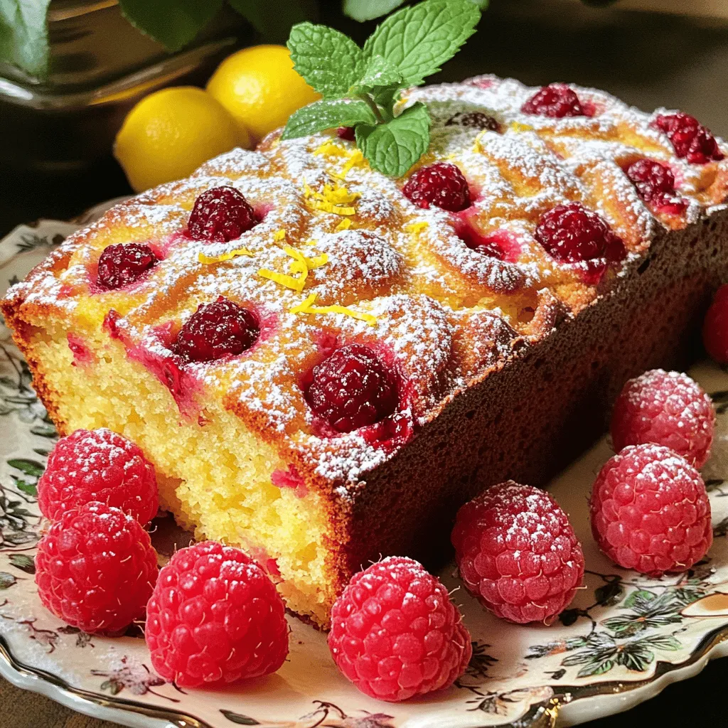 To make this delightful Raspberry Lemon Loaf Cake, you need: - 1 cup fresh raspberries - 1 ½ cups all-purpose flour - 1 cup granulated sugar - ½ cup unsalted butter, softened - 3 large eggs, at room temperature - ½ cup buttermilk, at room temperature - Zest of 1 large lemon (about 1 tablespoon) - 2 tablespoons fresh lemon juice - 1 teaspoon pure vanilla extract - ½ teaspoon baking powder - ½ teaspoon baking soda - ¼ teaspoon salt - Optional: Powdered sugar for dusting If you’re missing an ingredient, don’t worry! Here are some swaps: - Buttermilk: Use regular milk mixed with a little lemon juice. - Unsalted Butter: You can use coconut oil or vegetable oil. - Granulated Sugar: Try coconut sugar or honey for a different taste. - Fresh Raspberries: You can swap them with blueberries or blackberries. - Eggs: Use flaxseed meal mixed with water for a vegan option. Fresh ingredients make a big difference in flavor! Using ripe raspberries brings out their sweet and tart notes. Fresh lemon zest is key for that bright citrus taste. When your ingredients are fresh, your cake will shine. It will taste better and look more appealing. So, always choose the best quality for a perfect loaf! First, gather your ingredients. You will need fresh raspberries, sugar, flour, butter, eggs, buttermilk, lemon zest, lemon juice, vanilla extract, baking powder, baking soda, and salt. Prepare your 9x5-inch loaf pan by greasing it and lining it with parchment paper. This makes removal easier later. 1. Preheat your oven to 350°F (175°C). 2. Cream the butter and sugar: In a large bowl, mix butter and sugar until light and fluffy, about 3-4 minutes. 3. Add the eggs: Beat in the eggs one at a time. Mix well after each addition. Then, stir in lemon zest, lemon juice, and vanilla until combined. 4. Mix the dry ingredients: In a separate bowl, whisk together flour, baking powder, baking soda, and salt. 5. Combine wet and dry: Gradually add the dry mix to the wet mix, alternating with buttermilk. Start and end with flour. Mix just until combined. 6. Fold in raspberries: Gently add fresh raspberries. Use a spatula to avoid crushing them. 7. Transfer to pan: Pour the batter into the prepared pan and smooth the top. 8. Bake the loaf: Put it in the oven and bake for 50-60 minutes. 9. Check for doneness: Insert a toothpick into the center. It should come out clean or with a few moist crumbs. 10. Cool the loaf: Allow it to cool in the pan for 10 minutes, then move it to a wire rack. To check if your loaf is done, look for a golden-brown top. The toothpick method is key. If it comes out with wet batter, keep baking. If it has a few crumbs, it's perfect. Remember, overbaking can make it dry. Enjoy your Raspberry Lemon Loaf Cake with a dusting of powdered sugar on top for a lovely finish! For the full recipe, check [Full Recipe]. When baking your raspberry lemon loaf cake, a few simple mistakes can happen. First, do not skip the creaming step. Beating the butter and sugar well helps make the loaf light. Also, ensure your eggs and buttermilk are at room temperature. Cold ingredients can lead to a dense loaf. Lastly, watch your mixing. Overmixing can ruin the cake's texture, making it tough instead of fluffy. To achieve a fluffy texture, always cream the butter and sugar until light and airy. This can take about three to four minutes. Use a spatula to fold in the raspberries gently. This keeps the air in your batter. Also, alternate adding your dry and wet ingredients. This method helps maintain airiness in the batter. Remember, stop mixing as soon as you see no dry flour. Pair your raspberry lemon loaf cake with delightful flavors. A dollop of whipped cream adds a creamy touch. Fresh mint leaves can brighten the dish. You can also serve it with a side of lemon curd for extra zest. For drinks, a warm cup of tea or coffee works well. The warmth complements the cake's sweet and tangy notes perfectly. For the full recipe, check the section above. {{image_4}} You can easily make a gluten-free version of this cake. Use a gluten-free flour blend instead of all-purpose flour. Make sure it has a good mix of starches and proteins. This swap keeps the loaf soft and moist. You may also want to add a bit of xanthan gum if your blend does not include it. This will help bind the ingredients together. To make this loaf vegan, replace the eggs with flaxseed meal or applesauce. Use 1 tablespoon of flaxseed meal mixed with 2.5 tablespoons of water for each egg. Also, switch the butter for a plant-based butter or coconut oil. Instead of buttermilk, use almond milk or soy milk mixed with a little vinegar for acidity. These changes will keep flavors bright and fresh. Feel free to experiment with flavors! You can add nuts like walnuts or almonds for a crunch. Chocolate chips can also make a tasty twist, adding sweetness to the tartness of the lemon and raspberries. For a bit of spice, consider a touch of cinnamon or ginger. These additions give your loaf a unique flavor profile. For the full recipe, check out the detailed steps and enjoy making your own Raspberry Lemon Loaf Cake! To keep your Raspberry Lemon Loaf Cake fresh, store it in an airtight container. This helps to keep moisture in and prevents it from drying out. You can also wrap the loaf tightly in plastic wrap. Make sure it cools completely before wrapping. This will help preserve its delicious flavor and texture. If you want to enjoy your loaf later, freezing is a great option. First, slice the loaf into pieces. Then, wrap each slice in plastic wrap. Place the wrapped slices in a freezer-safe bag or container. You can freeze the loaf for up to three months. When you want a slice, simply thaw it at room temperature or heat it in the microwave for a quick treat. When stored properly, Raspberry Lemon Loaf Cake lasts about 3-4 days at room temperature. If you keep it in the fridge, it can last up to a week. However, the best taste comes when it’s fresh. For the full recipe and more tips, check out the [Full Recipe]. Enjoy your baking! Yes, you can use frozen raspberries. Just make sure to thaw and drain them first. This helps avoid extra moisture in your loaf. If you add them frozen, they may break apart more in the batter. Fresh raspberries will give you a better look and taste. To boost the lemon flavor, you can add more lemon zest and juice. Try using the zest of two lemons instead of one. You can also mix in a bit of lemon extract for a stronger taste. Just be careful not to add too much, as it can become bitter. Serving it warm is always a treat! You can slice the loaf and dust it with powdered sugar for a nice touch. Pair it with tea or coffee for a nice afternoon snack. You might also add fresh raspberries or a dollop of whipped cream for a special twist. Check the color and texture. If your loaf is dark brown or dry, it may be overbaked. You can also use a toothpick to test it. If it comes out clean, it’s done, but if it has dry crumbs or is too hard, it may have baked too long. Always keep an eye on the time while baking! For the full recipe, check out the detailed instructions above. Raspberry lemon loaf cake combines fresh ingredients, simple steps, and tips for success. We explored ingredient swaps, baking methods, and ways to enhance flavor. You now have easy variations and smart storage tips. Use these lessons to craft a tasty loaf every time. Enjoy your baking journey and share your creations with others. Happy baking!