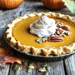 To make the best Vegan Pumpkin Pie, you need the following ingredients: - 1 ½ cups pumpkin puree (fresh or canned) - 1 cup full-fat coconut milk - ¾ cup pure maple syrup - ¼ cup packed brown sugar - 1 tablespoon cornstarch - 1 teaspoon pure vanilla extract - 1 teaspoon ground cinnamon - ½ teaspoon ground nutmeg - ½ teaspoon ground ginger - ¼ teaspoon ground allspice - ¼ teaspoon fine sea salt - 1 pre-made vegan pie crust (store-bought or homemade) You might wonder if you can swap any of these ingredients. Yes, you can! If you don't have coconut milk, any other plant-based milk works. Almond or soy milk is a good choice. Just make sure to use a thicker variety to keep the pie creamy. For the sweeteners, you can replace maple syrup with agave nectar or date syrup. If you want a less sweet pie, use less brown sugar. When sourcing ingredients, look for organic pumpkin puree. You will taste the difference. Check for high-quality maple syrup as well. A pure syrup adds a rich flavor. If you prefer to make your own pumpkin puree, it's simple! Just roast a small pumpkin and blend it until smooth. This vegan pumpkin delight will shine with fresh, quality ingredients. Follow the [Full Recipe] for more tips on bringing this pie to life! 1. Preheat the Oven: First, set your oven to 350°F (175°C). This step is key for even baking. 2. Prepare the Pie Crust: If you use a store-bought vegan pie crust, follow the package instructions. If making your own, roll it out and fit it into your pie dish. Make sure it is even and smooth. 3. Mix the Pumpkin Filling: In a large bowl, add 1 ½ cups of pumpkin puree, 1 cup of full-fat coconut milk, ¾ cup of pure maple syrup, and ¼ cup of brown sugar. Whisk these ingredients well until the mixture is creamy and smooth. 4. Incorporate Spices and Thickeners: Slowly add 1 tablespoon of cornstarch, 1 teaspoon of pure vanilla extract, 1 teaspoon of ground cinnamon, ½ teaspoon of ground nutmeg, ½ teaspoon of ground ginger, ¼ teaspoon of ground allspice, and ¼ teaspoon of fine sea salt to the pumpkin mix. Stir until everything blends evenly. This step gives the pie its amazing flavor. 5. Fill the Pie Crust: Carefully pour your pumpkin filling into the prepared pie crust. Use a spatula to smooth out the top, making it look nice and even. 1. Baking the Pie: Place your filled pie in the oven. Bake for 50 to 60 minutes. Look for a filling that is set and a crust that’s light golden brown. The pie should not jiggle when you gently shake it. 2. Using a Pie Shield: To prevent the crust from burning, you can use a pie shield. This tool wraps around the crust edges and keeps them from browning too fast. If you don't have one, you can use strips of aluminum foil. 1. Cooling the Pie: Once baked, take the pie out of the oven. Let it cool on a wire rack for at least 1 hour. This helps the pie firm up nicely. 2. Refrigeration for Flavor: For the best taste, place the pie in the fridge for a few hours or overnight. This helps the flavors mix and deepen. 3. Serving the Pie: To slice, use a sharp knife. Clean the knife between slices for neat cuts. Serve each slice with coconut whipped cream and a sprinkle of cinnamon for a festive look. Enjoy your Vegan Pumpkin Delight Pie! When making vegan pumpkin pie, avoid a few common mistakes. - Using too much liquid: Too much coconut milk can make your pie runny. Stick to the recipe for best results. - Skipping the cooling time: Don’t rush this step. Cooling helps the pie to set and taste better. - Not testing the pie: To check if your pie is done, gently shake it. If the filling jiggles slightly in the center, it’s ready. To make your pie even more tasty, consider these spice additions: - Extra cinnamon: Add a pinch more for warmth. - Maple extract: A splash can deepen the sweetness. - Vanilla bean: Use fresh beans for a rich flavor. For garnishes, you have plenty of options: - Coconut whipped cream: A dollop adds creaminess. - Cinnamon dusting: Sprinkle on top for a festive look. - Toasted nuts: Pecans or walnuts provide crunch. These enhancements will elevate your vegan pumpkin pie. Enjoy your baking journey with the full recipe! {{image_4}} To make a gluten-free pumpkin pie, you need to choose the right crust. Look for pre-made gluten-free pie crusts in stores. You can also make your own crust using almond flour or a gluten-free blend. When using gluten-free ingredients, you may need to adjust cooking times. Gluten-free crusts can bake faster. Keep an eye on the edges to prevent burning. For a no-bake pumpkin pie, here’s what you need: - 1 ½ cups pumpkin puree - 1 cup full-fat coconut milk - ¾ cup pure maple syrup - 1 tablespoon cornstarch - 1 teaspoon pure vanilla extract - 1 teaspoon ground cinnamon - ¼ teaspoon fine sea salt - 1 pre-made vegan pie crust (gluten-free if needed) Instructions: 1. Mix filling: In a bowl, combine pumpkin puree, coconut milk, maple syrup, and cornstarch. Whisk until smooth. 2. Add spices: Stir in vanilla, cinnamon, and salt. Mix well. 3. Fill the crust: Pour the mixture into the crust. Smooth the top with a spatula. 4. Chill: Refrigerate for at least 4 hours or until firm. This chilled dessert is perfect for hot days. You can add fun twists to your pumpkin pie! Try mixing in chocolate chips for a sweet surprise. You can also add chai spices like cardamom and clove for a warm kick. For added texture, fold in chopped nuts like pecans or walnuts. You can also mix in dried fruits, such as cranberries or raisins, for a burst of flavor. Explore these variations to make your vegan pumpkin pie unique and delicious. For the full recipe, check out the Vegan Pumpkin Delight Pie. To keep your vegan pumpkin pie fresh, refrigerate it. First, let the pie cool completely. Then, cover it loosely with plastic wrap or use an airtight container. This helps keep the moisture in while letting it breathe. In the fridge, your pie stays fresh for about 4 to 5 days. Check for any signs of spoilage before serving. If it starts to smell off or look strange, it’s best to toss it. Freezing your pie is a great option for longer storage. To freeze, wrap the pie tightly in plastic wrap and then in aluminum foil. This double layer helps prevent freezer burn. You can freeze it for up to 2 months. When you’re ready to enjoy it again, take the pie out of the freezer. Let it thaw in the fridge overnight for the best results. To reheat, place it in a 350°F oven for about 15 to 20 minutes. This warms the pie without losing its creamy texture. For the best taste, enjoy your pie fresh. But these storage tips will help you keep it tasty longer! Don't forget to check out the Full Recipe for more details! What is a good substitute for pumpkin puree? If you cannot find pumpkin puree, consider using butternut squash puree. You can also use sweet potato puree. Both will give a similar taste and texture. Can I use a different type of milk? Yes, you can use almond milk or soy milk. These options will change the flavor slightly, but they work well. How do I know when the pie is fully baked? Check the pie after 50 minutes. It is done when the filling looks set and not wobbly. The edges of the crust should be a light golden brown. Nutritional highlights of vegan pumpkin pie Vegan pumpkin pie is rich in vitamins A and C. It is low in saturated fat and has no cholesterol. One slice offers a good amount of fiber, which is great for digestion. Potential health benefits of key ingredients, such as pumpkin and coconut milk Pumpkin is packed with antioxidants. It helps support eye health and boosts your immune system. Coconut milk adds healthy fats, which can improve heart health. This combination makes vegan pumpkin pie a tasty and nutritious treat. This blog post covered how to make a delicious vegan pumpkin pie. We explored ingredients, cooking steps, and tips for making it perfect. You learned about crust options, filling techniques, and ways to enhance flavors. Don’t forget the fun variations, like gluten-free and no-bake choices. Lastly, proper storage keeps your pie fresh longer. Enjoy bringing this tasty treat to your table. Happy baking!