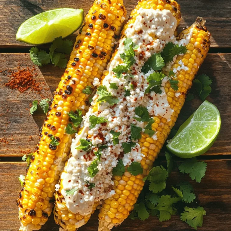 To make Grilled Mexican Street Corn, you need: - 4 ears of fresh corn, husked - 1/2 cup mayonnaise - 1/2 cup crème fraîche (or substitute with sour cream) - 1 cup cotija cheese, crumbled - 1 tablespoon chili powder - 1 teaspoon garlic powder - 2 tablespoons fresh lime juice - Salt, to taste - Fresh cilantro, finely chopped (for garnish) - Lime wedges (for serving) If you can't find some fresh ingredients, don't worry! You can make easy swaps: - Use Greek yogurt instead of crème fraîche or sour cream. - For cotija cheese, try feta cheese or Parmesan. - If you want a different spice, use paprika or cayenne instead of chili powder. These swaps keep the dish tasty and fun! Fresh corn makes a big difference in flavor. It tastes sweet and crunchy. When you use fresh corn, you get that juicy bite. Canned or frozen corn won't have the same taste or texture. Fresh corn also cooks evenly on the grill. You want the kernels to char slightly, which adds depth. Always choose fresh corn when making this dish! First, preheat your grill to medium-high heat. A hot grill helps the corn cook evenly. While the grill heats, husk the corn. Remove all the silk strands to show the fresh kernels. This step ensures a clean bite. Once ready, place the corn on the grill. Grill it for about 8-10 minutes. Turn the corn every couple of minutes. This helps to get nice, even grill marks and prevents burning. You will know it’s done when the kernels are tender and slightly charred. In a medium bowl, mix mayonnaise and crème fraîche. If you don’t have crème fraîche, sour cream works too. Add the lime juice, chili powder, garlic powder, and salt. Whisk it all together until smooth. This mixture brings rich flavor to the corn. Make sure to coat every ear of corn well. You want every bite to burst with flavor! To get the best grill marks, make sure your grill grates are clean. Clean grates help prevent sticking. When you place the corn on the grill, do not move it too much. Let it sit for a couple of minutes before turning. This time allows those beautiful grill marks to form. If you want a bit more char, you can leave it for a little longer. Just watch closely to avoid burning! Feel free to dive deeper into the [Full Recipe] for all the details and tips you need! Grilling corn is all about heat and timing. First, preheat your grill to medium-high. Make sure the grates are clean. This helps prevent sticking and makes nice grill marks. Turn the corn every few minutes. This keeps it from burning and cooks it evenly. Aim for about 8-10 minutes of grilling. You want it tender with a bit of char for that smoky flavor. You can easily tweak the flavors of your grilled corn. Start with the mayonnaise mix. Add more lime juice for tang or extra chili powder for heat. If you love garlic, toss in more garlic powder. Try adding toppings like crumbled feta or diced jalapeños for a twist. You can even swap cotija cheese with a different cheese to change the flavor profile. Grilled Mexican street corn pairs well with many dishes. Consider serving it with tacos, grilled meats, or a fresh salad. For drinks, cold beverages work best. A chilled cerveza (beer) or a refreshing agua fresca complements the corn nicely. If you prefer non-alcoholic options, try a limeade or sparkling water with a splash of fruit juice. Explore the [Full Recipe] for more details to create this delicious dish! {{image_4}} You can switch up your grilled Mexican street corn with fun toppings. Try adding crumbled feta cheese for a tangy twist. It pairs well with the creamy sauce. You can also add sliced jalapeños for heat. They bring a nice crunch and spice to each bite. Just sprinkle these toppings on right after grilling for the best taste. If you're looking for non-dairy choices, I have great suggestions. Use cashew cream instead of mayonnaise and crème fraîche. Blend soaked cashews with lime juice and a bit of water until smooth. This gives you a rich and creamy sauce. You can also try avocado for a fresh flavor. Mash ripe avocado with lime and spices for a tasty dip. Both options work well and keep the dish light. Changing ingredients with the seasons can keep your grilled corn exciting. In summer, add fresh herbs like basil or mint. Their bright flavors lift the dish. In fall, try adding pumpkin spice to the sauce for a cozy taste. You can even toss in roasted red peppers for winter. They add sweetness and a pop of color. These seasonal tweaks let you enjoy grilled corn all year. For more inspiration, check the full recipe for ideas. To keep leftover grilled corn fresh, wrap each ear in plastic wrap. This protects the corn from drying out. You can also place the corn in an airtight container. Make sure to store it in the fridge. This method keeps the corn tasty for up to three days. To reheat grilled corn, use the grill or a stovetop. Heat your grill to medium. Place the corn on the grill for about five minutes. Turn it often for even heating. If using a stovetop, a skillet works well. Add a little butter for flavor. Heat on medium-low until warm. The shelf life of fresh corn is about one week in the fridge. Mayonnaise lasts about two months once opened. Crème fraîche stays fresh for about two weeks after opening. Cotija cheese can last up to two weeks in the fridge. Always check for signs of spoilage before using. You often serve Grilled Mexican Street Corn, or elote, on a stick. This keeps it easy to eat. You first coat the corn with a rich mix of mayo and crème fraîche. Next, you sprinkle crumbled cotija cheese on top. A dash of chili powder adds color and spice. Finally, garnish it with fresh cilantro and serve lime wedges on the side. This brightens up the flavors and gives a tangy kick. Yes, you can grill corn without husking it. This method keeps the corn moist and adds a smoky flavor. Start by soaking the corn in water for about 15-20 minutes. This prevents the husks from burning too quickly. Place the soaked corn directly on the grill. Grill it for about 20-25 minutes, turning it to cook evenly. Once cooked, husk it before serving to enjoy that tender corn. To spice up your Grilled Mexican Street Corn, add more chili powder to your mayo mixture. You can also sprinkle cayenne pepper for extra heat. For a fun twist, mix in diced jalapeños or hot sauce. Drizzle any spicy sauce over the corn once it's grilled. This allows you to control how spicy it gets. Adjust the flavors to match your taste, and enjoy! Grilled Mexican Street Corn is a delicious treat. We discussed the essential ingredients and the need for fresh corn. You learned how to grill corn perfectly and prepare a tasty mayo mix. We shared tips to customize flavors and pair with sides. Variations let you explore different toppings and seasonal ingredients. Proper storage helps you save leftovers and reheat without losing taste. Embrace these tips to enjoy this dish anytime. Experience the joy of grilling your corn and impress your friends!