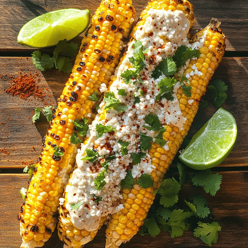To make Grilled Mexican Street Corn, you need: - 4 ears of fresh corn, husked - 1/2 cup mayonnaise - 1/2 cup crème fraîche (or substitute with sour cream) - 1 cup cotija cheese, crumbled - 1 tablespoon chili powder - 1 teaspoon garlic powder - 2 tablespoons fresh lime juice - Salt, to taste - Fresh cilantro, finely chopped (for garnish) - Lime wedges (for serving) If you can't find some fresh ingredients, don't worry! You can make easy swaps: - Use Greek yogurt instead of crème fraîche or sour cream. - For cotija cheese, try feta cheese or Parmesan. - If you want a different spice, use paprika or cayenne instead of chili powder. These swaps keep the dish tasty and fun! Fresh corn makes a big difference in flavor. It tastes sweet and crunchy. When you use fresh corn, you get that juicy bite. Canned or frozen corn won't have the same taste or texture. Fresh corn also cooks evenly on the grill. You want the kernels to char slightly, which adds depth. Always choose fresh corn when making this dish! First, preheat your grill to medium-high heat. A hot grill helps the corn cook evenly. While the grill heats, husk the corn. Remove all the silk strands to show the fresh kernels. This step ensures a clean bite. Once ready, place the corn on the grill. Grill it for about 8-10 minutes. Turn the corn every couple of minutes. This helps to get nice, even grill marks and prevents burning. You will know it’s done when the kernels are tender and slightly charred. In a medium bowl, mix mayonnaise and crème fraîche. If you don’t have crème fraîche, sour cream works too. Add the lime juice, chili powder, garlic powder, and salt. Whisk it all together until smooth. This mixture brings rich flavor to the corn. Make sure to coat every ear of corn well. You want every bite to burst with flavor! To get the best grill marks, make sure your grill grates are clean. Clean grates help prevent sticking. When you place the corn on the grill, do not move it too much. Let it sit for a couple of minutes before turning. This time allows those beautiful grill marks to form. If you want a bit more char, you can leave it for a little longer. Just watch closely to avoid burning! Feel free to dive deeper into the [Full Recipe] for all the details and tips you need! Grilling corn is all about heat and timing. First, preheat your grill to medium-high. Make sure the grates are clean. This helps prevent sticking and makes nice grill marks. Turn the corn every few minutes. This keeps it from burning and cooks it evenly. Aim for about 8-10 minutes of grilling. You want it tender with a bit of char for that smoky flavor. You can easily tweak the flavors of your grilled corn. Start with the mayonnaise mix. Add more lime juice for tang or extra chili powder for heat. If you love garlic, toss in more garlic powder. Try adding toppings like crumbled feta or diced jalapeños for a twist. You can even swap cotija cheese with a different cheese to change the flavor profile. Grilled Mexican street corn pairs well with many dishes. Consider serving it with tacos, grilled meats, or a fresh salad. For drinks, cold beverages work best. A chilled cerveza (beer) or a refreshing agua fresca complements the corn nicely. If you prefer non-alcoholic options, try a limeade or sparkling water with a splash of fruit juice. Explore the [Full Recipe] for more details to create this delicious dish! {{image_4}} You can switch up your grilled Mexican street corn with fun toppings. Try adding crumbled feta cheese for a tangy twist. It pairs well with the creamy sauce. You can also add sliced jalapeños for heat. They bring a nice crunch and spice to each bite. Just sprinkle these toppings on right after grilling for the best taste. If you're looking for non-dairy choices, I have great suggestions. Use cashew cream instead of mayonnaise and crème fraîche. Blend soaked cashews with lime juice and a bit of water until smooth. This gives you a rich and creamy sauce. You can also try avocado for a fresh flavor. Mash ripe avocado with lime and spices for a tasty dip. Both options work well and keep the dish light. Changing ingredients with the seasons can keep your grilled corn exciting. In summer, add fresh herbs like basil or mint. Their bright flavors lift the dish. In fall, try adding pumpkin spice to the sauce for a cozy taste. You can even toss in roasted red peppers for winter. They add sweetness and a pop of color. These seasonal tweaks let you enjoy grilled corn all year. For more inspiration, check the full recipe for ideas. To keep leftover grilled corn fresh, wrap each ear in plastic wrap. This protects the corn from drying out. You can also place the corn in an airtight container. Make sure to store it in the fridge. This method keeps the corn tasty for up to three days. To reheat grilled corn, use the grill or a stovetop. Heat your grill to medium. Place the corn on the grill for about five minutes. Turn it often for even heating. If using a stovetop, a skillet works well. Add a little butter for flavor. Heat on medium-low until warm. The shelf life of fresh corn is about one week in the fridge. Mayonnaise lasts about two months once opened. Crème fraîche stays fresh for about two weeks after opening. Cotija cheese can last up to two weeks in the fridge. Always check for signs of spoilage before using. You often serve Grilled Mexican Street Corn, or elote, on a stick. This keeps it easy to eat. You first coat the corn with a rich mix of mayo and crème fraîche. Next, you sprinkle crumbled cotija cheese on top. A dash of chili powder adds color and spice. Finally, garnish it with fresh cilantro and serve lime wedges on the side. This brightens up the flavors and gives a tangy kick. Yes, you can grill corn without husking it. This method keeps the corn moist and adds a smoky flavor. Start by soaking the corn in water for about 15-20 minutes. This prevents the husks from burning too quickly. Place the soaked corn directly on the grill. Grill it for about 20-25 minutes, turning it to cook evenly. Once cooked, husk it before serving to enjoy that tender corn. To spice up your Grilled Mexican Street Corn, add more chili powder to your mayo mixture. You can also sprinkle cayenne pepper for extra heat. For a fun twist, mix in diced jalapeños or hot sauce. Drizzle any spicy sauce over the corn once it's grilled. This allows you to control how spicy it gets. Adjust the flavors to match your taste, and enjoy! Grilled Mexican Street Corn is a delicious treat. We discussed the essential ingredients and the need for fresh corn. You learned how to grill corn perfectly and prepare a tasty mayo mix. We shared tips to customize flavors and pair with sides. Variations let you explore different toppings and seasonal ingredients. Proper storage helps you save leftovers and reheat without losing taste. Embrace these tips to enjoy this dish anytime. Experience the joy of grilling your corn and impress your friends!