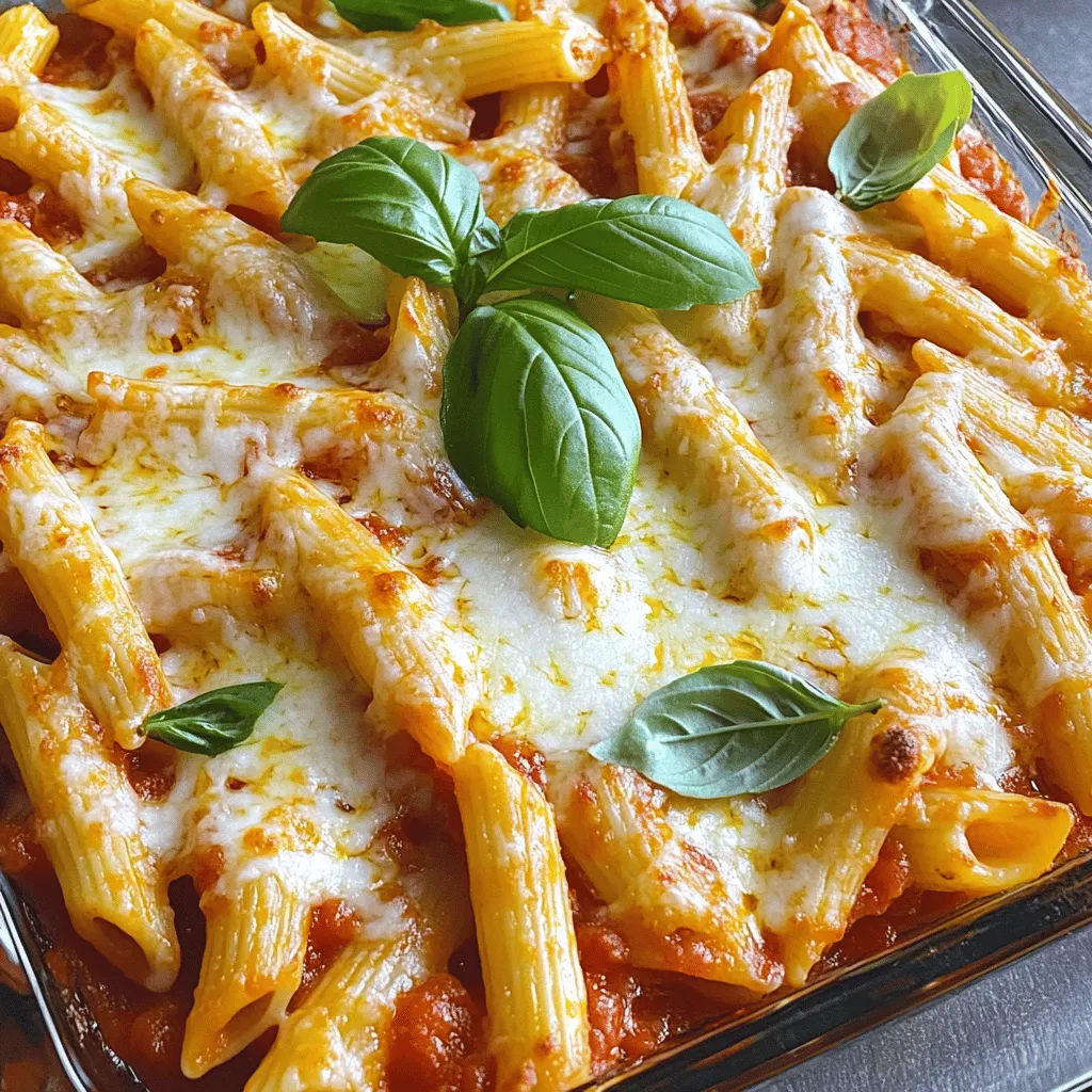 Cooking Cheesy Baked Penne is fun and easy! Here is what you need: - 12 oz penne pasta - 2 cups marinara sauce - 1 cup ricotta cheese - 1 cup shredded mozzarella cheese - 1 cup grated Parmesan cheese - 2 cloves garlic, minced - 1 teaspoon dried oregano - 1 teaspoon dried basil - 1/2 teaspoon red pepper flakes (optional) - Salt and pepper to taste - Fresh basil leaves for garnish These ingredients make the dish creamy and flavorful. The pasta is the star here, and it absorbs all the tasty sauce. The mix of ricotta, mozzarella, and Parmesan gives it that perfect cheesy goodness. You can adjust the spices to match your family's taste. If you like a kick, add the red pepper flakes! This recipe is great for family dinner night. You can find the full recipe with steps to create this dish. - Preheat the oven to 375°F (190°C). - Cook the penne pasta according to the package instructions. - Drain and cool the pasta. - In a bowl, mix the sauce ingredients. To start, preheating the oven is key. A hot oven helps the dish cook evenly. Then, boil salted water in a pot. Add the penne pasta and cook until it's just right, or al dente. This helps keep the pasta firm when baking. After cooking, drain the pasta and set it aside to cool. Next, grab a large mixing bowl. In it, combine the marinara sauce, ricotta cheese, minced garlic, dried oregano, and dried basil. If you like a little heat, add red pepper flakes. Sprinkle with salt and pepper. Mix well until smooth. This creamy sauce will coat the pasta perfectly. - Combine the pasta with the sauce. - Prepare the baking dish. - Layer the penne and cheeses. - Bake covered, then uncover and bake until golden. Now, fold the cooked penne into the sauce mixture. Stir gently, so every piece of pasta gets coated. Next, take a large baking dish. Grease it with non-stick spray or olive oil to prevent sticking. Spread half of the pasta mixture evenly in the dish. Now comes the cheese! Sprinkle half of the shredded mozzarella and half of the grated Parmesan on top. Then layer the remaining pasta mixture over this. Finish by topping with the rest of the mozzarella and Parmesan. This will give a nice cheesy crust. Cover the dish tightly with aluminum foil. Bake it in the preheated oven for 20 minutes. After that, remove the foil. Bake for another 10-15 minutes until the cheese is bubbly and golden. This is when it starts to smell amazing! - Let the dish rest before serving. - Garnish with fresh basil leaves. - Recommended serving styles: individual bowls or family-style. Once done, take the dish out of the oven. Let it rest for about 5 minutes. This helps the flavors mix well. Just before serving, sprinkle fresh basil leaves on top. They add a pop of color and flavor. You can serve the cheesy baked penne in individual bowls. Or, keep it family-style right in the baking dish. Pair it with a light salad to complete the meal. For the full recipe, check out the details above! - Achieving the best pasta texture: Cook your penne until it's al dente. This means it should be firm but not hard. Under-cooking it slightly lets the pasta soak up sauce without getting mushy. - Ensuring a balanced flavor with seasonings: Use dried oregano and basil to enhance taste. A touch of red pepper flakes adds heat. Adjust salt and pepper to suit your taste. Mix these well into your sauce for even flavor. - Tips for melting cheese perfectly: Layer your cheeses evenly. Combine mozzarella and Parmesan for a great melt. Cover your dish with foil during the first part of baking. This helps trap heat and moisture, making the cheese bubbly and golden. - Alternative cheeses for varied flavors: You can swap ricotta for cottage cheese for a lighter feel. Use smoked mozzarella for a unique taste. Try goat cheese for a tangy twist. - Marinara sauce substitutions: If you don't have marinara, use any tomato-based sauce. Alfredo sauce gives a creamy spin. Pesto can also be a fun option. - Gluten-free pasta options: Use gluten-free penne to keep it friendly for all diets. Look for brands made from rice or chickpeas for good texture. - Importance of al dente pasta: Cooking pasta just right ensures it holds up in the dish. Overcooked pasta turns mushy and affects the whole meal. - Proper layering for even baking: Start with a layer of penne, then cheese, and repeat. This helps distribute flavors and makes every bite cheesy. - Use of foil to retain moisture: Covering your dish with foil keeps moisture in. This step prevents the pasta from drying out while baking. Remove the foil towards the end for a nice, crispy top. For more details, check out the Full Recipe to create this tasty family dish! {{image_4}} You can easily make Cheesy Baked Penne even better with veggies. Adding spinach, mushrooms, or zucchini boosts flavor and nutrition. Just chop them up and mix them into the sauce. You can also switch up the sauce. Try pesto or alfredo for a new twist. Each sauce gives the dish a fresh taste. If you like meat, you have great options! Ground beef, sausage, or chicken work well. Brown the meat in a pan before adding it to the sauce. This adds a rich flavor. Make sure to drain any grease for a healthier meal. Adding spices and herbs can really elevate the taste. Try garlic powder, thyme, or Italian seasoning for extra kick. You can also mix different cheeses like gouda or cheddar for unique profiles. Each cheese brings its own flavor, making the dish special. For more ideas and a full recipe, check out the [Full Recipe]. To keep cheesy baked penne fresh, let it cool first. This helps avoid moisture buildup. Use airtight containers to store it. Glass or plastic containers with tight lids work best. They help keep the flavors intact. You can store leftovers in the fridge for up to three days. If you want to save it longer, consider freezing. When it's time to enjoy your leftovers, you want the best texture. The oven is great for this. Preheat it to 350°F (175°C). Place the penne in a baking dish. Add a splash of water or sauce to keep it moist. Cover with foil to prevent it from drying out. Bake for about 20 minutes. Check that the cheese is melted and bubbly. This way, you avoid sogginess and keep it tasty. Freezing cheesy baked penne is simple. Cut it into portions before freezing. This makes it easy to thaw just what you need. Wrap each portion tightly in plastic wrap, then place it in a freezer bag. Label the bag with the date. You can freeze it for up to three months. To thaw, move a portion to the fridge overnight. Reheat it in the oven as mentioned before. This keeps it creamy and delicious. Enjoy your cheesy baked penne anytime! How long does it take to cook Cheesy Baked Penne? It takes about 50 minutes to cook Cheesy Baked Penne. You spend 15 minutes prepping and about 35 minutes baking. Can I use a different type of pasta? Yes, you can use any pasta shape you like. Try rotini or elbow macaroni for fun twists. What can I serve with Cheesy Baked Penne? This dish pairs well with a fresh green salad. Garlic bread or steamed veggies make great sides too. What if my cheese doesn’t melt properly? If your cheese doesn’t melt, check your oven temperature. Ensure it's preheated to 375°F. How to know when the dish is done baking? Look for bubbly, golden cheese on top. A toothpick inserted should come out clean. What is the difference between ricotta and cottage cheese? Ricotta is creamier and less chunky than cottage cheese. It adds a smooth texture to the dish. Can I make this recipe ahead of time? Yes, you can assemble it a day before. Just cover it tightly and store in the fridge. When ready, bake it straight from the fridge. For the full recipe, check the earlier section. In this blog post, we covered how to make cheesy baked penne from start to finish. You learned the key ingredients and steps to create a delicious dish. I shared tips to perfect the pasta and suggested easy variations. Proper storing and reheating methods are vital to keep leftovers delightful. Exploring this recipe gives you a chance to be creative in the kitchen. Enjoy making this tasty meal for you and your loved ones!