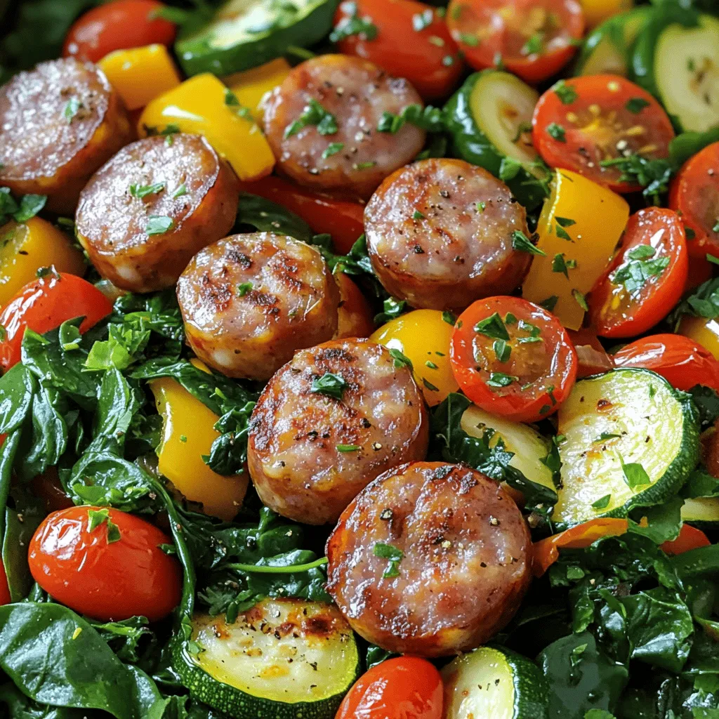 - 4 Italian sausages (chicken or turkey for lighter) - 1 medium bell pepper, diced - 1 medium zucchini, sliced into half-moons - 1 cup cherry tomatoes, halved - 1 red onion, thinly sliced - 2 cups fresh baby spinach - 2 cloves garlic, minced - 2 tablespoons extra virgin olive oil - 1 teaspoon dried oregano - 1 teaspoon smoked paprika - Sea salt and freshly cracked black pepper to taste - Fresh parsley, chopped The ingredients in this recipe are simple yet packed with flavor. The sausages bring a savory depth, while the fresh veggies add crunch and color. You can use chicken or turkey for a lighter meal. The bell pepper and zucchini balance the dish with sweetness and texture. Cherry tomatoes add juiciness, and red onion brings a hint of sharpness. For seasoning, garlic, olive oil, oregano, and smoked paprika enhance the dish. I love how these ingredients come together to create a quick, tasty meal. The fresh spinach adds a pop of green and nutrition. Don't forget to garnish with parsley for a fresh touch. If you want to see the full process, check out the Full Recipe. - Preheat a large skillet over medium heat. - Add 2 tablespoons of extra virgin olive oil to the skillet. - Once the oil is hot, add 4 Italian sausages to the pan. - Brown the sausages for about 5-7 minutes. - Make sure to turn them occasionally for even cooking. - Once cooked, the sausages should reach 160°F inside. - Remove the sausages from the skillet and set them aside on a plate. - In the same skillet, add 1 thinly sliced red onion. - Sauté the onion for 2-3 minutes until it is soft and translucent. - Next, add 1 diced bell pepper and 1 sliced zucchini. - Cook these vegetables for about 5 minutes, stirring now and then. - You want them to be tender but still bright in color. - Now, stir in 1 cup of halved cherry tomatoes and 2 minced garlic cloves. - Cook this mixture for another 2-3 minutes. - You want the tomatoes to soften and release their juices. - Slice the browned sausages into bite-sized pieces. - Return the sausage to the skillet along with 2 cups of fresh baby spinach. - Add 1 teaspoon of dried oregano, 1 teaspoon of smoked paprika, sea salt, and black pepper. - Gently toss everything together. - Cook for another 2-3 minutes until the spinach wilts. You can find more details in the Full Recipe for One-Pan Sausage Veggie Skillet. - Always ensure sausages are fully cooked. The internal temp should hit 160°F (70°C). - Use a large skillet to cook evenly and avoid overcrowding. - Experiment with different herbs like thyme or basil. They can add great depth. - A splash of balsamic vinegar can bring an extra zing to your dish. - Serve directly from the skillet. It adds a cozy and inviting touch. - Garnish with extra parsley or a drizzle of olive oil for a lovely finish. These tips will help you create a One-Pan Sausage Veggie Skillet that looks and tastes amazing. For the full recipe, check out the detailed instructions. {{image_4}} You can easily change the flavor of your One-Pan Sausage Veggie Skillet. First, try using different types of sausage, like chorizo or chicken sausage. Both can add a unique taste. Next, consider using seasonal vegetables. Asparagus in spring or broccoli in winter can freshen up the dish. You can mix and match to keep things exciting. If you want a vegan option, replace the sausage with plant-based sausage. Brands like Beyond Meat or Field Roast work well. For those needing gluten-free meals, choose specific sausage brands that are gluten-free. This way, you can enjoy the dish without worry. Want some heat? Add red pepper flakes while cooking. This will give your dish a nice kick. You can also add a dash of hot sauce when serving. Taste as you go to find your perfect spice level. Store any leftovers in an airtight container for up to 3 days. This keeps your meal fresh and ready for a quick bite. I love using glass containers, as they help me see the food inside and are easy to clean. When you're ready to enjoy again, reheat the skillet in a pan over medium heat. You can also use the microwave for a faster option. Just make sure to stir it occasionally to heat evenly. If you want to save some for later, freeze it for up to 2 months. Before reheating, make sure to thaw it properly in the fridge overnight. This will help the flavors blend nicely when you warm it up. For the best taste, avoid refreezing. For the full recipe, check out the One-Pan Sausage Veggie Skillet Delight! It takes 10 minutes to prep this dish. The total time is 25 minutes. You can have a hearty meal on the table in no time. This is perfect for busy days or quick dinners. Yes, you can use frozen vegetables. They work well in this dish. Just remember, frozen veggies may need a bit more cooking time. Keep an eye on them to ensure they heat through. I suggest serving it with crusty bread. A side salad also pairs nicely. Both options balance the meal and add freshness to your plate. Yes, it is a healthy choice. It has lean protein from the sausages. You also get plenty of vegetables, which boost nutrition. Enjoy this meal knowing it’s good for you. This dish combines simple ingredients for a tasty meal in no time. We used Italian sausage and fresh veggies, making it healthy and satisfying. You learned tips for cooking, storing, and personalizing your dish. Remember, you can swap ingredients and adjust flavors. Enjoy this fun recipe that brings family together around the table. I hope you try it and share your experience. Cooking should be easy, tasty, and enjoyable!