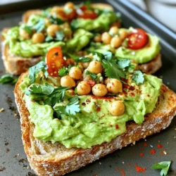 To make Smashed Avocado Chickpea Toast, you need these key items: - 2 ripe avocados - 1 can (15 oz) chickpeas, thoroughly drained and rinsed - 1 tablespoon creamy tahini - 1 tablespoon fresh lemon juice - 1 garlic clove, finely minced - Sea salt and freshly cracked black pepper, to taste - 4 slices of whole grain bread - ½ teaspoon smoked paprika for depth of flavor These ingredients combine to create a creamy, tasty base for your toast. Feel free to add these fun toppings for extra flavor and texture: - Red pepper flakes for heat - Halved cherry tomatoes for sweetness - Thin radish slices for crunch - Fresh herbs like cilantro or parsley, roughly chopped for garnish These options let you customize each bite to your liking. This dish gives you great nutrients. Here’s a quick look at what you get per serving: - Calories: About 250 - Protein: 9 grams - Fiber: 10 grams - Healthy fats: 15 grams This meal is not just tasty; it’s good for you too! It provides fiber, healthy fats, and protein, making it a smart choice for breakfast or lunch. You can find the full recipe for Smashed Avocado Chickpea Toast to try at home. Enjoy! Start by taking a mixing bowl. Add the drained chickpeas, tahini, lemon juice, minced garlic, and smoked paprika. Use a fork or potato masher to smash this mixture. Aim for a mostly smooth texture, but keep some chunks for fun. This mix brings a nutty and creamy taste. It also packs in protein, making your toast both filling and healthy. Next, grab a separate bowl. Cut the ripe avocados in half and scoop out the flesh with a spoon. Mash the avocado with a fork until it becomes creamy. Sprinkle in some sea salt and freshly cracked black pepper. This seasoning enhances the flavor and brings brightness to your dish. The creamy avocado pairs perfectly with the chickpea mixture. Now, it’s time for the bread. Take four slices of whole grain bread. Toast them using a toaster or on a skillet until they turn golden brown. You want them crunchy and warm. This crunch adds a nice contrast to the creamy toppings. Once toasted, you are ready to build your masterpiece. For the full recipe, refer to the section above. When picking an avocado, look for ones that feel slightly soft. Gently press on them. If they give a little, they are ripe. Avoid hard avocados, as they need more time. Overripe avocados feel mushy and have dark spots. Trust me, they will not taste good. A bright green flesh means freshness. You want avocados that are ripe for the best flavor. To make your smashed avocado chickpea toast even better, try adding spices. A pinch of sea salt brings out the taste of the avocado. Freshly cracked black pepper adds a nice kick. Smoked paprika gives a warm, earthy flavor. For a zesty twist, add lemon juice. It brightens the dish and keeps the avocado green. Fresh herbs like cilantro or parsley add a fresh touch. Optional toppings like red pepper flakes or cherry tomatoes can also enhance the flavor. Serve your smashed avocado chickpea toast warm for the best taste. It pairs well with a side salad or fresh fruit. For breakfast, enjoy it with a sunny-side-up egg on top. This adds protein and richness. You can also cut the toast into smaller pieces for a fun appetizer. Share it at brunch with friends or family. Each bite is a balance of creamy, crunchy, and flavorful. Enjoy the full recipe for more ideas on how to make this dish shine! {{image_4}} If you need a gluten-free option, you can use gluten-free bread. Many brands offer tasty gluten-free choices. Look for whole grain or seed-based breads for added nutrition. You can also use rice cakes or lettuce wraps for a lighter option. Both choices work well with the smashed avocado and chickpeas. This recipe is already vegan, but you can add more flavor. Try mixing in spices like cumin or coriander to the chickpeas for a twist. You can also top your toast with sprouts or sliced cucumbers for an extra crunch. A drizzle of balsamic glaze can add a sweet touch. You can switch up the bread to match your taste. Sourdough or rye gives a nice tang. For a heartier option, try whole grain or multigrain bread. Each type brings its own flavor and texture. Experiment with different types to find your favorite base for the smashed avocado chickpea toast. For the full recipe, check the section above. To keep your Smashed Avocado Chickpea Toast fresh, store any leftovers in an airtight container. It’s best to separate the avocado and chickpea mixtures if you can. This helps prevent browning and keeps the flavors bright. Use the mixture within two days for the best taste. Freezing this dish is not the best idea. Avocado does not freeze well. It turns brown and mushy. However, you can freeze the chickpea mixture alone. Store it in a freezer-safe container. It can last for up to three months. When ready to use, thaw it overnight in the fridge. If you have leftover chickpea mixture, reheat it in a pan over low heat. Stir until warm. Avoid microwaving, as it may make it too mushy. For the bread, toast fresh slices each time you serve. This keeps the bread crispy and tasty. Enjoy the flavors fresh for the best experience! Yes, you can prepare some parts in advance. You can mash the chickpeas and avocado separately. Store them in airtight containers in the fridge. They stay fresh for a day or two. Just remember to add a little lemon juice to the avocado. This helps keep it bright and green. Toast the bread right before serving. This way, it stays crunchy and warm. If you don’t have tahini, peanut butter is a great choice. It adds a nutty flavor too. You could also use sunflower seed butter. Both options keep the dish creamy. If you prefer no nut butters, try Greek yogurt. It will still give a nice texture. Absolutely! Smashed Avocado Chickpea Toast is great for meal prep. You can make the chickpea mixture and store it. The same goes for the avocado. Just keep them separate until you’re ready to eat. Toast the bread just before serving for the best taste. You can find the full recipe to help you get started! In this blog post, we covered how to make Smashed Avocado Chickpea Toast. We went through key ingredients and tasty toppings. You learned step-by-step instructions to prepare the chickpea mixture, avocado, and toast the bread. We shared useful tips for picking avocados and enhancing flavors. You also found different variations, storage tips, and answers to common questions. Now, you can enjoy a nutritious meal. Make it your own with swaps and toppings!