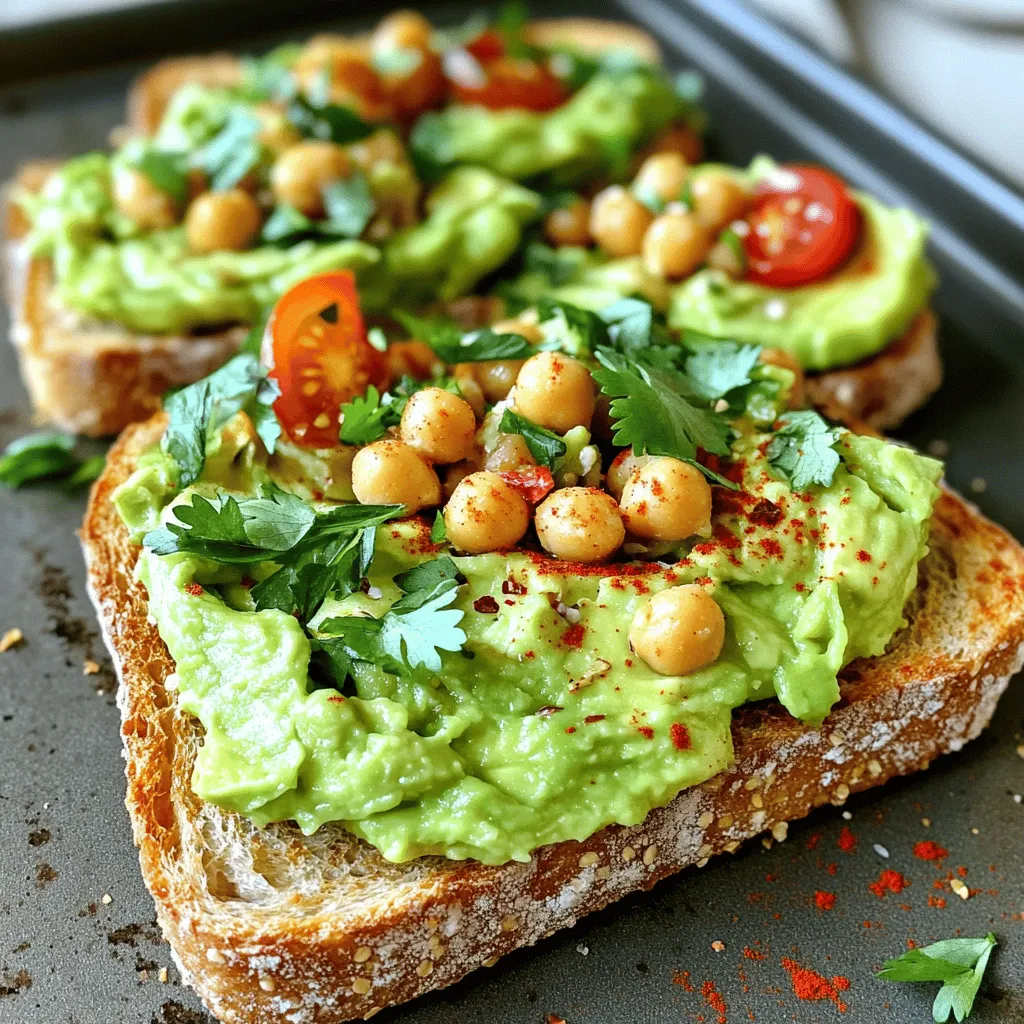 To make Smashed Avocado Chickpea Toast, you need these key items: - 2 ripe avocados - 1 can (15 oz) chickpeas, thoroughly drained and rinsed - 1 tablespoon creamy tahini - 1 tablespoon fresh lemon juice - 1 garlic clove, finely minced - Sea salt and freshly cracked black pepper, to taste - 4 slices of whole grain bread - ½ teaspoon smoked paprika for depth of flavor These ingredients combine to create a creamy, tasty base for your toast. Feel free to add these fun toppings for extra flavor and texture: - Red pepper flakes for heat - Halved cherry tomatoes for sweetness - Thin radish slices for crunch - Fresh herbs like cilantro or parsley, roughly chopped for garnish These options let you customize each bite to your liking. This dish gives you great nutrients. Here’s a quick look at what you get per serving: - Calories: About 250 - Protein: 9 grams - Fiber: 10 grams - Healthy fats: 15 grams This meal is not just tasty; it’s good for you too! It provides fiber, healthy fats, and protein, making it a smart choice for breakfast or lunch. You can find the full recipe for Smashed Avocado Chickpea Toast to try at home. Enjoy! Start by taking a mixing bowl. Add the drained chickpeas, tahini, lemon juice, minced garlic, and smoked paprika. Use a fork or potato masher to smash this mixture. Aim for a mostly smooth texture, but keep some chunks for fun. This mix brings a nutty and creamy taste. It also packs in protein, making your toast both filling and healthy. Next, grab a separate bowl. Cut the ripe avocados in half and scoop out the flesh with a spoon. Mash the avocado with a fork until it becomes creamy. Sprinkle in some sea salt and freshly cracked black pepper. This seasoning enhances the flavor and brings brightness to your dish. The creamy avocado pairs perfectly with the chickpea mixture. Now, it’s time for the bread. Take four slices of whole grain bread. Toast them using a toaster or on a skillet until they turn golden brown. You want them crunchy and warm. This crunch adds a nice contrast to the creamy toppings. Once toasted, you are ready to build your masterpiece. For the full recipe, refer to the section above. When picking an avocado, look for ones that feel slightly soft. Gently press on them. If they give a little, they are ripe. Avoid hard avocados, as they need more time. Overripe avocados feel mushy and have dark spots. Trust me, they will not taste good. A bright green flesh means freshness. You want avocados that are ripe for the best flavor. To make your smashed avocado chickpea toast even better, try adding spices. A pinch of sea salt brings out the taste of the avocado. Freshly cracked black pepper adds a nice kick. Smoked paprika gives a warm, earthy flavor. For a zesty twist, add lemon juice. It brightens the dish and keeps the avocado green. Fresh herbs like cilantro or parsley add a fresh touch. Optional toppings like red pepper flakes or cherry tomatoes can also enhance the flavor. Serve your smashed avocado chickpea toast warm for the best taste. It pairs well with a side salad or fresh fruit. For breakfast, enjoy it with a sunny-side-up egg on top. This adds protein and richness. You can also cut the toast into smaller pieces for a fun appetizer. Share it at brunch with friends or family. Each bite is a balance of creamy, crunchy, and flavorful. Enjoy the full recipe for more ideas on how to make this dish shine! {{image_4}} If you need a gluten-free option, you can use gluten-free bread. Many brands offer tasty gluten-free choices. Look for whole grain or seed-based breads for added nutrition. You can also use rice cakes or lettuce wraps for a lighter option. Both choices work well with the smashed avocado and chickpeas. This recipe is already vegan, but you can add more flavor. Try mixing in spices like cumin or coriander to the chickpeas for a twist. You can also top your toast with sprouts or sliced cucumbers for an extra crunch. A drizzle of balsamic glaze can add a sweet touch. You can switch up the bread to match your taste. Sourdough or rye gives a nice tang. For a heartier option, try whole grain or multigrain bread. Each type brings its own flavor and texture. Experiment with different types to find your favorite base for the smashed avocado chickpea toast. For the full recipe, check the section above. To keep your Smashed Avocado Chickpea Toast fresh, store any leftovers in an airtight container. It’s best to separate the avocado and chickpea mixtures if you can. This helps prevent browning and keeps the flavors bright. Use the mixture within two days for the best taste. Freezing this dish is not the best idea. Avocado does not freeze well. It turns brown and mushy. However, you can freeze the chickpea mixture alone. Store it in a freezer-safe container. It can last for up to three months. When ready to use, thaw it overnight in the fridge. If you have leftover chickpea mixture, reheat it in a pan over low heat. Stir until warm. Avoid microwaving, as it may make it too mushy. For the bread, toast fresh slices each time you serve. This keeps the bread crispy and tasty. Enjoy the flavors fresh for the best experience! Yes, you can prepare some parts in advance. You can mash the chickpeas and avocado separately. Store them in airtight containers in the fridge. They stay fresh for a day or two. Just remember to add a little lemon juice to the avocado. This helps keep it bright and green. Toast the bread right before serving. This way, it stays crunchy and warm. If you don’t have tahini, peanut butter is a great choice. It adds a nutty flavor too. You could also use sunflower seed butter. Both options keep the dish creamy. If you prefer no nut butters, try Greek yogurt. It will still give a nice texture. Absolutely! Smashed Avocado Chickpea Toast is great for meal prep. You can make the chickpea mixture and store it. The same goes for the avocado. Just keep them separate until you’re ready to eat. Toast the bread just before serving for the best taste. You can find the full recipe to help you get started! In this blog post, we covered how to make Smashed Avocado Chickpea Toast. We went through key ingredients and tasty toppings. You learned step-by-step instructions to prepare the chickpea mixture, avocado, and toast the bread. We shared useful tips for picking avocados and enhancing flavors. You also found different variations, storage tips, and answers to common questions. Now, you can enjoy a nutritious meal. Make it your own with swaps and toppings!