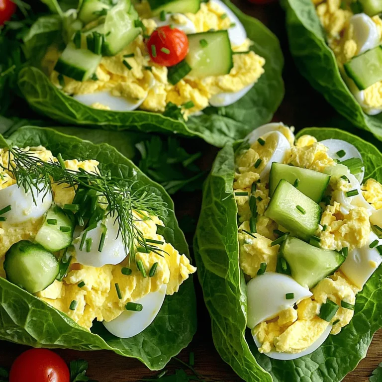 - 4 large eggs, hard-boiled and chopped - 3 tablespoons creamy mayonnaise - 1 tablespoon Greek yogurt for richness - 1 teaspoon Dijon mustard for tang - 1 tablespoon fresh chives, finely chopped - 1 tablespoon fresh dill, finely chopped - Salt and pepper to taste - 1 head of romaine lettuce, leaves separated and cleaned - 1/4 cup cucumber, finely diced for crunch - Optional: Cherry tomatoes, sliced for vibrant garnish - Eggs: These are protein-rich and high in vitamins like B12. They help build muscle and keep you full. - Mayonnaise: Adds creaminess and taste. Choose a brand with healthy fats for a better option. - Greek Yogurt: This ingredient is lower in fat than sour cream and adds probiotics for gut health. - Dijon Mustard: This adds flavor with fewer calories and can help boost your metabolism. - Chives and Dill: Fresh herbs add antioxidants and vitamins, enhancing both taste and nutrition. - Lettuce: Romaine is low in calories and high in fiber, making it perfect for wraps. - Cucumber: This crunchy veggie hydrates and adds vitamins K and C to your meal. - Cherry Tomatoes: These add color and are rich in vitamins A and C, plus they taste great! - Eggs: Look for eggs that are clean and free from cracks. Check the sell-by date. - Lettuce: Choose crisp, green leaves. Avoid any with brown spots or wilting. - Cucumbers: Pick firm cucumbers with smooth skin. They should feel heavy for their size. - Herbs: Fresh herbs should smell strong and look bright. Avoid any that look wilted. - Mayonnaise and Yogurt: Check the labels for quality ingredients. Choose brands with less added sugar and no artificial stuff. These tips help you create a fresh and tasty egg salad for your lettuce wraps. For the full recipe, check the section above! To start, you need to hard-boil the eggs. Take four large eggs and place them in a medium pot. Make sure the eggs are fully covered with water. Turn the heat to medium-high and bring the water to a boil. Once it boils, lower the heat to a simmer for 9 to 12 minutes. After the time is up, remove the pot from heat and move the eggs to an ice bath. This cools them quickly and makes peeling easier. Let them chill for about five minutes. Once cool, peel the eggs and chop them into bite-sized pieces. Now, let's make the egg salad. In a mixing bowl, combine the chopped eggs, three tablespoons of mayonnaise, and one tablespoon of Greek yogurt. The yogurt adds richness and creaminess. Next, stir in one teaspoon of Dijon mustard for a tangy kick. Don’t forget to add finely chopped chives and dill—one tablespoon of each. Mix everything until it’s creamy and well combined. Taste the mixture and add salt and pepper to make it just right. Next, prepare the lettuce wraps. Grab a head of romaine lettuce and wash the leaves under cold water. Pat them dry so they don’t get soggy. Choose strong leaves that can hold the filling without tearing. Now, spoon the egg salad into the center of each lettuce leaf. Be careful not to overfill; you want to fold the sides in without spilling. For some crunch, add finely diced cucumbers on top. If you like, slice some cherry tomatoes for an extra pop of color. For the complete recipe, check out the Full Recipe. Enjoy these tasty wraps right away for the best flavor! To get a great egg salad, start with the right eggs. Use fresh eggs for best results. After boiling, cool them quickly in an ice bath. This helps the yolks stay bright and creamy. Chop the eggs into small pieces, but not too small. You want some texture in your salad. Mix the yolks and whites gently with mayonnaise and yogurt until smooth. If it feels too dry, add more mayo. If it’s too wet, add more chopped eggs. Egg salad wraps are great on their own, but you can enhance them. Add crunchy veggies like sliced bell peppers or shredded carrots. Serve with a side of fresh fruit for a colorful plate. For a light meal, pair the wraps with a bowl of soup. Try a tomato soup or a light broth. You can even enjoy them with a refreshing drink, like iced tea or lemonade. For a tasty twist, try different seasonings. A dash of paprika or garlic powder adds depth. You can also mix in some pickles or olives for a tangy bite. If you like heat, add a pinch of cayenne pepper. Fresh herbs like parsley or cilantro brighten the flavor too. Don't forget to taste as you go. Adjust the seasoning until it’s just right. For the full recipe, check the link above. {{image_4}} You can switch up the egg salad by adding different ingredients. Try using avocado instead of mayonnaise for a creamy and healthy twist. You can also add diced bell peppers for some crunch or even a bit of bacon for extra flavor. If you like spice, add diced jalapeños or a dash of hot sauce. You can use herbs like parsley or cilantro for a fresh taste. Mix and match to find your favorite mix! Romaine lettuce works great, but you can try other types too. Butter lettuce is soft and easy to fold, making it perfect for wraps. Iceberg lettuce gives a nice crunch and holds up well. You can even use collard greens for a sturdy wrap. Each type adds a different texture and flavor to your dish, so feel free to explore. Egg salad is not just for lettuce wraps! You can serve it on whole grain bread for a tasty sandwich. Try it on crackers for a quick snack. You can also top a fresh salad with egg salad for a filling meal. For a fun twist, spoon it into mini bell peppers or avocado halves. Each way brings a new taste and texture to enjoy! For the full recipe, check out the Egg-cellent Egg Salad Lettuce Wraps 🥚🥗. To keep your egg salad fresh, store it in an airtight container. Make sure the lid seals tightly. This helps prevent odors from other foods from mingling. If you have leftover lettuce wraps, wrap them in plastic wrap or place them in a separate container. This keeps the lettuce crisp and the filling fresh. Always cool the egg salad before putting it in the fridge. Egg salad can last about three to five days in the fridge. Always check for signs of spoilage before eating. If it smells off or looks strange, it's best to throw it away. Label your container with the date you made it. This helps you keep track of how long it's been stored. Reheating egg salad wraps is not the best idea. Egg salad does not hold up well when heated. Instead, I suggest enjoying the wraps cold. If you need to reheat the egg salad alone, do it gently in the microwave. Use a low power setting and heat in short bursts. Stir in between to avoid hot spots. When reheating, keep an eye on it to ensure it doesn’t get too hot. Yes, you can use other proteins. Chicken, tuna, or chickpeas work well. Each option gives a different taste and texture. Chicken provides a hearty bite, while tuna adds a nice ocean flavor. For a plant-based option, mash chickpeas for a similar feel. Just remember to adjust the mayo and seasonings to match the protein you choose. Romaine lettuce is my favorite for wraps. Its large, sturdy leaves hold fillings well. Butter lettuce is also a good choice, as it is softer and has a sweet taste. Avoid lettuce that wilts easily, like iceberg. Sturdy leaves give a better bite and make eating cleaner. To make this recipe vegan, swap the eggs with tofu or chickpeas. Use vegan mayo instead of creamy mayonnaise. You can also add mashed avocado for richness. Season the mix well with herbs and spices. This keeps the flavor strong and delicious. Enjoy a fresh and tasty vegan option! In this blog post, we explored the key ingredients for a tasty egg salad. We discussed their nutritional benefits and how to pick fresh items. You learned how to hard-boil eggs, mix the salad, and assemble wraps. Tips for the perfect consistency and flavor enhancements were shared. We also covered fun variations, storage tips, and answers to common questions. Egg salad is simple and fun to make. With these steps, you can enjoy a healthy meal. Experiment with flavors and have a great time in the kitchen!