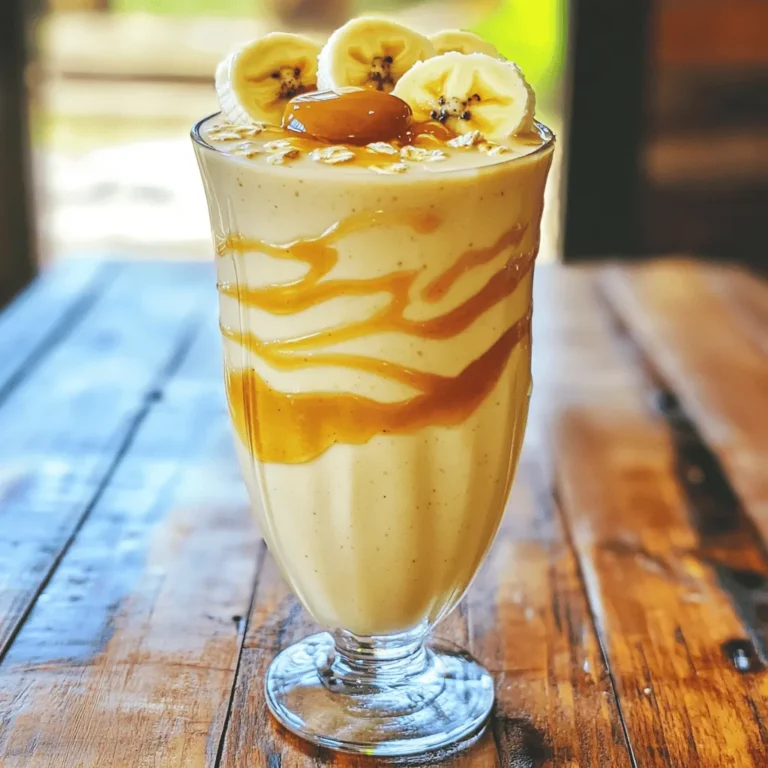 To make the Peanut Butter Banana Smoothie, you will need these ingredients: - 2 ripe bananas, sliced - 3 tablespoons creamy peanut butter - 1 cup almond milk (or your choice of milk) - 1 tablespoon honey (or maple syrup for vegan option) - 1/2 cup rolled oats - 1/2 teaspoon vanilla extract - 1/4 teaspoon ground cinnamon - Ice cubes (optional) Each ingredient plays a key role in this smoothie. Bananas add natural sweetness and creaminess. Peanut butter gives it a rich, nutty flavor and packs in protein. Almond milk keeps it dairy-free and light. Honey or maple syrup sweetens it, while rolled oats provide a hearty texture. Vanilla extract and cinnamon enhance the overall flavor. If you like your smoothie cold, toss in some ice cubes. You can find the full recipe for this delightful treat in the section above. Enjoy blending! Start by preparing your ingredients. You will need 2 ripe bananas, sliced. Grab 3 tablespoons of creamy peanut butter. Also, measure out 1 cup of almond milk, or any milk you prefer. Add 1 tablespoon of honey for sweetness, or maple syrup if you want a vegan option. Don’t forget 1/2 cup of rolled oats, 1/2 teaspoon of vanilla extract, and 1/4 teaspoon of ground cinnamon. If you want your smoothie cold, add ice cubes too. Next, add all these ingredients into your blender. The order does not matter much, but I like to start with the liquid. This helps the blender mix everything better. Now, blend the mixture on high speed. Blend until it becomes smooth and creamy. You should not see any chunks of oats. This usually takes about 30 seconds to a minute. After blending, taste your smoothie. If you want it sweeter, feel free to add more honey or maple syrup. Blend again for a few seconds to mix in the extra sweetness. Once your smoothie is perfectly blended, pour it into glasses. This recipe makes enough for two servings. To make it look special, you can garnish it. Add extra banana slices on top or drizzle some peanut butter for a nice touch. Enjoy your Peanut Butter Banana Bliss Smoothie! To make a smooth peanut butter banana smoothie, start with the right milk. I recommend almond milk, but you can use any milk you like. Whole milk will add creaminess, while skim milk keeps it light. Using ripe bananas is key. Ripe bananas are sweet and blend better. They give your smoothie a creamy texture without needing too much sweetener. Adjust sweetness to fit your taste. If you like it sweeter, add a bit more honey or maple syrup. You can also try adding cocoa powder for a chocolatey flavor. Toppings add extra texture and fun. Try crushed nuts, granola, or even a sprinkle of cinnamon on top. These add crunch and visual appeal. To turn your smoothie into a meal, add protein powder. This boosts nutrition and keeps you full longer. You can also use this smoothie as a breakfast replacement. It’s quick to make and packed with nutrients. This way, you can enjoy a healthy start to your day without much effort. For the full recipe, check out the Peanut Butter Banana Bliss Smoothie! {{image_4}} You can easily tweak this smoothie to fit your diet. For a vegan option, replace honey with maple syrup. This keeps the sweet taste while keeping it plant-based. If you need a gluten-free choice, use certified oats. They are safe for those avoiding gluten. Want a chocolate kick? Add cocoa powder! Just a tablespoon will give your smoothie a rich flavor. You can also switch up the nut butter. Try almond or cashew for a different taste. Each nut butter adds its own unique flavor and texture. Boost your smoothie with some greens! A handful of spinach blends well. You won’t taste it, but you’ll add nutrients. For extra fiber, consider chia seeds or flaxseeds. Just a tablespoon of either will enhance both health benefits and texture. You can make a Peanut Butter Banana Smoothie in advance. Just blend the ingredients as usual. Once blended, pour the smoothie into a sealed container. This method keeps it fresh and ready to go. I recommend storing it in the fridge for up to 24 hours. This way, you can enjoy it whenever you want. To store leftovers, place the smoothie in an airtight container. This helps to keep out air and light. The smoothie stays fresh for about one day. After that, it may change in taste or texture. If you notice separation, just shake or stir it before drinking. If you want to save your smoothie for longer, freezing is a good option. You can freeze smoothie packs with all the ingredients except the liquid. Use freezer-safe bags or containers. When you're ready to drink, blend the pack with your choice of milk. To thaw, leave the smoothie in the fridge overnight. You can also use the microwave on low for a quick thaw. After thawing, blend again to revive the creamy texture. Enjoy your Peanut Butter Banana Smoothie anytime! For the full recipe, check the earlier section. Yes, you can use many types of milk in this smoothie. Almond milk works well, but you can also try oat milk, soy milk, or cow's milk. Each type adds a unique taste and texture. Almond milk is lower in calories. Soy milk has more protein. Whole milk gives a rich, creamy feel. Pick the one you enjoy most. Absolutely! This smoothie is great for kids. It packs healthy fats from the peanut butter. Bananas provide natural sweetness and potassium. Plus, rolled oats add fiber, which helps keep them full. This drink is not only tasty but also gives kids energy. It's perfect for breakfast or an after-school snack. Yes, you can replace bananas if needed. Try using frozen mango or avocado for creaminess. Applesauce also works and keeps it sweet. You can even add a scoop of pumpkin puree for a fall twist. Adjust the sweetness if you switch fruits. The texture will change, but it will still be yummy! To boost protein in your smoothie, add protein powder. A scoop of whey or plant-based powder works well. Greek yogurt is another great option. It makes the smoothie creamy and adds protein. You can also use cottage cheese for a unique twist. These options help make the smoothie more filling. The best time to enjoy this smoothie is in the morning. It makes a great breakfast that fuels your day. You can also drink it after a workout for a quick recovery. If you're in a hurry, it can serve as a meal replacement. Just grab it and go for a tasty treat anytime! This blog covered how to make a tasty and healthy smoothie. We explored the key ingredients, simple steps, and helpful tips. You learned about making variations and storing your smoothie for later. Smoothies are fun and easy to customize. Enjoy your drink any time of day. Whether as a snack or meal, you can feel good about what you’re drinking. Keep experimenting to find your favorite mix!
