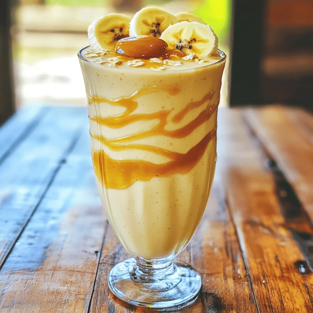 To make the Peanut Butter Banana Smoothie, you will need these ingredients: - 2 ripe bananas, sliced - 3 tablespoons creamy peanut butter - 1 cup almond milk (or your choice of milk) - 1 tablespoon honey (or maple syrup for vegan option) - 1/2 cup rolled oats - 1/2 teaspoon vanilla extract - 1/4 teaspoon ground cinnamon - Ice cubes (optional) Each ingredient plays a key role in this smoothie. Bananas add natural sweetness and creaminess. Peanut butter gives it a rich, nutty flavor and packs in protein. Almond milk keeps it dairy-free and light. Honey or maple syrup sweetens it, while rolled oats provide a hearty texture. Vanilla extract and cinnamon enhance the overall flavor. If you like your smoothie cold, toss in some ice cubes. You can find the full recipe for this delightful treat in the section above. Enjoy blending! Start by preparing your ingredients. You will need 2 ripe bananas, sliced. Grab 3 tablespoons of creamy peanut butter. Also, measure out 1 cup of almond milk, or any milk you prefer. Add 1 tablespoon of honey for sweetness, or maple syrup if you want a vegan option. Don’t forget 1/2 cup of rolled oats, 1/2 teaspoon of vanilla extract, and 1/4 teaspoon of ground cinnamon. If you want your smoothie cold, add ice cubes too. Next, add all these ingredients into your blender. The order does not matter much, but I like to start with the liquid. This helps the blender mix everything better. Now, blend the mixture on high speed. Blend until it becomes smooth and creamy. You should not see any chunks of oats. This usually takes about 30 seconds to a minute. After blending, taste your smoothie. If you want it sweeter, feel free to add more honey or maple syrup. Blend again for a few seconds to mix in the extra sweetness. Once your smoothie is perfectly blended, pour it into glasses. This recipe makes enough for two servings. To make it look special, you can garnish it. Add extra banana slices on top or drizzle some peanut butter for a nice touch. Enjoy your Peanut Butter Banana Bliss Smoothie! To make a smooth peanut butter banana smoothie, start with the right milk. I recommend almond milk, but you can use any milk you like. Whole milk will add creaminess, while skim milk keeps it light. Using ripe bananas is key. Ripe bananas are sweet and blend better. They give your smoothie a creamy texture without needing too much sweetener. Adjust sweetness to fit your taste. If you like it sweeter, add a bit more honey or maple syrup. You can also try adding cocoa powder for a chocolatey flavor. Toppings add extra texture and fun. Try crushed nuts, granola, or even a sprinkle of cinnamon on top. These add crunch and visual appeal. To turn your smoothie into a meal, add protein powder. This boosts nutrition and keeps you full longer. You can also use this smoothie as a breakfast replacement. It’s quick to make and packed with nutrients. This way, you can enjoy a healthy start to your day without much effort. For the full recipe, check out the Peanut Butter Banana Bliss Smoothie! {{image_4}} You can easily tweak this smoothie to fit your diet. For a vegan option, replace honey with maple syrup. This keeps the sweet taste while keeping it plant-based. If you need a gluten-free choice, use certified oats. They are safe for those avoiding gluten. Want a chocolate kick? Add cocoa powder! Just a tablespoon will give your smoothie a rich flavor. You can also switch up the nut butter. Try almond or cashew for a different taste. Each nut butter adds its own unique flavor and texture. Boost your smoothie with some greens! A handful of spinach blends well. You won’t taste it, but you’ll add nutrients. For extra fiber, consider chia seeds or flaxseeds. Just a tablespoon of either will enhance both health benefits and texture. You can make a Peanut Butter Banana Smoothie in advance. Just blend the ingredients as usual. Once blended, pour the smoothie into a sealed container. This method keeps it fresh and ready to go. I recommend storing it in the fridge for up to 24 hours. This way, you can enjoy it whenever you want. To store leftovers, place the smoothie in an airtight container. This helps to keep out air and light. The smoothie stays fresh for about one day. After that, it may change in taste or texture. If you notice separation, just shake or stir it before drinking. If you want to save your smoothie for longer, freezing is a good option. You can freeze smoothie packs with all the ingredients except the liquid. Use freezer-safe bags or containers. When you're ready to drink, blend the pack with your choice of milk. To thaw, leave the smoothie in the fridge overnight. You can also use the microwave on low for a quick thaw. After thawing, blend again to revive the creamy texture. Enjoy your Peanut Butter Banana Smoothie anytime! For the full recipe, check the earlier section. Yes, you can use many types of milk in this smoothie. Almond milk works well, but you can also try oat milk, soy milk, or cow's milk. Each type adds a unique taste and texture. Almond milk is lower in calories. Soy milk has more protein. Whole milk gives a rich, creamy feel. Pick the one you enjoy most. Absolutely! This smoothie is great for kids. It packs healthy fats from the peanut butter. Bananas provide natural sweetness and potassium. Plus, rolled oats add fiber, which helps keep them full. This drink is not only tasty but also gives kids energy. It's perfect for breakfast or an after-school snack. Yes, you can replace bananas if needed. Try using frozen mango or avocado for creaminess. Applesauce also works and keeps it sweet. You can even add a scoop of pumpkin puree for a fall twist. Adjust the sweetness if you switch fruits. The texture will change, but it will still be yummy! To boost protein in your smoothie, add protein powder. A scoop of whey or plant-based powder works well. Greek yogurt is another great option. It makes the smoothie creamy and adds protein. You can also use cottage cheese for a unique twist. These options help make the smoothie more filling. The best time to enjoy this smoothie is in the morning. It makes a great breakfast that fuels your day. You can also drink it after a workout for a quick recovery. If you're in a hurry, it can serve as a meal replacement. Just grab it and go for a tasty treat anytime! This blog covered how to make a tasty and healthy smoothie. We explored the key ingredients, simple steps, and helpful tips. You learned about making variations and storing your smoothie for later. Smoothies are fun and easy to customize. Enjoy your drink any time of day. Whether as a snack or meal, you can feel good about what you’re drinking. Keep experimenting to find your favorite mix!