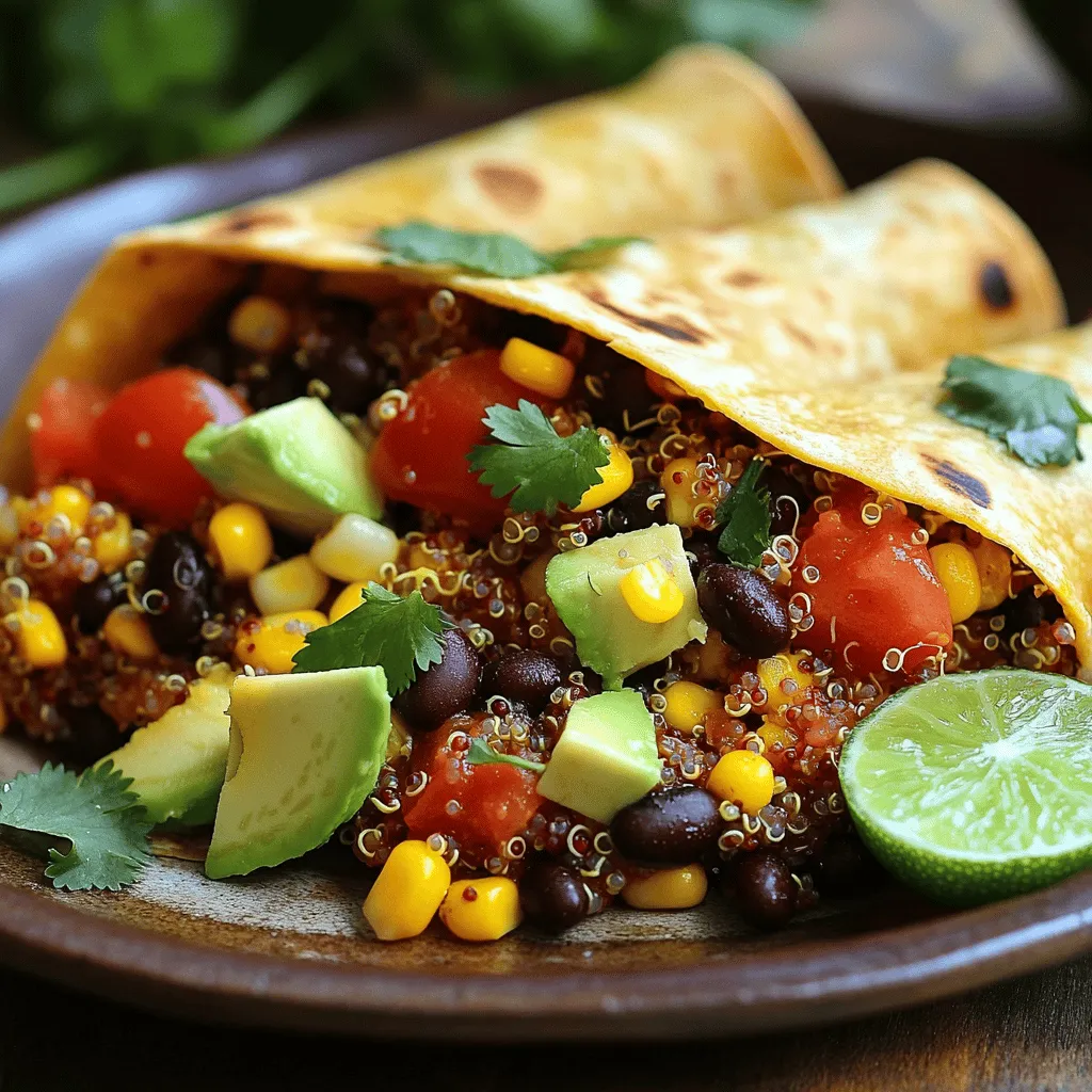 - 4 large flour tortillas - 1 cup cooked quinoa - 1 can black beans, rinsed and drained - 1 cup corn kernels (fresh or frozen) - 1 cup shredded lettuce - 1 large tomato, diced - 1/2 cup diced red onion - 1 avocado, sliced - 1 cup vegan cheese shreds - 1/4 cup salsa - 1 tablespoon taco seasoning - Olive oil for cooking - Salt and pepper to taste For this Vegan Crunchwrap Supreme, you'll need simple yet tasty ingredients. Each one plays a key role in building flavor and texture. The flour tortillas are soft and hold everything together. Cooked quinoa adds protein and a nice bite. Black beans give a creamy texture and depth. Fresh corn adds sweetness, while lettuce and tomato provide crunch and freshness. You can use any salsa you like, but I suggest a mild one for balance. The taco seasoning brings all the flavors together. Don't forget the vegan cheese—it melts beautifully and adds that comforting cheesy taste. * Each serving has about 400 calories. * It contains around 15 grams of protein, 60 grams of carbs, and 15 grams of fats. * This dish is vegan and can be made gluten-free by using gluten-free tortillas. With these ingredients, you not only create a filling meal but also enjoy great nutrition. Each bite is a mix of textures and flavors that keeps you satisfied. For the full recipe, check the detailed instructions above. To make the filling, start by mixing key ingredients. In a bowl, combine: - 1 cup cooked quinoa - 1 can black beans, rinsed and drained - 1 cup corn kernels (fresh or frozen) - 1 large tomato, diced - 1/2 cup diced red onion - 1 tablespoon taco seasoning - Salt and pepper to taste Stir these ingredients until they blend well. This mix packs lots of flavor and protein. You can add lime juice for extra zest. If you want to boost the taste, let the mix sit for a few minutes. This helps the flavors meld together. Now, it’s time to build your crunchwrap. Lay one large tortilla flat on a clean surface. Spoon a few tablespoons of your filling into the center. Then, add: - A small handful of shredded lettuce - A few slices of avocado - A sprinkle of vegan cheese - A dollop of salsa Next, fold the edges of the tortilla inward. Create pleats while you tuck the sides in. Keep folding until you form a neat pocket. This shape holds the filling securely. Repeat this process with the rest of your tortillas and filling. You should end up with four tasty crunchwraps. For cooking, preheat a skillet over medium heat. Drizzle in a bit of olive oil. Wait until the oil shimmers before adding your crunchwrap. Place it seam-side down in the skillet. Cook for about 3-4 minutes. You want the bottom to turn golden brown and crispy. Once done, gently flip the crunchwrap using a spatula. Cook the other side for another 3-4 minutes. This ensures both sides are crispy. After removing them from the skillet, let the crunchwraps rest for a minute. Cut each one in half to show off the filling. Serve with extra salsa for dipping. Enjoy this delicious meal! For more details, check the Full Recipe. You can make your Vegan Crunchwrap Supreme unique. Swap out quinoa for tofu or tempeh. Both provide great texture and protein. You can also try lentils or chickpeas for a twist. Add toppings to boost flavor. Sliced jalapeños give a spicy kick. Fresh cilantro adds a burst of freshness. You can also use diced bell peppers or corn salsa for extra crunch. Achieving the best crisp is key. Use a medium heat to cook each crunchwrap. This allows the outside to brown without burning. Flip each wrap carefully to avoid spills. If you want a faster option, bake them in an oven. Set it to 400°F (200°C) for 15-20 minutes. They will come out golden and crispy. Presentation matters. Slice each crunchwrap in half for a nice look. Place the halves on a plate. Garnish with fresh cilantro and lime wedges. This adds color and brightness to your dish. Serve with sides like guacamole or fresh salsa. Chips or a simple salad also pair well. These sides enhance the meal and add variety. Enjoy your beautiful, tasty crunchwrap! {{image_4}} You can switch up the protein in your Vegan Crunchwrap Supreme. Try using lentils or chickpeas for a hearty filling. Lentils cook quickly and add a nice texture. Chickpeas add a nutty flavor and are rich in protein. Another great option is textured vegetable protein (TVP). TVP absorbs flavors well and gives a meaty bite. It makes your crunchwrap even more filling and tasty. Want to spice things up? Add jalapeños or chili flakes to your filling. This will give your crunchwrap a nice kick. If you prefer fresh flavors, mix in herbs like cilantro or parsley. A squeeze of lemon or lime juice can also brighten the dish. These small changes can make a big difference in taste. If you need a gluten-free option, don’t worry! You can use lettuce wraps instead of tortillas. This keeps your crunchwrap light and fresh. If you prefer a tortilla, look for gluten-free varieties. They are easy to find in stores. With these swaps, everyone can enjoy this tasty meal. To keep your crunchwraps fresh, store them in the fridge. Place them in an airtight container. This helps keep them moist and tasty. Use containers made of glass or BPA-free plastic. These materials keep flavors locked in. If you keep them properly, they last up to three days in the fridge. Want to save some crunchwraps for later? You can freeze them! First, wrap each crunchwrap in plastic wrap. Then place them in a freezer-safe bag or container. This keeps air out and prevents freezer burn. When you are ready to eat, take one out. Let it thaw in the fridge overnight. To reheat, cook it on a skillet over medium heat for about five minutes on each side. This will keep it crispy. In the fridge, your crunchwraps will last about three days. If you freeze them, they can last up to three months. Just make sure to store them right. This way, you can enjoy your Vegan Crunchwrap Supreme anytime you want! Can I make this crunchwrap gluten-free? Yes, you can! Just swap the flour tortillas for gluten-free ones. Many brands sell gluten-free tortillas that work well. Check the labels to ensure they fit your diet. How can I make it spicier? To add some heat, mix in diced jalapeños or chili flakes with your filling. You can also use a spicier salsa for an extra kick. Adjust the spice to match your taste. What are some alternatives for the quinoa? If you want to change it up, use brown rice or lentils instead of quinoa. Both options add protein and texture. Each choice gives a different taste, so feel free to experiment! How long does it take to prepare the filling? Preparing the filling takes about 10 to 15 minutes. Just gather your ingredients and mix them in a bowl. It's quick and easy, so you can get to wrapping soon! What is the ideal cook time for a crispy crunchwrap? Cook each crunchwrap for about 3 to 4 minutes on each side. This time allows the tortilla to get golden and crispy. Keep an eye on them to avoid burning. What to serve with crunchwraps? Serve your crunchwraps with extra salsa, guacamole, or a side of chips. A fresh salad also works well. These sides make the meal more fun and flavorful. Can I serve this dish cold or does it need to be hot? While it's best served hot, you can enjoy it cold too. If you have leftovers, reheat them in a skillet for a crispy texture again. Enjoy it however you like! This blog post shared a simple vegan crunchwrap recipe, detailing ingredients, preparation, and cooking steps. You learned how to create a tasty meal with nutritious ingredients. Customization tips help you create a dish that suits your taste. You also got storage info and answers to common questions. Enjoy experimenting with variations you love. This crunchy delight fits well into your meal plans and brings joy to your table. Try making it tonight!