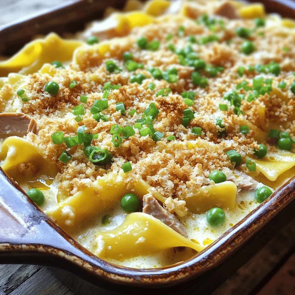 - 12 oz egg noodles - 2 cans (5 oz each) tuna in water - 1 can (10.5 oz) cream of mushroom soup - 1 cup frozen peas - 1/2 cup mayonnaise - 1 cup shredded sharp cheddar cheese - 1/4 cup grated Parmesan cheese - 1/2 cup milk - 1/4 cup finely chopped green onions - 1 tsp garlic powder - Salt and pepper to taste - 1 cup breadcrumbs - 2 tbsp olive oil The main ingredients create a creamy and tasty base. Egg noodles give the dish its heartiness. Canned tuna brings protein and flavor, while the cream of mushroom soup makes it rich and smooth. Frozen peas add a nice pop of color and sweetness. In addition, mayonnaise blends in extra creaminess, and the cheeses add depth. The milk helps to lighten the mixture, making it easy to bake. For seasonings, green onions give a fresh bite. Garlic powder enhances the overall taste. Salt and pepper round out the flavor. Breadcrumbs and olive oil create a crunchy topping that contrasts the creamy filling. You can find the full recipe to create this comforting dish. Enjoy your cooking adventure! - Preheat the oven to 350°F (175°C). - Grease the casserole dish with cooking spray or olive oil. - In a large pot, boil salted water. - Add the egg noodles and cook until al dente. - In a bowl, mix tuna, soup, and peas. - Stir in cheese, milk, and seasonings until blended. - Gently fold the cooked noodles into the filling. - Transfer the mixture to the greased casserole dish. - In a small bowl, mix breadcrumbs and olive oil. - Sprinkle this topping evenly over the casserole. - Bake for 25-30 minutes until hot and golden. - Let the casserole cool for about 5 minutes before serving. Want the full recipe? Check out the Full Recipe section for all the details! To get the best creamy texture, use full-fat cream of mushroom soup. You can add a bit more milk if you want extra creaminess. Mixing in some sour cream also works wonders. For a golden crust, make sure to mix breadcrumbs with olive oil. This helps them brown in the oven. You can also toast them lightly in a pan before topping your casserole. If you don't have cream of mushroom soup, you can use cream of chicken or a homemade white sauce. This gives a different flavor but is still delicious. For cheese, sharp cheddar works best, but you can try mozzarella or pepper jack for a kick. Mixing two kinds of cheese adds depth to the dish. Pair your casserole with a fresh side salad. A simple green salad with a light vinaigrette complements the dish well. For garnishing, sprinkle extra green onions on top before serving. You can also add a few sprigs of parsley for color and freshness. {{image_4}} You can easily boost the nutrition of your tuna noodle casserole. I love adding vegetables. Here are some great options: - Broccoli florets: They add a nice crunch. - Bell peppers: Use any color for sweetness. - Carrots: Grated or diced for a bit of color. - Spinach: Fresh or frozen, it's a great addition. Fresh vegetables taste great, but frozen ones work well, too. Frozen veggies save time and cut prep work. They also hold nutrients well. If you want to switch things up, try using different proteins. You can swap tuna for: - Chicken: Cooked and shredded chicken is a great choice. - Salmon: Canned salmon works beautifully. For a vegetarian or vegan dish, try these options: - Chickpeas: They add protein and texture. - Tofu: Firm tofu, crumbled, takes on flavors well. These swaps keep the dish tasty while meeting your dietary needs. To make your casserole stand out, add some spices and herbs. Here are a few ideas: - Dill: This herb pairs well with tuna. - Thyme: Adds an earthy flavor. - Cayenne pepper: For a little heat. You can also consider adding sauces for more depth. A splash of hot sauce or soy sauce can really enhance the taste. Don't be afraid to experiment! Enjoy the process of making this dish your own. To keep your casserole fresh, store it in the fridge. Use an airtight container. This helps keep moisture in and air out. You can cover it with plastic wrap too. This way, it stays tasty for later meals. If you want to freeze the casserole, do it before baking. Wrap it well in foil or plastic wrap. This keeps it safe from freezer burn. After baking, let it cool down, then freeze. To reheat, thaw it overnight in the fridge. Bake it again at 350°F (175°C) until hot. This usually takes about 20-30 minutes. In the fridge, the casserole lasts about 3-4 days. If you see any mold or smell something off, throw it away. Always trust your senses. If it looks or smells bad, it’s best not to eat it. It takes about 15 minutes to prep and 30 minutes to cook. You can have it ready in about 45 minutes. Yes, you can! Prepare the casserole a day before. Just cover it and place it in the fridge. When you're ready, bake it straight from the fridge. This helps the flavors meld. Classic Tuna Noodle Casserole is not gluten-free with regular noodles. You can use gluten-free egg noodles instead. They work just as well in this dish. Pair it with a fresh side salad for crunch. You can also serve steamed veggies or garlic bread. They complement the casserole well and add variety. Yes, you can use fresh tuna! Cook it first, then flake it into the casserole. Just remember that fresh tuna will have a different texture than canned. Instead of mayonnaise, use Greek yogurt or sour cream. This gives the casserole a creamy texture without the mayo. You can also use a mix of cream cheese and milk for creaminess. For the full recipe, check out the details above. Enjoy cooking! To wrap up, we've covered a lot about Classic Tuna Noodle Casserole. You learned its key ingredients, like egg noodles, tuna, and cream of mushroom soup. I shared steps for prep, mixing, and baking. Plus, I offered tips on perfecting your dish and possible variations. This meal is easy, quick, and perfect for family dinners. Feel free to explore those ingredient swaps and new flavors. With a bit of creativity, you can make it truly yours. Enjoy creating your cozy casserole!