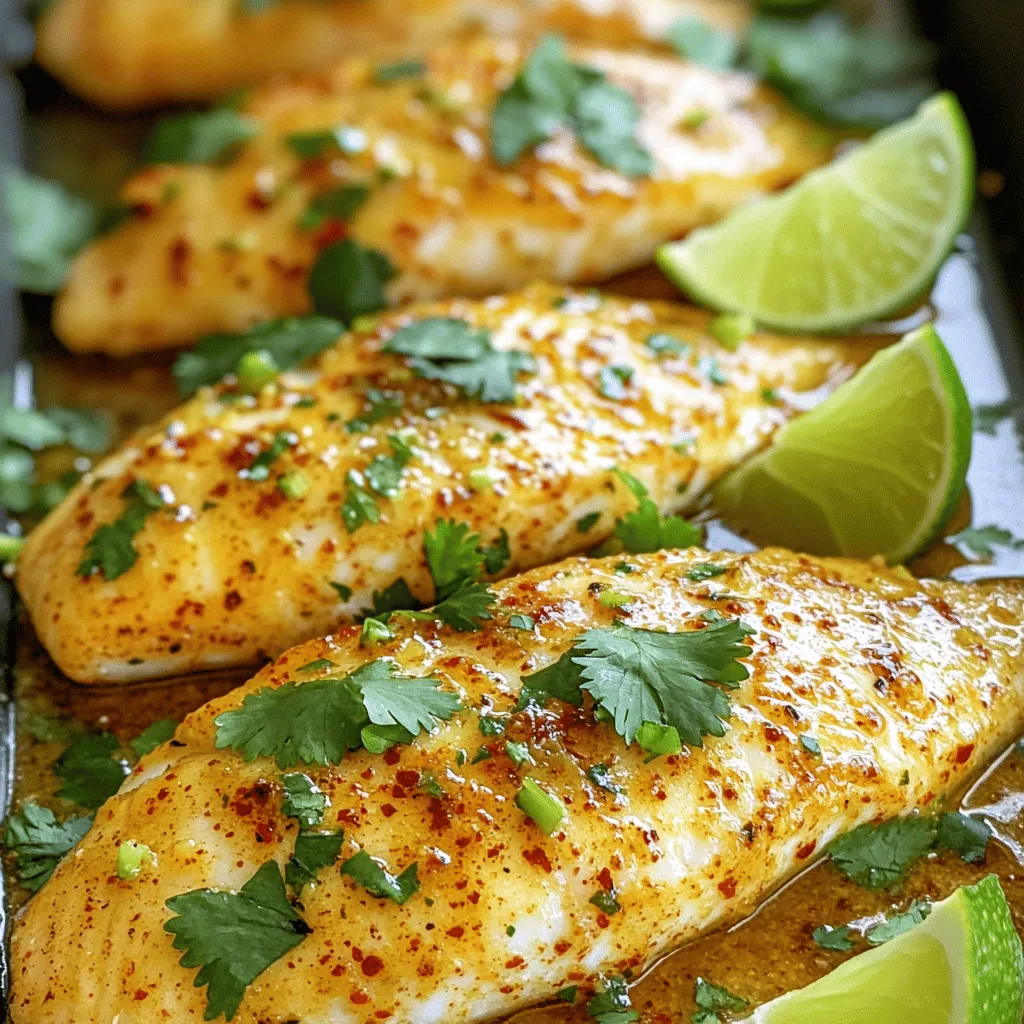 To make Chili Lime Baked Tilapia, you need fresh and simple ingredients that pack a punch. Here’s what you will need: - 4 tilapia fillets - 2 tablespoons extra virgin olive oil - Juice and zest of 2 limes - 1 tablespoon chili powder - 1 teaspoon smoked paprika - 1 teaspoon garlic powder - 1 teaspoon ground cumin - Salt and fresh ground pepper to taste - Fresh cilantro, chopped, for garnish - Lime wedges for serving These ingredients come together to create a dish that is both zesty and flavorful. The lime juice adds a bright, fresh taste, while the chili powder gives it a warm kick. The smoked paprika provides a subtle depth, and the cumin rounds it all out. You can find fresh tilapia at your local market or grocery store. Using high-quality olive oil enhances the flavor and keeps the fish moist. Don't skip the lime zest; it adds a fragrant touch that elevates the dish. Fresh cilantro makes a lovely garnish that also adds a burst of color. This recipe is not only easy but also quick to prepare. You can have this meal ready in under 35 minutes. For a complete guide, check out the Full Recipe. Set your oven temperature to 400°F (200°C). This helps the fish cook just right. In a medium bowl, combine these ingredients: - 2 tablespoons extra virgin olive oil - Juice and zest of 2 limes - 1 tablespoon chili powder - 1 teaspoon smoked paprika - 1 teaspoon garlic powder - 1 teaspoon ground cumin - Salt and fresh ground pepper to taste Whisk them together until they blend well. The smell will be amazing! Coat 4 tilapia fillets with the marinade. Place them in a large, shallow baking dish. Pour the marinade over the fish, making sure each piece is covered. Let the fish marinate for at least 15-20 minutes. This makes the flavors pop. Once marinated, place the dish in the preheated oven. Bake for 12-15 minutes. The fish is done when it flakes easily with a fork and is opaque throughout. Take the baking dish out of the oven. Let the tilapia sit for a couple of minutes. This allows the juices to settle. Just before serving, sprinkle with fresh cilantro. Serve with lime wedges for extra zest. Enjoy your flavorful meal! Find the Full Recipe for more details. To check if your tilapia is done, use a fork. Gently poke the fish in the thickest part. If it easily flakes apart, it’s ready. The fish should also look opaque and not raw. This simple test helps you avoid overcooking. Overcooked fish can be dry and tough. You can add more depth to your tilapia with extra spices. Try adding a pinch of cayenne pepper for heat. Fresh herbs like parsley or dill also brighten the dish. A dash of onion powder can bring a nice kick. Feel free to customize the marinade to your taste. Tilapia pairs well with many sides. Consider serving it with a fresh salad for crunch. Rice or quinoa adds a nice base. Grilled vegetables bring color and flavor. You can even serve it in tacos with avocado and slaw. Each option complements the zesty flavor of the fish. For the full recipe, check the earlier sections. {{image_4}} If you want to swap out tilapia, consider using cod, haddock, or salmon. These fish have similar textures and flavors. For those who avoid fish, chicken breast works well too. If you lack lime, try lemon or even orange juice for a different zest. You can also replace olive oil with avocado oil or melted butter. For the spices, use taco seasoning instead of chili powder for a fun twist. You can cook tilapia in many ways. Baking is simple and keeps the fish moist. Grilling adds a nice smoky flavor. Just be sure to oil the grill grates to prevent sticking. Pan-searing gives a crispy outer layer. Cook on medium-high heat for about 3-4 minutes per side. Each method allows you to enjoy the tilapia in unique ways while keeping the flavors intact. While chili lime is delicious, you can explore new tastes. Try adding ginger and soy sauce for an Asian twist. For a Mediterranean flavor, use fresh herbs like oregano, thyme, and a splash of lemon. You could also go spicy by adding jalapeños or cayenne pepper to the marinade. Each combination opens new doors to exciting meals that will keep your taste buds happy. For the full recipe, check out [Full Recipe]. Store your leftover baked tilapia in an airtight container. This helps keep the fish fresh. Place it in the fridge within two hours of cooking. It will stay good for about three days. If you want to enjoy it later, consider freezing it instead. To reheat tilapia and keep it moist, use the oven. Set it to 350°F (175°C). Place the fish on a baking sheet. Cover it with foil to lock in moisture. Heat for about 10 minutes or until warm. You can also use a microwave, but be careful. Heat it in short bursts to avoid drying it out. To freeze baked tilapia, wrap each fillet tightly in plastic wrap. Then, place the wrapped fish in a freezer bag. Remove as much air as possible to prevent freezer burn. It can last in the freezer for up to three months. When ready to eat, thaw it overnight in the fridge before reheating. For the full recipe, check the section above. Yes, you can use frozen tilapia. First, you need to thaw it properly. Place the frozen fillets in the fridge for several hours or overnight. If you're short on time, you can also use the cold water method. Seal the fish in a plastic bag and submerge it in cold water for about an hour. Avoid using hot water, as it can cook the fish unevenly. Once thawed, pat the tilapia dry with paper towels before marinating. Many sides pair well with this dish. Here are some tasty options: - Steamed rice - Quinoa salad - Roasted vegetables - Black beans - Corn on the cob - A fresh green salad These sides add color and balance to your meal. You can mix and match to find your favorite combo. To check if your tilapia is done, look for a few signs: - The fish should be opaque and white. - It should flake easily with a fork. - The internal temperature should reach 145°F (63°C). These signs ensure your fish is safe and tasty to eat. Absolutely! You can increase the heat level in several ways: - Add extra chili powder to the marinade. - Include diced jalapeños or serrano peppers. - Use a spicy sauce like sriracha or hot sauce. Adjust the spice to your liking for a zesty kick. Enjoy experimenting with flavors! This blog post detailed how to create a tasty chili lime baked tilapia. We covered the ingredients, preparation, cooking steps, tips, variations, and storage. Baked tilapia is simple and quick, making it perfect for any meal. With the right spices and techniques, you can achieve golden flaky fish. Feel free to switch up flavors to match your taste. Enjoy this dish with your favorite sides for a complete meal. Happy cooking!