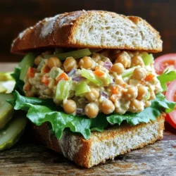 - 1 can (15 oz) chickpeas, thoroughly drained and rinsed - 3 tablespoons vegan mayonnaise - 1 tablespoon Dijon mustard - 1 tablespoon fresh lemon juice - 1 celery stalk, finely diced - 1 small red onion, finely minced - 1 medium carrot, grated - 1 tablespoon fresh dill (or 1 teaspoon dried dill) - Sea salt and freshly cracked black pepper, to taste - Slices of whole grain or gluten-free bread - Crisp lettuce leaves - Tomato slices (optional) The key to a great vegan chickpea salad sandwich is the balance of flavors and textures. Start with chickpeas. They create a creamy base. Drain and rinse them well to remove any canning liquid. Use a fork or potato masher to mash them. I like to leave some whole for added crunch. Next, add vegan mayonnaise for creaminess. Dijon mustard brings a nice tang, while fresh lemon juice adds brightness. These ingredients work together to give your salad a zesty kick. Now, let’s add some crunch! Finely diced celery and minced red onion enhance the flavor. Grate in a medium carrot for sweetness and color. Fresh dill adds an herbaceous note that brightens the whole dish. Finish with sea salt and freshly cracked black pepper. Adjust to your taste. This chickpea salad fits perfectly between slices of whole grain or gluten-free bread. For extra freshness, add crisp lettuce leaves and optional tomato slices. You can find the Full Recipe in the section above. - First, take a can of chickpeas. Drain and rinse them well. - In a medium bowl, combine the chickpeas. Use a fork to mash them gently. Leave some chickpeas whole for texture. - Next, mix in three tablespoons of vegan mayonnaise. Add one tablespoon of Dijon mustard and one tablespoon of fresh lemon juice. Stir until creamy and well mixed. - Now it’s time to fold in some crunch! Add one finely diced celery stalk. Toss in one small red onion, minced. - Add one medium grated carrot and one tablespoon of fresh dill. Mix everything together. - Season with sea salt and freshly cracked black pepper to taste. Adjust the seasoning as needed. - Grab your slices of whole grain or gluten-free bread. Scoop a generous amount of the chickpea salad onto one slice. - Layer with crisp lettuce leaves and optional tomato slices for freshness. Top it with another slice of bread. - Cut the sandwich diagonally for easy handling. Serve it right away for the best taste. Enjoy your Vegan Chickpea Salad Sandwich with a side of crunchy pickles or a green salad for a complete meal! For the full recipe, check out the Chickpea Delight Sandwich. To get the best texture, use a fork or a potato masher. This helps break down the chickpeas but leaves some whole. The whole chickpeas add a nice bite to your salad. Aim for a mix of creamy and chunky textures. You want it to be easy to spread but still have some fun bits. When it comes to herbs, fresh herbs bring more flavor than dried ones. Fresh dill makes a big difference in taste. But if you only have dried herbs, that works too! You can use one teaspoon of dried dill instead of fresh. Adjust the seasoning to match your taste. Start with a pinch of sea salt and some black pepper. Taste as you go! If you want it a bit tangier, add more lemon juice. Just remember, you can always add more, but you can't take it out. For a complete meal, serve your sandwich with sides. Crunchy pickles or a fresh green salad work great. They add color and flavor to your plate. Wrap your sandwich in parchment paper for a cute look. Tie it up with kitchen twine to keep it together. This not only looks nice but makes it easy to eat on the go. Enjoy your meal! {{image_4}} You can change some ingredients for fun. If you want a different taste, try using hummus instead of vegan mayo. It adds creaminess and flavor. You can also swap in mashed avocado. It gives healthy fats and great taste. For extra crunch, think about adding diced bell peppers or cucumbers. They bring a nice snap to the salad. You can also include shredded cabbage for a bit of crunch. Each swap makes your sandwich unique and exciting. Want to spice things up? Add a pinch of cumin or paprika. These spices bring warmth and depth to your salad. They can easily change the flavor profile. If you like sweet, try adding diced apples or raisins. They add a fun sweetness that balances the savory elements. You can also mix in some chopped pickles or relish for a tangy kick. Each flavor twist helps keep your meals fresh and interesting. This chickpea salad is not just for sandwiches. You can make a wrap with a tortilla. Just spread the salad on a tortilla, add some greens, and roll it up. It’s perfect for lunch on the go. If you want a lighter option, serve it as a lettuce wrap. Use large leaves of romaine or butter lettuce. This method makes it a fresh and crunchy meal. Another fun idea is to use the salad as a dip. Serve it with crackers or vegetable sticks. It’s a great party snack or appetizer. You can enjoy your chickpea salad in many delicious ways! To keep your chickpea salad fresh, store it in an airtight container. Glass or plastic containers work well. Make sure the lid fits tightly to prevent air from getting in. You can also cover the bowl with plastic wrap if you prefer. This keeps the salad from drying out. The chickpea salad stays fresh in the fridge for about 3-5 days. Always check for signs of spoilage. Look for off smells or changes in texture. If it smells sour or feels slimy, it's best to throw it away. You can freeze the chickpea salad, but the texture may change. To freeze, place it in a freezer-safe container. Leave some space at the top for expansion. When you're ready to eat, thaw it in the fridge overnight. Stir it well before serving. This helps restore some texture. Yes, you can make this sandwich ahead of time. To prep in advance, follow these tips: - Make the chickpea salad: Prepare the chickpea mixture a day before. Store it in an airtight container in the fridge. - Keep the bread separate: Store bread at room temperature, away from moisture. This keeps it fresh. - Assemble right before eating: Add the chickpea salad to the bread just before serving to prevent sogginess. Here are some tasty side dish ideas: - Crispy pickles: They add a nice crunch. - Fresh fruit salad: It brings a sweet touch. - Chips or veggie sticks: They offer a satisfying crunch. - A light green salad: A great way to add more veggies. Yes, this sandwich can be gluten-free. Just use gluten-free bread. Many brands offer great options. Always check the label to ensure they meet gluten-free standards. This recipe yields two servings. Each sandwich is filling, but you can easily double it for more. Adjust the ingredients to match your needs. Here are some ways to boost the sandwich: - Add avocado: It provides healthy fats and creaminess. - Include nuts or seeds: Try adding sunflower seeds or chopped walnuts for crunch. - Use extra veggies: Add sliced cucumbers or bell peppers for more fiber. - Serve with a side: Pair the sandwich with a hearty side, like a grain salad. For the full recipe, check out the details mentioned above. Enjoy making your Vegan Chickpea Salad Sandwich! To wrap it up, this vegan chickpea salad sandwich is simple and full of flavor. You learned how to combine chickpeas with fresh veggies and seasonings. I shared tips for mashing, flavoring, and storing your sandwich. You can customize this recipe with fun variations, making it your own. Whether for lunch or a picnic, this sandwich is a healthy choice. Enjoy experimenting with ingredient swaps and serving styles. Your next meal can be tasty, satisfying, and easy to prepare.