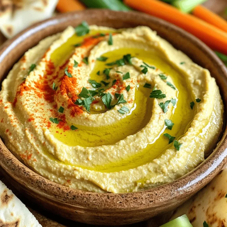 To make classic hummus, you need a few key items: - 1 can (15 oz) chickpeas, drained and thoroughly rinsed - 1/4 cup tahini (sesame seed paste) - 2 tablespoons extra virgin olive oil, plus more for drizzling - 2 tablespoons freshly squeezed lemon juice - 1 garlic clove, finely minced - 1/2 teaspoon ground cumin - Sea salt, to taste - Water, as needed for desired texture - Smoked paprika, for garnish - Fresh parsley, finely chopped for garnish These ingredients blend together to create a creamy and flavorful dip. Each ingredient brings its own health perks. Chickpeas provide protein and fiber. They help keep you full and support digestion. Tahini adds healthy fats, which are good for your heart. Olive oil is another source of healthy fats and has antioxidants. Lemon juice gives vitamin C, boosting your immune system. Garlic has anti-inflammatory properties and can help keep your heart healthy. Cumin offers digestive aid and adds a warm flavor. When combined, these ingredients create a nutritious and tasty dip. You can customize your hummus with fun add-ins. Here are some ideas: - Roasted red peppers for a sweet twist - Avocado for creaminess and healthy fats - Spicy jalapeños for a kick - Fresh herbs like basil or cilantro for extra flavor Feel free to mix and match! This way, you can create a hummus that suits your taste. For the full recipe, check out Creamy Dreamy Hummus. To make classic hummus, start with your ingredients. You need chickpeas, tahini, olive oil, lemon juice, garlic, cumin, and salt. Place all of these into a food processor. Blend on high speed until smooth. Stop and scrape the bowl's sides as you blend. This helps mix everything well. If the hummus is too thick, add water. Do this one tablespoon at a time. Blend again until it reaches your preferred texture. Taste it! If it needs more flavor, add salt or lemon juice. For creamy hummus, the key is blending well. Make sure your tahini is fresh. A good quality tahini can make a big difference. Drizzle in olive oil as you blend for extra creaminess. If you want a lighter hummus, try using ice water instead of regular water. It helps create a silky texture. Remember to scrape the sides of the bowl often. This ensures everything mixes evenly. Always taste your hummus during the process. It’s important to adjust flavors as you go. If it lacks brightness, add more lemon juice. A little extra salt can also enhance the taste. You can try adding spices like smoked paprika or a pinch of cayenne for a kick. Don't be shy to experiment! Hummus is versatile, and you can make it your own. When making hummus, avoid these common mistakes: - Using unpeeled chickpeas: This can lead to a grainy texture. Always rinse and drain well. - Not adding enough water: A little water helps create that creamy texture you want. - Skipping the taste test: Always taste your hummus before serving. Adjust flavors as needed. To get the best flavor: - Use fresh lemon juice: Fresh juice is better than bottled juice. It adds brightness. - Add garlic last: This helps control the garlic flavor. Start with one clove and add more if needed. - Blend longer: Blend until smooth. This ensures a creamy result. Scrape the bowl down often. Serve your hummus right: - Presentation matters: Use a nice bowl. Smooth the top and drizzle with olive oil. - Add garnishes: Top with smoked paprika and parsley. This makes it look great! - Pair wisely: Serve with warm pita bread and colorful veggies. This makes sharing fun! For the full recipe, check out the Creamy Dreamy Hummus section. Enjoy your cooking! {{image_4}} To make roasted red pepper hummus, add one roasted red pepper to the basic hummus recipe. The sweet and smoky flavor of the pepper gives the dip a new twist. Blend it in with the other ingredients until smooth. You will love the bright color and taste! For a creamy avocado hummus, simply mix in one ripe avocado. This adds healthy fats and a rich texture. Follow the basic recipe, but adjust the lemon juice to keep it fresh. This version is great on toast or as a dip for veggies. If you enjoy heat, add a teaspoon of cayenne pepper or a few dashes of hot sauce. Blend it in to create a spicy hummus that's sure to impress. You can also top your hummus with sliced jalapeños for an extra kick. Try mixing in some harissa for a North African twist! These variations make your classic hummus even more exciting. You can find the full recipe for the basic hummus above and start experimenting today! To store leftover hummus, place it in an airtight container. Cover the top with a light layer of olive oil. This keeps it fresh and helps prevent drying out. Store it in the fridge. It will stay good for about a week. You can freeze hummus for later use. Start by placing it in a freezer-safe container. Leave some space at the top since it will expand when frozen. You can also freeze it in small portions using ice cube trays. This way, you can thaw just what you need. Homemade hummus lasts about one week in the fridge. If you freeze it, it can last up to four months. Always check for signs of spoilage before eating. If it smells off or has mold, throw it away. Enjoy your hummus fresh! For the complete recipe, check out the Full Recipe. Hummus comes from the Middle East. It dates back to ancient times, with roots in many cultures. Many countries claim it as their own. However, it is most loved in places like Lebanon and Israel. The key ingredients are simple: chickpeas, tahini, and olive oil. These ingredients unite to create a tasty dip that people enjoy worldwide. Yes, you can make hummus without tahini. If you wish to skip it, try using more olive oil or yogurt instead. You could also add nut butter for creaminess. The taste will change a bit, but it will still be delicious. Just remember to balance the flavors and adjust seasonings to your liking. The best way to serve hummus is with a variety of dippers. You can use warm pita bread, fresh veggies, or crunchy pita chips. Arrange them around a bowl of hummus for a fun display. You can also drizzle olive oil on top and sprinkle some paprika for a nicer look. Don’t forget to serve it chilled or at room temperature. Hummus is naturally vegan! All its main ingredients are plant-based. Just ensure that any add-ins, like flavorings or toppings, are also vegan. You can enjoy this healthy dip without any concerns about animal products. Feel free to experiment with different flavors while keeping it vegan. If you want healthy dip alternatives, consider these options: - Guacamole: Made with ripe avocados and spices. - Bean dip: Use black beans or white beans for a protein boost. - Yogurt dip: Mix Greek yogurt with herbs and spices for a tangy taste. - Salsa: Fresh tomatoes, onions, and peppers make a refreshing choice. These dips are great for parties and add variety to your snack table. In this article, we explored how to make classic hummus. We covered essential ingredients, their benefits, and tasty variations. You learned step-by-step instructions for smooth texture and flavor. I shared tips to avoid common mistakes and enhance your recipe. Lastly, I discussed storage options and answered common questions about hummus. Hummus is simple, tasty, and versatile. Keep experimenting with flavors to find your favorite. Enjoy every bite!