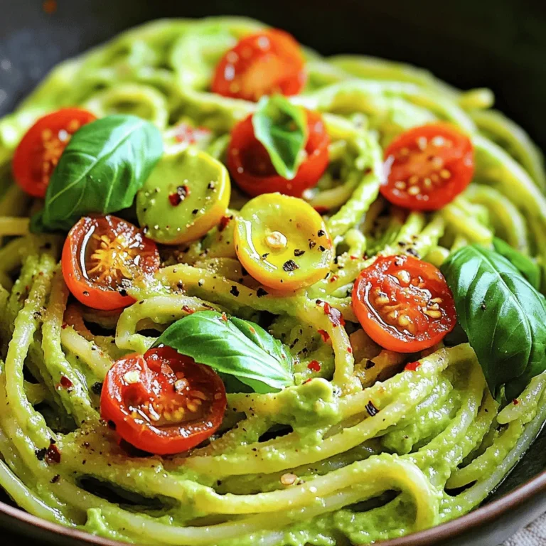 - 12 ounces of spaghetti or linguine - 2 ripe avocados - 1 clove garlic - 1 tablespoon lemon juice - 1/4 cup fresh basil leaves - 1/4 cup grated Parmesan cheese or nutritional yeast - Salt and black pepper - Cherry tomatoes - Red pepper flakes When making creamy avocado pasta, start with fresh and ripe ingredients. The main players here are the avocados, which give the dish its creamy texture. Choose avocados that are slightly soft to the touch. This means they are ripe and ready to blend. You can use spaghetti or linguine for the base of this dish. Both types of pasta work well and hold the sauce nicely. Cook them al dente for the best texture. The optional ingredients add depth to your dish. Fresh basil brings a burst of flavor, while Parmesan or nutritional yeast offers a cheesy taste. Season with salt and black pepper to enhance all the flavors. For garnishing, halved cherry tomatoes add color and freshness. If you like some heat, sprinkle red pepper flakes on top. You can also find the full recipe to guide you through the process. Enjoy crafting this simple and delicious meal! - Start by boiling salted water in a large pot. - Add spaghetti or linguine to the boiling water. - Cook until al dente, about 8 to 10 minutes. - Once done, drain the pasta but keep about 1 cup of the pasta water for later. - In a blender, combine the ripe avocados and minced garlic. - Add freshly squeezed lemon juice for a zesty touch. - Toss in fresh basil leaves and grated Parmesan cheese. - Season with salt and black pepper, then blend until smooth. - If the sauce is too thick, slowly add some reserved pasta water to reach your preferred texture. - Place the hot pasta in a large mixing bowl. - Pour the creamy avocado sauce over the pasta. - Use tongs or a spatula to mix until every strand is coated. - If the sauce seems too thick, add more reserved pasta water a little at a time until it clings nicely to the pasta. This simple and quick process gives you a delicious creamy avocado pasta. For the complete recipe, check the [Full Recipe]. To make your creamy avocado pasta even tastier, try adding fresh herbs. Basil is a classic choice, but you can also use parsley or cilantro. These herbs add a bright taste and make your dish feel fresh. You can also balance the creaminess of the avocado sauce. A squeeze of lemon juice adds a nice tang. It helps cut through the richness and brightens the overall flavor. Plating your dish well makes it more appealing. Serve the pasta in deep bowls or on shallow plates. This way, the vibrant green sauce stands out. For a pop of color, add halved cherry tomatoes on top. They add freshness and look great. You can also sprinkle some extra grated cheese or nutritional yeast for fun. A lime wedge adds a zesty touch, too. You don’t need fancy tools for this recipe. A large pot for boiling pasta and a mixing bowl are enough. For the sauce, a blender or food processor works best. Make sure it blends the avocado to a smooth texture. If you don’t have either, a fork can work. Just mash the avocado and mix well. These tips will help you create a dish that looks great and tastes even better. For the full recipe, check out the details above! {{image_4}} For a completely plant-based version, simply swap out a few ingredients. Use nutritional yeast instead of cheese. You can also add some silken tofu for extra creaminess. A squeeze of lime juice will brighten the dish. Here are the main ingredients for your vegan creamy avocado pasta: - 12 ounces spaghetti or linguine - 2 ripe avocados - 1 clove garlic - 1 tablespoon lemon juice - 1/4 cup fresh basil leaves - 1/4 cup nutritional yeast - Salt and black pepper to taste - 2 tablespoons extra virgin olive oil This vegan twist keeps all the flavor while being kind to our planet. Adding protein can make this meal heartier. Grilled chicken or shrimp works great. Just cook them separately, then toss them with the pasta. Here are some seasonal veggies to add for extra color and nutrients: - Spinach or kale for greens - Peas for sweetness - Roasted bell peppers for a smoky touch These additions not only enhance flavor but also increase the nutritional value of your meal. Want to spice things up? Add some fresh chopped jalapeños or crushed red pepper flakes. This brings a nice heat to your creamy pasta. For a unique twist, try adding citrus zest or chopped nuts. Here are some suggestions: - Zest of one lime for a zesty kick - Chopped walnuts for crunch - Toasted pine nuts for richness These flavors elevate your dish and make it even more enjoyable. For the full recipe, check out the detailed instructions to guide you in making this delightful meal. Store leftovers in an airtight container. Glass containers work best for keeping food fresh. You can also use plastic containers if glass is not available. Do not let the pasta sit out too long. It’s best to eat it within three days for optimal taste. Reheat in a pan over low heat. This helps keep the pasta creamy. You can add a splash of water to loosen the sauce. Avoid using a microwave, as it can make the pasta tough. Stir often to prevent any parts from burning. To freeze the avocado sauce, place it in a freezer-safe bag. Remove as much air as possible before sealing. This keeps the sauce fresh for up to three months. When ready to use, thaw it in the fridge overnight. To maintain flavor and texture, add fresh herbs after thawing. You can skip cheese in this dish. Use nutritional yeast for a cheesy flavor. Blend it with the avocados for richness. You can also add mashed cashews or tahini. Both options add creaminess without dairy. Yes, you can make the avocado sauce early. Store it in an airtight container. Add a thin layer of olive oil on top to slow browning. Keep it in the fridge for up to two days. Pair creamy avocado pasta with a fresh salad. A light arugula or spinach salad works great. For wine, try a crisp white like Sauvignon Blanc. It complements the creamy dish well. Avocado sauce turns brown due to oxidation. To prevent this, add lemon juice right away. Keep the sauce covered and chill it quickly. Also, using a vacuum-sealed container can help keep it green longer. Creamy avocado pasta is simple and delicious. You need just a few ingredients, like spaghetti and ripe avocados. Blend them with garlic, lemon juice, and maybe Parmesan for extra flavor. Don’t forget to add your favorite herbs or veggies. In conclusion, this dish is perfect for many occasions. With easy steps and fun variations, you can impress any guest. Enjoy creating your own unique version, and happy cooking!