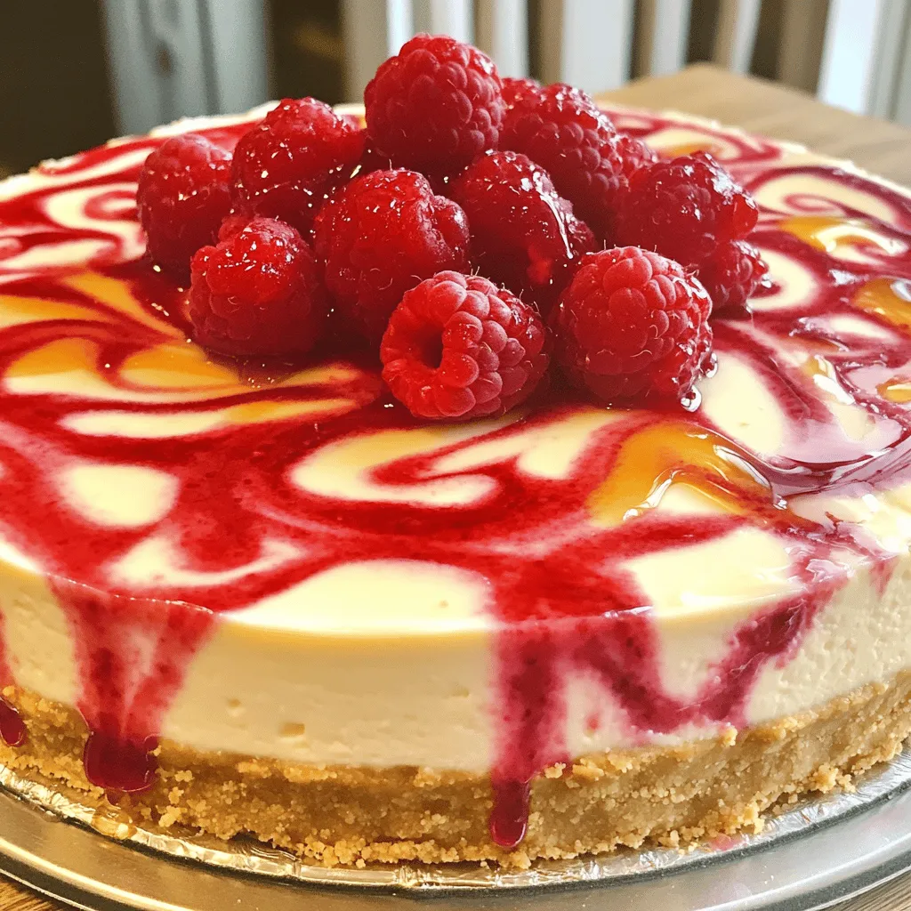 - 1 ½ cups graham cracker crumbs - ½ cup unsalted butter, melted - 2 cups cream cheese, softened to room temperature - 1 cup granulated sugar - 3 large eggs, at room temperature - 1 teaspoon pure vanilla extract - 1 cup sour cream - 1 cup fresh raspberries (plus extra for garnish) - 2 tablespoons honey (or maple syrup) To make a rich and smooth Raspberry Swirl Cheesecake, you need simple ingredients that blend well. The graham cracker crumbs serve as the crust, giving a nice crunch. Unsalted butter adds richness to the crust too. Cream cheese is the star in the filling, making it creamy and delicious. Granulated sugar sweetens the cheesecake, while eggs help it set perfectly. Sour cream adds a tangy flavor, balancing the sweetness. Pure vanilla extract brings warmth and depth to the mix. Fresh raspberries give the beautiful swirl and a fruity kick. Finally, honey or maple syrup sweetens the raspberry sauce and adds a nice touch. - Alternatives for graham cracker crumbs: You can use crushed cookies, like Oreos or digestive biscuits, if you want a different taste. - Cream cheese variations: For a lighter option, you can choose low-fat cream cheese. Vegan cream cheese works too if you need a dairy-free choice. - Sweetener options: You can swap granulated sugar with coconut sugar or a sugar substitute like stevia for a healthier twist. These swaps keep the cheesecake tasty while fitting your needs. You can enjoy this dessert in many ways, making it fun to create! For the full recipe, check out the Raspberry Swirl Cheesecake . Preheat your oven to 325°F (160°C). This step is key for even baking. Grease a 9-inch springform pan with cooking spray. You can also use parchment paper on the bottom. This helps the cheesecake release easily. In a bowl, mix 1 ½ cups of graham cracker crumbs with ½ cup of melted butter. Stir until all crumbs are covered. Press this mixture firmly into the bottom of your springform pan. It should be smooth and even. Bake the crust for 10 minutes. After baking, let it cool for a bit. In a large bowl, beat 2 cups of softened cream cheese with 1 cup of granulated sugar. Use an electric mixer on medium speed. This should take about 2-3 minutes until it's smooth. Add 3 large eggs one at a time, mixing well after each egg. Finally, stir in 1 teaspoon of vanilla extract and 1 cup of sour cream. Mix until creamy and blended. In a small saucepan, combine 1 cup of fresh raspberries and 2 tablespoons of honey (or maple syrup). Cook over medium heat for about 3-4 minutes. Stir gently until the raspberries break down into a smooth sauce. Remove from heat and let it cool slightly. Pour half of the cheesecake filling over the cooled crust. Drizzle 2-3 tablespoons of raspberry sauce on top. Use a knife or toothpick to create swirls. Pour the rest of the cheesecake filling on top, followed by more raspberry sauce. Swirl again to decorate. Bake the cheesecake for 50-60 minutes. The edges should be firm, but the center should jiggle a little. After baking, turn off the oven. Crack the door open and let the cheesecake cool inside for about 1 hour. This helps prevent cracks. Once cooled, move it to the fridge for at least 4 hours, or overnight. When ready to serve, run a knife around the edges of the pan. Release the sides carefully. Garnish with fresh raspberries for a nice touch. For the full recipe, check out the Raspberry Swirl Cheesecake section. To create a beautiful marbled effect, start with your raspberry sauce. Use fresh raspberries and honey or maple syrup. Cook them gently until they break down into a smooth sauce. When layering, pour half of the cheesecake filling first. Add a few tablespoons of the raspberry sauce. Then, use a knife to swirl the two mixtures together. This technique gives you that stunning look. Remember not to over-mix. Doing so will blend the colors instead of keeping them separate. Cracks can happen, but you can prevent them. After baking, turn off the oven and crack the door open. Let the cheesecake cool slowly for about an hour. This helps avoid sudden temperature changes. If your cheesecake is not setting, check the baking time. It should jiggle slightly in the center when done. If it still looks wet, give it a few more minutes in the oven. Toppings can take your cheesecake to the next level. Try whipped cream or a drizzle of chocolate sauce. Fresh mint leaves also add a nice touch. For extra flavor, consider adding spices. A pinch of cinnamon or nutmeg can enhance the taste. You can also try a splash of almond extract for a unique twist. These little changes make your cheesecake even more delightful. For the full recipe, check out the detailed instructions. {{image_4}} Raspberry swirl cheesecake offers many tasty twists. One fun option is chocolate raspberry swirl. You make it by adding melted chocolate to your cheesecake mix. This gives a rich flavor contrast with the tart raspberries. Another great choice is lemon raspberry cheesecake. You mix in fresh lemon juice and zest for a bright, tangy taste. These combinations let you enjoy the classic cheesecake in new ways! If you need gluten-free options, use gluten-free graham cracker crumbs for the crust. You can also swap out regular cream cheese for a dairy-free alternative. For a vegan version, use cashew cream or tofu in place of cream cheese. Both options will keep your cheesecake creamy and delicious, meeting different dietary needs. For a fun twist, try mini cheesecake bites. Use a muffin tin to create small, individual servings. They are perfect for parties and easy to share. Another idea is to make cheesecake parfaits. Layer cheesecake filling, raspberry sauce, and graham cracker crumbs in a glass. This not only looks pretty but also offers a great taste experience. Each bite mixes the creamy cheesecake with the fruity raspberry swirl. For the full recipe, check out the Raspberry Swirl Cheesecake section. To keep your Raspberry Swirl Cheesecake fresh, store it in the fridge. Use an airtight container to prevent it from drying out. You can also cover it with plastic wrap. This keeps the cheesecake moist and tasty. If you want to save some cheesecake for later, you can freeze it. First, let the cheesecake cool completely in the fridge. Then, wrap it tightly in plastic wrap. Place it in a freezer bag or container. This keeps it safe from freezer burn. When you are ready to eat, thaw the cheesecake in the fridge overnight. Slice it and serve cold for the best flavor. Raspberry Swirl Cheesecake is best eaten within a week when stored in the fridge. After that, the taste and texture may change. Watch for signs of spoilage like off smells or visible mold. If you notice these, it's time to toss it. Enjoy your cheesecake while it’s fresh for the best experience. You can use other fruits like strawberries, blueberries, or blackberries. Each fruit adds its own flavor. If you want a different taste, try making a mango or peach swirl. Just cook the fruit the same way as raspberries. This gives you a tasty and colorful cheesecake. The cheesecake needs to chill for at least four hours. For the best results, chill it overnight. This helps the flavors blend well and the texture set perfectly. A well-chilled cheesecake is easier to slice and serve. Yes, you can make it a day or two ahead. Just keep it covered in the fridge. This makes it a great dessert for parties. You can focus on other dishes without stress. Plus, it will taste even better after resting! Cracks often happen due to rapid temperature changes. Opening the oven too soon can cause this. Another common reason is overmixing the batter. Mix just until combined to avoid too much air. Baking with a water bath can also help keep the cheesecake moist. Your cheesecake is done when the edges look firm. The center should still jiggle slightly. This means it will set as it cools. Use a toothpick to check; it should come out clean but not dry. Following these steps will help ensure a smooth, creamy texture for your Raspberry Swirl Cheesecake. This blog covered how to make a delicious raspberry swirl cheesecake. You learned about the key ingredients, steps, and tips for perfecting your cheesecake. I hope you feel ready to try this recipe yourself. Remember, you can adjust flavors and store your cheesecake properly for long-lasting enjoyment. Don’t let cracks or other issues stop you; there's always a solution. Enjoy the process and impress your friends with a tasty treat that’s sure to be a hit!