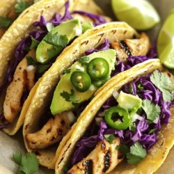 - 2 boneless, skinless chicken breasts - 2 tablespoons extra-virgin olive oil - 2 tablespoons freshly squeezed lime juice - 1 tablespoon finely grated lime zest - 1-2 jalapeños, finely chopped (remove seeds for less heat) - 2 cloves garlic, minced - 1 teaspoon ground cumin - 1 teaspoon chili powder - Sea salt and freshly ground black pepper to taste To make tasty jalapeno lime chicken tacos, start with fresh chicken breasts. They provide a great base for flavor. Olive oil adds richness and helps the spices stick. Fresh lime juice and zest bring brightness. Jalapeños give a nice kick. You can adjust the heat by removing their seeds. Garlic adds depth. Ground cumin and chili powder balance the flavors. Salt and pepper round everything out. - 8 small corn or flour tortillas - 1 cup purple cabbage, finely shredded - 1 ripe avocado, sliced - Fresh cilantro leaves, for garnish - Optional: lime wedges for serving Next, gather your taco assembly ingredients. Corn or flour tortillas hold everything together. Purple cabbage adds crunch and color. Avocado offers creaminess, which pairs well with spicy chicken. Fresh cilantro brightens the dish. Lime wedges on the side add a zesty finish. - Lime wedges - Suggested side dishes When serving your tacos, include lime wedges. They enhance the flavor with a squeeze. Think about side dishes, too. Black beans or rice make a great addition. You can even serve tortilla chips with salsa for a fun twist. For the complete recipe and detailed cooking steps, check out the Full Recipe. Preparing the marinade To make the marinade, combine olive oil, lime juice, lime zest, chopped jalapeños, minced garlic, ground cumin, chili powder, sea salt, and black pepper in a medium bowl. Whisk until all the ingredients blend well. This mix adds a fresh and zesty flavor to your chicken. Coating the chicken Next, add your chicken strips to the bowl. Make sure each piece gets a good coat of the marinade. This step helps the chicken soak up all those amazing flavors. Cover the bowl with plastic wrap and place it in the fridge for at least 30 minutes. The longer you marinate, the better the taste. Grilling instructions While the chicken marinates, preheat your grill or a stovetop skillet on medium-high heat. Once hot, take the chicken strips out of the marinade, letting any extra drip off. Grill each strip for about 5 to 7 minutes on each side. Look for a nice golden color and slight char marks. The chicken should reach 165°F (75°C) inside. Checking doneness To ensure the chicken is ready, you can use a meat thermometer. This step is key for juicy chicken. If you don’t have one, cut into a piece to check that it's no longer pink inside. Heating tortillas Warm the tortillas on the grill or in a separate skillet for about 1 minute on each side. They should feel soft and pliable, not crispy. This makes it easier to fold them. Layering ingredients Now, it's time to build your tacos! Place a generous amount of grilled chicken on each tortilla. Next, top it with a handful of shredded purple cabbage and a few slices of creamy avocado. The crunch from the cabbage and creaminess from the avocado work perfectly together. For a final touch, add fresh cilantro leaves for a burst of flavor. Serve your tacos right away with lime wedges on the side for an extra zing. For the full recipe, see the section above. Enjoy every bite! To make the best jalapeno lime chicken, marinate the chicken for at least 30 minutes. This time allows the flavors to soak in. You can marinate it longer, even overnight, for a deeper taste. If you like it spicy, add more jalapeños or leave the seeds in. For a milder version, remove the seeds. Adjust the spice to fit your taste. You can grill the chicken or cook it on the stovetop. Both methods work well! If using a grill, preheat it to medium-high heat. This helps to get nice grill marks and a smoky flavor. If you cook on the stovetop, use a non-stick skillet. Make sure the chicken cooks evenly by leaving space between the pieces. This way, each piece gets a good sear. When serving these tacos, arrange them on a large platter. This makes a great display for gatherings. Nestle lime wedges around the tacos. Offer extra avocado slices and cilantro in small bowls. This lets guests customize their tacos. Don't forget to check out the Full Recipe for all the details! {{image_4}} You can change up the heat in your tacos. Try using serrano or habanero peppers for a hotter kick. These peppers add nice flavor and heat. If you want spice without jalapeños, use red pepper flakes or hot sauce. They can give your dish a punch without changing the main taste. Making your tacos gluten-free is easy. Just use corn tortillas instead of flour. They taste great and keep the dish light. For a vegetarian option, swap the chicken for grilled portobello mushrooms or chickpeas. Both options taste delicious with the same marinade. Want to add more flavor? Try adding fresh mango slices to your tacos. The sweet taste pairs well with the spicy chicken. You can also use fresh herbs like basil or mint instead of cilantro. These herbs can give your tacos a fresh twist. Add these fun details to your dish to make it unique. For the full recipe, click here [Full Recipe]. To keep your Jalapeno Lime Chicken fresh, store it properly. Place leftover chicken in an airtight container. It stays good in the fridge for up to four days. For tortillas, wrap them in plastic wrap or foil. This helps prevent them from drying out. Store fresh toppings like cabbage and avocado separately. This keeps them crisp and tasty. When you are ready to eat leftovers, reheat the chicken gently. Place it in a skillet over medium heat. Stir it often until it’s hot. You can also use the microwave. Heat in short bursts, checking often to avoid overcooking. For tortillas, warm them in a dry skillet. Heat them for about 30 seconds on each side. This keeps them soft and pliable, just like fresh ones. If you want to save your chicken for later, it freezes well. Place cooked chicken in a freezer-safe bag. Squeeze out all the air before sealing. It stays good for up to three months. For tacos, it’s best to freeze the chicken only. Assemble tacos fresh when you are ready to eat. This ensures the best taste and texture. To boost the flavor, add more spices. You can increase the chili powder or cumin. You can also add smoked paprika for a deeper taste. If you like heat, try more jalapeños or even a dash of cayenne pepper. Marinating the chicken longer will let the flavors soak in better. I recommend at least one hour for the best taste. Yes, you can grill the chicken ahead of time. Just cook it fully and let it cool. Then, store the chicken in an airtight container in the fridge. You can also marinate it the night before for extra flavor. Just make sure to reheat it gently. You want to keep it juicy and tender. The best toppings include shredded cabbage, avocado slices, and fresh cilantro. You can also add diced tomatoes or pickled onions for extra crunch. A squeeze of lime gives a fresh kick. For a creamy touch, try sour cream or a drizzle of yogurt. Mix and match to create your perfect taco. To make fewer tacos, simply halve the ingredients. Use one chicken breast instead of two. Adjust the spices and marinade to match. This way, you can still enjoy the great flavors without making too much. It’s a perfect way to make a quick meal for one or two. Yes, these tacos can be healthy. Chicken is a great source of protein. The toppings like cabbage and avocado add fiber and healthy fats. Using fresh ingredients helps you avoid processed foods. Just keep an eye on the amount of oil and any added sauces. Overall, they can fit nicely into a balanced diet. In this article, we explored how to create tasty Jalapeno Lime Chicken Tacos. You learned about the key ingredients, from chicken to toppings. We broke down step-by-step marinating and cooking instructions for juicy chicken. You discovered helpful tips for perfecting your tacos, plus fun variations and storage tips. Enjoying these tacos can be simple and fun, making them a perfect choice for any meal. Now you're ready to impress your friends and family with your delicious homemade tacos!