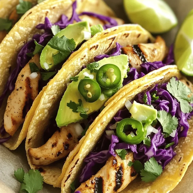 - 2 boneless, skinless chicken breasts - 2 tablespoons extra-virgin olive oil - 2 tablespoons freshly squeezed lime juice - 1 tablespoon finely grated lime zest - 1-2 jalapeños, finely chopped (remove seeds for less heat) - 2 cloves garlic, minced - 1 teaspoon ground cumin - 1 teaspoon chili powder - Sea salt and freshly ground black pepper to taste To make tasty jalapeno lime chicken tacos, start with fresh chicken breasts. They provide a great base for flavor. Olive oil adds richness and helps the spices stick. Fresh lime juice and zest bring brightness. Jalapeños give a nice kick. You can adjust the heat by removing their seeds. Garlic adds depth. Ground cumin and chili powder balance the flavors. Salt and pepper round everything out. - 8 small corn or flour tortillas - 1 cup purple cabbage, finely shredded - 1 ripe avocado, sliced - Fresh cilantro leaves, for garnish - Optional: lime wedges for serving Next, gather your taco assembly ingredients. Corn or flour tortillas hold everything together. Purple cabbage adds crunch and color. Avocado offers creaminess, which pairs well with spicy chicken. Fresh cilantro brightens the dish. Lime wedges on the side add a zesty finish. - Lime wedges - Suggested side dishes When serving your tacos, include lime wedges. They enhance the flavor with a squeeze. Think about side dishes, too. Black beans or rice make a great addition. You can even serve tortilla chips with salsa for a fun twist. For the complete recipe and detailed cooking steps, check out the Full Recipe. Preparing the marinade To make the marinade, combine olive oil, lime juice, lime zest, chopped jalapeños, minced garlic, ground cumin, chili powder, sea salt, and black pepper in a medium bowl. Whisk until all the ingredients blend well. This mix adds a fresh and zesty flavor to your chicken. Coating the chicken Next, add your chicken strips to the bowl. Make sure each piece gets a good coat of the marinade. This step helps the chicken soak up all those amazing flavors. Cover the bowl with plastic wrap and place it in the fridge for at least 30 minutes. The longer you marinate, the better the taste. Grilling instructions While the chicken marinates, preheat your grill or a stovetop skillet on medium-high heat. Once hot, take the chicken strips out of the marinade, letting any extra drip off. Grill each strip for about 5 to 7 minutes on each side. Look for a nice golden color and slight char marks. The chicken should reach 165°F (75°C) inside. Checking doneness To ensure the chicken is ready, you can use a meat thermometer. This step is key for juicy chicken. If you don’t have one, cut into a piece to check that it's no longer pink inside. Heating tortillas Warm the tortillas on the grill or in a separate skillet for about 1 minute on each side. They should feel soft and pliable, not crispy. This makes it easier to fold them. Layering ingredients Now, it's time to build your tacos! Place a generous amount of grilled chicken on each tortilla. Next, top it with a handful of shredded purple cabbage and a few slices of creamy avocado. The crunch from the cabbage and creaminess from the avocado work perfectly together. For a final touch, add fresh cilantro leaves for a burst of flavor. Serve your tacos right away with lime wedges on the side for an extra zing. For the full recipe, see the section above. Enjoy every bite! To make the best jalapeno lime chicken, marinate the chicken for at least 30 minutes. This time allows the flavors to soak in. You can marinate it longer, even overnight, for a deeper taste. If you like it spicy, add more jalapeños or leave the seeds in. For a milder version, remove the seeds. Adjust the spice to fit your taste. You can grill the chicken or cook it on the stovetop. Both methods work well! If using a grill, preheat it to medium-high heat. This helps to get nice grill marks and a smoky flavor. If you cook on the stovetop, use a non-stick skillet. Make sure the chicken cooks evenly by leaving space between the pieces. This way, each piece gets a good sear. When serving these tacos, arrange them on a large platter. This makes a great display for gatherings. Nestle lime wedges around the tacos. Offer extra avocado slices and cilantro in small bowls. This lets guests customize their tacos. Don't forget to check out the Full Recipe for all the details! {{image_4}} You can change up the heat in your tacos. Try using serrano or habanero peppers for a hotter kick. These peppers add nice flavor and heat. If you want spice without jalapeños, use red pepper flakes or hot sauce. They can give your dish a punch without changing the main taste. Making your tacos gluten-free is easy. Just use corn tortillas instead of flour. They taste great and keep the dish light. For a vegetarian option, swap the chicken for grilled portobello mushrooms or chickpeas. Both options taste delicious with the same marinade. Want to add more flavor? Try adding fresh mango slices to your tacos. The sweet taste pairs well with the spicy chicken. You can also use fresh herbs like basil or mint instead of cilantro. These herbs can give your tacos a fresh twist. Add these fun details to your dish to make it unique. For the full recipe, click here [Full Recipe]. To keep your Jalapeno Lime Chicken fresh, store it properly. Place leftover chicken in an airtight container. It stays good in the fridge for up to four days. For tortillas, wrap them in plastic wrap or foil. This helps prevent them from drying out. Store fresh toppings like cabbage and avocado separately. This keeps them crisp and tasty. When you are ready to eat leftovers, reheat the chicken gently. Place it in a skillet over medium heat. Stir it often until it’s hot. You can also use the microwave. Heat in short bursts, checking often to avoid overcooking. For tortillas, warm them in a dry skillet. Heat them for about 30 seconds on each side. This keeps them soft and pliable, just like fresh ones. If you want to save your chicken for later, it freezes well. Place cooked chicken in a freezer-safe bag. Squeeze out all the air before sealing. It stays good for up to three months. For tacos, it’s best to freeze the chicken only. Assemble tacos fresh when you are ready to eat. This ensures the best taste and texture. To boost the flavor, add more spices. You can increase the chili powder or cumin. You can also add smoked paprika for a deeper taste. If you like heat, try more jalapeños or even a dash of cayenne pepper. Marinating the chicken longer will let the flavors soak in better. I recommend at least one hour for the best taste. Yes, you can grill the chicken ahead of time. Just cook it fully and let it cool. Then, store the chicken in an airtight container in the fridge. You can also marinate it the night before for extra flavor. Just make sure to reheat it gently. You want to keep it juicy and tender. The best toppings include shredded cabbage, avocado slices, and fresh cilantro. You can also add diced tomatoes or pickled onions for extra crunch. A squeeze of lime gives a fresh kick. For a creamy touch, try sour cream or a drizzle of yogurt. Mix and match to create your perfect taco. To make fewer tacos, simply halve the ingredients. Use one chicken breast instead of two. Adjust the spices and marinade to match. This way, you can still enjoy the great flavors without making too much. It’s a perfect way to make a quick meal for one or two. Yes, these tacos can be healthy. Chicken is a great source of protein. The toppings like cabbage and avocado add fiber and healthy fats. Using fresh ingredients helps you avoid processed foods. Just keep an eye on the amount of oil and any added sauces. Overall, they can fit nicely into a balanced diet. In this article, we explored how to create tasty Jalapeno Lime Chicken Tacos. You learned about the key ingredients, from chicken to toppings. We broke down step-by-step marinating and cooking instructions for juicy chicken. You discovered helpful tips for perfecting your tacos, plus fun variations and storage tips. Enjoying these tacos can be simple and fun, making them a perfect choice for any meal. Now you're ready to impress your friends and family with your delicious homemade tacos!
