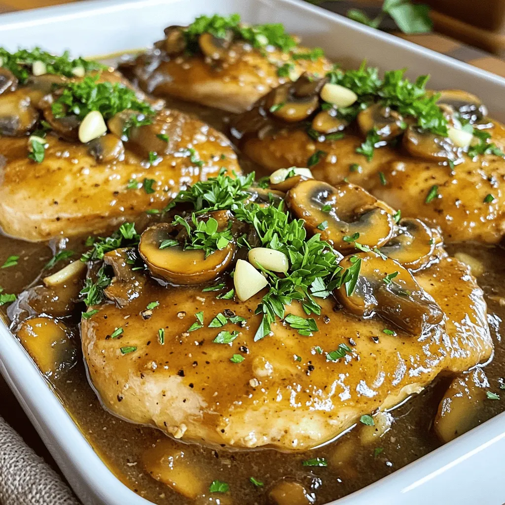 - 2 boneless, skinless chicken breasts - 8 ounces cremini mushrooms, sliced thinly - Salt and freshly cracked black pepper to taste - 3 tablespoons extra-virgin olive oil - 1 tablespoon unsalted butter - 1 tablespoon balsamic vinegar - Fresh parsley, finely chopped - Fresh thyme, finely chopped Chicken Marsala shines with simple yet bold flavors. The chicken breasts are the star of this dish. They need to be tender and juicy. The cremini mushrooms add a great earthy taste. Seasoning with salt and pepper brings it all together. Now, for the cooking essentials. Use good-quality extra-virgin olive oil to cook the chicken. It gives a nice flavor and helps achieve a perfect sear. Unsalted butter adds richness to the sauce. Balsamic vinegar provides a sweet and tangy kick that brightens the dish. Lastly, consider garnishing with fresh parsley and thyme. They bring a pop of color and freshness to your plate. This easy recipe is all about balance. Each ingredient plays its part to create a delightful meal. For the full recipe, check out the Savory Chicken Marsala Delight! Begin by placing the chicken breasts between two sheets of plastic wrap. Use a meat mallet or a rolling pin and pound them to an even thickness of about ½ inch. This step ensures the chicken cooks evenly. Then, season both sides with salt and freshly cracked black pepper. This adds flavor and enhances the dish. Next, take a large, flat plate and spread out the all-purpose flour. One by one, coat each chicken breast lightly in the flour. Make sure to cover it evenly for the best texture. After coating, shake off any excess flour. This prevents a heavy crust and keeps the dish light. Now, heat extra-virgin olive oil in a large skillet over medium-high heat. Once hot, carefully place the flour-coated chicken breasts in the skillet. Cook for about 4-5 minutes on each side. You want them golden brown and fully cooked, reaching an internal temperature of 165°F (75°C). Once done, remove the chicken and place it on a warm plate. In the same skillet, reduce the heat slightly and add unsalted butter. Once it melts, add the sliced cremini mushrooms. Sauté for around 5 minutes until they are browned and tender. Then, add minced garlic and cook for an extra 1-2 minutes. Stir often to avoid burning the garlic. You want it fragrant and delicious. Pour low-sodium chicken broth and balsamic vinegar into the skillet. Use a wooden spoon to scrape up any browned bits from the bottom. These bits add great flavor! Stir in the chopped thyme and bring the mixture to a gentle simmer. Let it cook for about 5 minutes. This allows the sauce to reduce and thicken nicely. Finally, return the cooked chicken breasts to the skillet. Spoon the rich sauce and mushrooms over them. Let everything cook together for another 2-3 minutes. This helps the chicken soak up all the wonderful flavors from the sauce. Now your Chicken Marsala is ready to serve! For the complete recipe, check the Full Recipe section. To make great Chicken Marsala, you want the chicken to cook evenly. - Pound the chicken breasts to about ½ inch thick. This helps them cook well. - Season both sides with salt and pepper. This adds flavor and makes the chicken tasty. Choosing the right mushrooms is key. I love using cremini mushrooms. They add a rich, earthy taste. - Avoid soggy mushrooms by cooking them at high heat. - Sauté them in butter until they are golden brown. This keeps them firm and flavorful. The sauce is where the magic happens. You can add more flavor to your sauce. - Consider adding a splash of white wine for depth. - If the sauce is too thin, let it simmer longer. Adjust it until it’s just right. For a full recipe, check out the Savory Chicken Marsala Delight. {{image_4}} You can switch up the protein in Chicken Marsala. Turkey or pork work well here. Use boneless turkey breasts or thin pork chops. They will soak up the sauce nicely. If you want a vegetarian option, try using eggplant or portobello mushrooms. Slice them thick and cook them as you would the chicken. They will absorb the flavors and give a hearty bite. You can play with the sauce too. For a rich twist, add cream. It gives the sauce a smooth texture and a lovely taste. Just stir in a bit of heavy cream after you simmer the broth and vinegar. You can also try different vinegars. A splash of red wine vinegar or sherry vinegar can add a new flavor. Each type brings its unique taste to the dish. When it comes to sides, think simple. Mashed potatoes are classic, creamy, and delicious. They soak up the sauce well. You can also serve a fresh green salad for a light touch. If it’s summer, consider seasonal veggies. Grilled asparagus or roasted Brussels sprouts pair nicely with the dish. They add color and crunch to your plate. For a full recipe, you can check out the Savory Chicken Marsala Delight . To keep your Chicken Marsala fresh, follow these simple tips: - Refrigeration guidelines: Store leftovers in an airtight container. They will last up to three days in the fridge. Make sure to cool the dish to room temperature first before sealing it. - Freezing tips: If you want to keep the dish longer, freeze it. Use a freezer-safe container or freezer bag. Chicken Marsala can last up to three months in the freezer. Just remember to label it with the date. When you're ready to enjoy your leftovers, here’s how to reheat: - Best methods to retain flavor: The stovetop is ideal. Place the chicken and sauce in a skillet over low heat. Stir often until it’s heated through. This helps keep the sauce rich and flavorful. - Microwave vs stovetop: You can use the microwave, but it may dry out the chicken. If you choose the microwave, heat in short bursts. Check every minute to avoid overcooking. Want to save time? Try these meal prep ideas: - Preparing ingredients in advance: You can pound and season the chicken ahead of time. Slice the mushrooms and mince the garlic the night before. Store them in the fridge until you're ready to cook. - Quick reassembly methods: When you’re ready to cook, dredge the chicken in flour and follow the recipe steps. This way, you can make a delicious meal in no time! For the full recipe, check out Savory Chicken Marsala Delight . For Chicken Marsala, use dry Marsala wine. It adds a rich flavor. Look for brands like Florio or Cantine Pellegrino. If you can’t find Marsala, try a dry sherry or white wine. These options work well and still taste great. Yes, you can! Cook the chicken and make the sauce. Store them in separate containers in the fridge. They stay fresh for about three days. To reheat, warm the chicken in a skillet. Add the sauce to keep it moist. Many sides work well with Chicken Marsala. Consider creamy mashed potatoes or pasta for a hearty meal. A fresh green salad adds a nice crunch. You can also serve it with roasted vegetables or garlic bread. These sides enhance the meal's flavors. Chicken Marsala is not gluten-free due to flour in the recipe. To make it gluten-free, use cornstarch or gluten-free flour. This swap keeps the dish safe for those with gluten sensitivities. Always check your broth and other ingredients for gluten. For the full recipe, check out Savory Chicken Marsala Delight . This detailed guide offers all the steps needed to create this delicious dish. This blog post covered how to make Savory Chicken Marsala. I explained the main ingredients, cooking steps, tips, variations, and storage tips. Remember to pound the chicken for even cooking and season well for flavor. Experiment with different mushrooms and sauce variations to find your favorite. With the right preparation and a bit of practice, you can create a delicious meal. Enjoy your cooking adventure!
