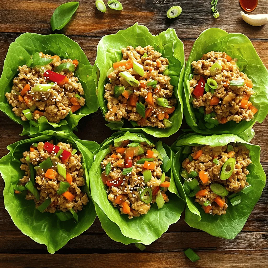 - 1 lb ground chicken - 1 red bell pepper, finely chopped - 1 small carrot, grated - 3 green onions, chopped (white and green parts separated) - 1 clove garlic, minced - 1 tablespoon fresh ginger, minced - 2 tablespoons soy sauce (or tamari for gluten-free option) - 1 tablespoon hoisin sauce - 1 tablespoon sesame oil - 1 teaspoon rice vinegar - Salt and freshly ground black pepper to taste - 1 head butter lettuce or iceberg lettuce (for wrapping) - Sesame seeds, for garnish - Optional: Sriracha for an extra kick Each serving of these healthy chicken lettuce wraps contains about 250 calories. They have around 20g of protein, which helps build and repair muscles. You'll also find healthy fats from sesame oil and essential vitamins from the veggies. This meal is low in carbs, making it great for anyone watching their intake. - Ground Chicken: A lean protein source that helps keep you full and supports muscle growth. - Red Bell Pepper: Packed with vitamin C, it boosts your immune system and adds a sweet crunch. - Carrot: Rich in beta-carotene, carrots are good for your eyes and skin. - Green Onions: These add flavor and contain antioxidants that help fight disease. - Garlic and Ginger: Both have anti-inflammatory properties and may improve digestion. - Soy Sauce: Provides a savory taste while giving you important minerals. - Lettuce: Low in calories, lettuce is high in fiber, which is great for digestion. Using these ingredients not only makes your meal tasty but also supports a healthy lifestyle. You can find the full recipe to guide you through the steps of making this fresh dish. Start by heating the sesame oil in a large skillet over medium heat. Once the oil is hot, add the minced garlic and ginger. Sauté them for 30 seconds. They should smell nice and become lightly golden. Next, add the ground chicken to the skillet. Use a wooden spoon to break it apart as it cooks. Keep cooking for 5-7 minutes until the chicken is browned. Ensure there is no pink left in the meat. After the chicken is cooked, stir in the red bell pepper, grated carrot, and the white parts of the chopped green onions. Cook for another 3-4 minutes. This step will soften the vegetables. While the chicken is cooking, prepare the lettuce leaves. Carefully separate them from the head. Rinse each leaf under cold water to clean them. After rinsing, pat them dry with a paper towel. Make sure they are dry so they hold the filling well. Now it’s time to assemble your wraps. In a small bowl, mix the soy sauce, hoisin sauce, rice vinegar, and a pinch of salt and pepper. Pour this sauce over the chicken and vegetable mixture. Stir well to combine everything. Let it cook for 2 more minutes. Remove the skillet from heat and let the chicken mixture cool slightly. Spoon the chicken mix into the center of each lettuce leaf. Fold or wrap the leaves around the filling. Garnish with sesame seeds. If you want some heat, drizzle Sriracha on top. Enjoy making this fresh meal! For the full recipe, check the recipe section above. To make your chicken lettuce wraps shine, start with fresh ingredients. Use crisp lettuce like butter or iceberg. This helps hold the filling well. - Cook the chicken until it is fully browned. This gives the best flavor. - Finely chop your vegetables for even cooking. Small pieces blend well into the chicken. - Adjust the sauce to your taste. You can add more soy or hoisin for extra flavor. Many people use wilted lettuce. This leads to sad wraps that tear easily. Always pick fresh, intact leaves. - Overcooking the chicken can make it dry. Watch it closely while it cooks. - Skipping the resting time after cooking can lead to soggy wraps. Let the filling cool slightly before you serve. Serve your wraps on a large platter. This makes it fun for everyone to grab their own. - Include extra sesame seeds and Sriracha on the side. Guests can spice up their wraps as they like. - Pair with cucumber slices or carrot sticks. This adds color and crunch to your meal. These tips will help you create delicious, healthy chicken lettuce wraps every time. For the full recipe, check out the details above! {{image_4}} You can switch up the protein in your chicken lettuce wraps. Ground turkey or beef works well. You can also use tofu or tempeh for a plant-based option. Each choice brings its own flavor. Experiment to find what you like best! The sauce can change the whole dish. If you want more heat, add chili sauce or red pepper flakes. For a sweeter touch, try adding honey or brown sugar. You can also swap soy sauce for coconut aminos for a different taste. Remember, the sauce makes it special! Feel free to load up on veggies. You can add mushrooms, zucchini, or shredded cabbage. Try water chestnuts for a nice crunch. The more veggies, the healthier your wraps will be. Plus, they’ll look colorful and fun on your table. For the full recipe, check out the Zesty Chicken Lettuce Wraps. To keep your leftover wraps fresh, place them in an airtight container. Ensure that the chicken filling is cooled before storage. This helps to avoid soggy lettuce. You can keep them in the fridge for about 2-3 days. If you separate the chicken mixture from the lettuce, it stays fresh longer. Reheat the chicken filling in a skillet over medium heat. Stir it often until it’s heated through. This method keeps the chicken moist and tasty. Avoid microwaving the filling, as it can make it dry. Once heated, spoon it back into fresh lettuce leaves for a quick meal. You can freeze the chicken mixture for up to 3 months. Place it in a freezer-safe bag, squeezing out excess air. When you’re ready to eat, thaw it overnight in the fridge. Reheat it in a skillet as mentioned before. Just remember to use fresh lettuce once you’re ready to serve. For the full recipe, check out the detailed instructions above. To make healthy chicken lettuce wraps, start with ground chicken. Cook it in sesame oil until it is brown and fully cooked. Add minced garlic, ginger, and chopped veggies like bell pepper and carrots. Mix in soy sauce and hoisin sauce for flavor. Finally, spoon the mixture into lettuce leaves and enjoy! For the full recipe, check out the details above. Yes, you can use different types of lettuce! Butter lettuce is great for wraps because it is soft and flexible. Iceberg lettuce is also a good choice as it is crunchy. You might try romaine or even cabbage leaves for a twist. Each type gives a different texture and taste, so feel free to experiment! Serving chicken lettuce wraps is fun! You can add a side of rice or quinoa for a filling meal. Fresh veggies like sliced cucumbers and carrots work well too. Try a light dipping sauce made of soy sauce and sesame oil. If you love spice, serve Sriracha on the side for extra heat. Enjoy your fresh meal! In this article, we covered how to make healthy chicken lettuce wraps. We explored the key ingredients and their health benefits. I shared step-by-step cooking instructions and tips for success. We also discussed how to customize your wraps and store leftovers. These wraps are easy to make and taste great. Try them soon, and enjoy the delicious flavors.