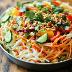 - 8 oz rice noodles - 1 cup shredded carrots - 1 cup bell peppers, thinly sliced (choose from red, yellow, or orange) - 1 cup cucumber, julienned - 1 cup red cabbage, finely shredded - 3 green onions, sliced - 1/2 cup fresh cilantro, chopped - 1/4 cup roasted peanuts, chopped These ingredients bring the salad to life. The rice noodles form a soft base. The fresh veggies add color and crunch. Carrots, bell peppers, and cucumber give a crisp texture. Red cabbage offers a slight sweetness, while green onions and cilantro add flavor. Roasted peanuts give a delightful crunch. - 1/4 cup creamy peanut butter - 2 tablespoons soy sauce - 2 tablespoons sesame oil - 1 tablespoon lime juice - 1 tablespoon honey or maple syrup - 1 teaspoon grated ginger - 1 clove garlic, minced - 1 tablespoon water (to thin the dressing if needed) The dressing is rich and creamy. Peanut butter is the star, providing flavor and creaminess. Soy sauce and sesame oil add a savory touch. Lime juice brightens up the dressing. Honey or maple syrup adds sweetness. Ginger and garlic bring warmth and depth. - Additional toppings (e.g., extra cilantro, sriracha for heat) - Protein additions (e.g., grilled chicken, shrimp, or tofu) You can customize this salad. Add more cilantro for freshness. A drizzle of sriracha gives it heat. For protein, grilled chicken or shrimp works well. Tofu is a great plant-based option. You can find the Full Recipe for more details on making this dish. To start, boil water in a large pot. Add the rice noodles to the pot. Follow the package instructions for cooking time. Typically, this takes about 5 to 7 minutes. Stir the noodles gently to prevent sticking. Once they are soft but still firm, drain the noodles in a colander. Rinse them under cool water. This stops the cooking process and keeps them from turning mushy. Set the noodles aside for later use. Next, grab your fresh vegetables. Use a grater for the carrots. For bell peppers, cut them into thin slices. A sharp knife works best for the cucumber and red cabbage. Julienning the cucumber gives a nice crunch. Combine all the veggies in a large mixing bowl. This should include the shredded carrots, bell peppers, cucumber, red cabbage, green onions, and chopped cilantro. Toss them gently to mix everything well. Now, let’s whip up the peanut dressing. In a separate bowl, add creamy peanut butter, soy sauce, sesame oil, lime juice, honey, grated ginger, and minced garlic. Use a whisk to mix everything together until smooth. If the dressing is too thick, add a tablespoon of water to thin it out. You want it to coat the noodles nicely. Taste the dressing and adjust any flavors if needed. You want it to be rich and flavorful. Now you're ready to combine everything for a delicious Thai Peanut Noodle Salad. To see the full recipe, check the section above. Enjoy your cooking! To make your Thai Peanut Noodle Salad even better, try adding spices or herbs. A sprinkle of red pepper flakes can bring heat. Fresh mint or basil adds a bright touch. You can also mix in some sesame seeds for a nutty crunch. When serving, think about pairings. This salad works well with grilled chicken, shrimp, or tofu. They boost protein and make it a full meal. Serve with lime wedges for an extra zing of flavor. How you present the salad can make a big difference. Serve it in a large bowl for family style. For a fancy touch, use a ring mold. This creates a neat, layered look. After molding, top with more peanuts and cilantro. This adds color and texture. Another fun idea is to use individual cups or jars. Each person gets their salad, and it looks cute too! For easy meal prep, store your ingredients separately. Keep the rice noodles, veggies, and dressing in different containers. This helps keep everything fresh. When you’re ready to eat, just mix them together. On busy weekdays, you can quickly assemble your salad. Prep the veggies ahead of time. Then, just cook the noodles and mix everything. It takes only a few minutes! This makes it easy to enjoy a healthy meal without stress. You can find the full recipe for Thai Peanut Noodle Salad [here](#). {{image_4}} You can easily make this Thai Peanut Noodle Salad vegetarian or vegan. For dressings, swap honey with maple syrup. This keeps the sweetness while staying plant-based. If you want protein, add tofu or chickpeas. Both options work well and add great texture. To make the dish fully plant-based, focus on fresh veggies. Use colorful bell peppers, carrots, and cucumbers. They bring crunch and flavor. You can also add edamame for more protein. It’s a tasty way to boost nutrition without losing flavor. For a gluten-free version, choose gluten-free rice noodles. They are easy to find in stores. Make sure to read the labels to be sure. They cook up just like regular noodles and taste great! For soy sauce, you can use tamari. Tamari is a gluten-free alternative. It has a similar taste. You can also try coconut aminos. This option is sweeter and adds a unique flavor. You can switch up the nut butter in your salad. Instead of peanut butter, try cashew or almond butter. Each nut butter gives a different taste and texture. It’s fun to experiment with flavors! Adding tropical fruits makes the salad more fun. Think about adding mango or pineapple. These fruits add sweetness and a juicy burst. They pair perfectly with the peanut dressing, making each bite refreshing and bright. To keep your Thai Peanut Noodle Salad fresh, use airtight containers. Glass containers work best as they don't retain odors. You can also use plastic containers if you prefer. Store the salad in the fridge right after serving. It stays good for 2-3 days. This salad is great cold, but you can warm it up too. If you want to enjoy it warm, heat it gently in a pan. Add a splash of water or extra dressing to keep it moist. After storage, you may need to toss in more dressing. This helps refresh the flavors and texture. You can freeze this salad, but I don’t recommend it. Freezing can change the texture of the veggies and noodles. If you choose to freeze it, make sure to use a freezer-safe container. For best results, eat the salad within 1-2 months. When ready to eat, thaw it in the fridge overnight. Keep in mind that the texture might not be the same after freezing. If you cannot find rice noodles, try using these alternatives: - Soba noodles: Made from buckwheat, these give a nutty taste. - Zucchini noodles: Also called "zoodles," they are fresh and light. - Spaghetti: Regular pasta works in a pinch, but it will change the flavor. - Whole wheat noodles: They add a different texture and more fiber. These options can change the taste and look of your salad, but they all work great. The Thai Peanut Noodle Salad stays fresh for about 3-5 days in the fridge. To keep it fresh: - Store it in a sealed container. - Keep the dressing separate until you are ready to eat. This prevents the noodles from getting soggy. Make sure to check for any signs of spoilage before eating. Yes, you can make this salad ahead of time! Here are some tips: - Prepare the salad and store it in the fridge for up to 5 days. - Mix the veggies and noodles but wait to add the dressing until just before serving. This keeps everything crisp and fresh. - For even better flavor, let the salad sit for 30 minutes before serving. This helps the flavors blend nicely. For the full recipe, check the earlier section. Enjoy your cooking! This blog post covered how to make a delicious Thai Peanut Noodle Salad. You learned about the main ingredients like rice noodles, fresh veggies, and peanut dressing. We discussed step-by-step instructions, tips for flavor, and storage advice. You can even explore variations for dietary preferences. I hope this recipe inspires your next meal. Enjoy making this fresh and tasty dish!