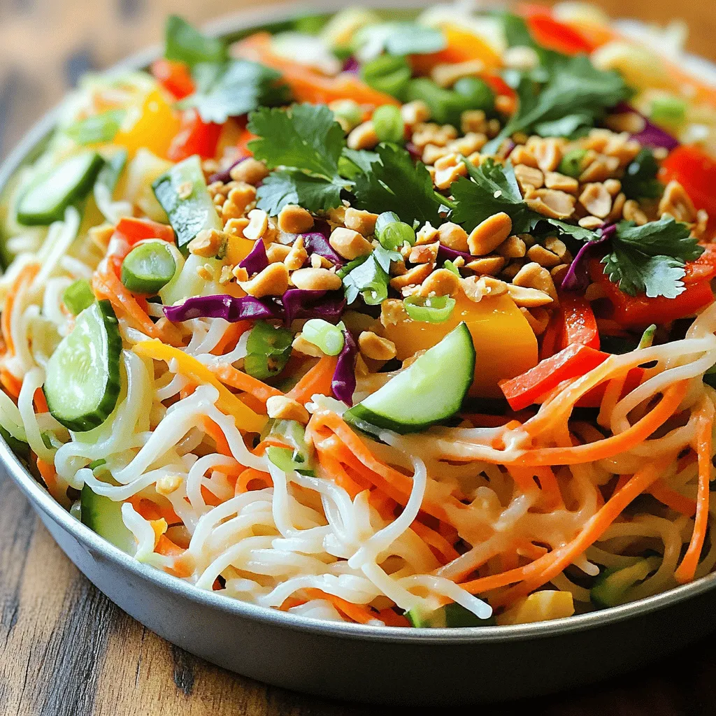 - 8 oz rice noodles - 1 cup shredded carrots - 1 cup bell peppers, thinly sliced (choose from red, yellow, or orange) - 1 cup cucumber, julienned - 1 cup red cabbage, finely shredded - 3 green onions, sliced - 1/2 cup fresh cilantro, chopped - 1/4 cup roasted peanuts, chopped These ingredients bring the salad to life. The rice noodles form a soft base. The fresh veggies add color and crunch. Carrots, bell peppers, and cucumber give a crisp texture. Red cabbage offers a slight sweetness, while green onions and cilantro add flavor. Roasted peanuts give a delightful crunch. - 1/4 cup creamy peanut butter - 2 tablespoons soy sauce - 2 tablespoons sesame oil - 1 tablespoon lime juice - 1 tablespoon honey or maple syrup - 1 teaspoon grated ginger - 1 clove garlic, minced - 1 tablespoon water (to thin the dressing if needed) The dressing is rich and creamy. Peanut butter is the star, providing flavor and creaminess. Soy sauce and sesame oil add a savory touch. Lime juice brightens up the dressing. Honey or maple syrup adds sweetness. Ginger and garlic bring warmth and depth. - Additional toppings (e.g., extra cilantro, sriracha for heat) - Protein additions (e.g., grilled chicken, shrimp, or tofu) You can customize this salad. Add more cilantro for freshness. A drizzle of sriracha gives it heat. For protein, grilled chicken or shrimp works well. Tofu is a great plant-based option. You can find the Full Recipe for more details on making this dish. To start, boil water in a large pot. Add the rice noodles to the pot. Follow the package instructions for cooking time. Typically, this takes about 5 to 7 minutes. Stir the noodles gently to prevent sticking. Once they are soft but still firm, drain the noodles in a colander. Rinse them under cool water. This stops the cooking process and keeps them from turning mushy. Set the noodles aside for later use. Next, grab your fresh vegetables. Use a grater for the carrots. For bell peppers, cut them into thin slices. A sharp knife works best for the cucumber and red cabbage. Julienning the cucumber gives a nice crunch. Combine all the veggies in a large mixing bowl. This should include the shredded carrots, bell peppers, cucumber, red cabbage, green onions, and chopped cilantro. Toss them gently to mix everything well. Now, let’s whip up the peanut dressing. In a separate bowl, add creamy peanut butter, soy sauce, sesame oil, lime juice, honey, grated ginger, and minced garlic. Use a whisk to mix everything together until smooth. If the dressing is too thick, add a tablespoon of water to thin it out. You want it to coat the noodles nicely. Taste the dressing and adjust any flavors if needed. You want it to be rich and flavorful. Now you're ready to combine everything for a delicious Thai Peanut Noodle Salad. To see the full recipe, check the section above. Enjoy your cooking! To make your Thai Peanut Noodle Salad even better, try adding spices or herbs. A sprinkle of red pepper flakes can bring heat. Fresh mint or basil adds a bright touch. You can also mix in some sesame seeds for a nutty crunch. When serving, think about pairings. This salad works well with grilled chicken, shrimp, or tofu. They boost protein and make it a full meal. Serve with lime wedges for an extra zing of flavor. How you present the salad can make a big difference. Serve it in a large bowl for family style. For a fancy touch, use a ring mold. This creates a neat, layered look. After molding, top with more peanuts and cilantro. This adds color and texture. Another fun idea is to use individual cups or jars. Each person gets their salad, and it looks cute too! For easy meal prep, store your ingredients separately. Keep the rice noodles, veggies, and dressing in different containers. This helps keep everything fresh. When you’re ready to eat, just mix them together. On busy weekdays, you can quickly assemble your salad. Prep the veggies ahead of time. Then, just cook the noodles and mix everything. It takes only a few minutes! This makes it easy to enjoy a healthy meal without stress. You can find the full recipe for Thai Peanut Noodle Salad [here](#). {{image_4}} You can easily make this Thai Peanut Noodle Salad vegetarian or vegan. For dressings, swap honey with maple syrup. This keeps the sweetness while staying plant-based. If you want protein, add tofu or chickpeas. Both options work well and add great texture. To make the dish fully plant-based, focus on fresh veggies. Use colorful bell peppers, carrots, and cucumbers. They bring crunch and flavor. You can also add edamame for more protein. It’s a tasty way to boost nutrition without losing flavor. For a gluten-free version, choose gluten-free rice noodles. They are easy to find in stores. Make sure to read the labels to be sure. They cook up just like regular noodles and taste great! For soy sauce, you can use tamari. Tamari is a gluten-free alternative. It has a similar taste. You can also try coconut aminos. This option is sweeter and adds a unique flavor. You can switch up the nut butter in your salad. Instead of peanut butter, try cashew or almond butter. Each nut butter gives a different taste and texture. It’s fun to experiment with flavors! Adding tropical fruits makes the salad more fun. Think about adding mango or pineapple. These fruits add sweetness and a juicy burst. They pair perfectly with the peanut dressing, making each bite refreshing and bright. To keep your Thai Peanut Noodle Salad fresh, use airtight containers. Glass containers work best as they don't retain odors. You can also use plastic containers if you prefer. Store the salad in the fridge right after serving. It stays good for 2-3 days. This salad is great cold, but you can warm it up too. If you want to enjoy it warm, heat it gently in a pan. Add a splash of water or extra dressing to keep it moist. After storage, you may need to toss in more dressing. This helps refresh the flavors and texture. You can freeze this salad, but I don’t recommend it. Freezing can change the texture of the veggies and noodles. If you choose to freeze it, make sure to use a freezer-safe container. For best results, eat the salad within 1-2 months. When ready to eat, thaw it in the fridge overnight. Keep in mind that the texture might not be the same after freezing. If you cannot find rice noodles, try using these alternatives: - Soba noodles: Made from buckwheat, these give a nutty taste. - Zucchini noodles: Also called "zoodles," they are fresh and light. - Spaghetti: Regular pasta works in a pinch, but it will change the flavor. - Whole wheat noodles: They add a different texture and more fiber. These options can change the taste and look of your salad, but they all work great. The Thai Peanut Noodle Salad stays fresh for about 3-5 days in the fridge. To keep it fresh: - Store it in a sealed container. - Keep the dressing separate until you are ready to eat. This prevents the noodles from getting soggy. Make sure to check for any signs of spoilage before eating. Yes, you can make this salad ahead of time! Here are some tips: - Prepare the salad and store it in the fridge for up to 5 days. - Mix the veggies and noodles but wait to add the dressing until just before serving. This keeps everything crisp and fresh. - For even better flavor, let the salad sit for 30 minutes before serving. This helps the flavors blend nicely. For the full recipe, check the earlier section. Enjoy your cooking! This blog post covered how to make a delicious Thai Peanut Noodle Salad. You learned about the main ingredients like rice noodles, fresh veggies, and peanut dressing. We discussed step-by-step instructions, tips for flavor, and storage advice. You can even explore variations for dietary preferences. I hope this recipe inspires your next meal. Enjoy making this fresh and tasty dish!