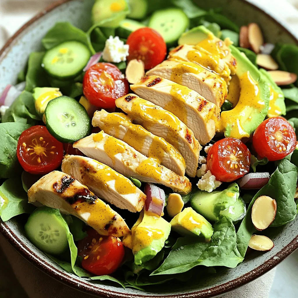 - 2 boneless, skinless chicken breasts, grilled and sliced - 4 cups assorted mixed greens (a blend of fresh spinach, peppery arugula, and crisp romaine) - 1 ripe avocado, diced into bite-sized pieces - 1 cup sweet cherry tomatoes, halved - 1/4 cup red onion, finely sliced into thin rounds - 1/2 cup cucumber, diced for refreshing crunch - 1/4 cup crumbled feta cheese (optional for added creaminess) - 1/4 cup sliced almonds or walnuts (for a delightful crunch) - Salt and freshly cracked black pepper to taste - 3 tablespoons pure honey - 2 tablespoons Dijon mustard (for tangy flavor) - 2 tablespoons apple cider vinegar (for a subtle acidity) - 1/4 cup extra virgin olive oil - Salt and freshly cracked black pepper to taste - Salt and pepper are key for flavor. - You can add nuts or cheese for extra taste. Gathering these ingredients makes cooking easy. You can find them at any grocery store. The chicken adds protein, while the mixed greens provide crunch. The dressing ties it all together with its sweet and tangy flavor. You can follow the Full Recipe for detailed steps. Start by seasoning your chicken breasts. Use salt and cracked black pepper. Preheat your grill or grill pan to medium-high heat. This helps achieve the perfect sear. Grill the chicken for about 6-7 minutes on each side. You want the internal temperature to reach 165°F (75°C). Juices should run clear when you cut into it. After grilling, let the chicken rest for 5 minutes. This keeps it juicy. Then, slice the chicken into thin strips. Grab a small mixing bowl. Combine honey, Dijon mustard, apple cider vinegar, and olive oil. Whisk these ingredients together until smooth. It should blend well. Taste the dressing to see if it needs more salt or pepper. Adjust as needed to make it perfect for you. In a large salad bowl, start layering your ingredients. Add mixed greens as the base. Next, toss in diced avocado, halved cherry tomatoes, thinly sliced red onion, and diced cucumber. Now, place the sliced grilled chicken on top. For added crunch, scatter sliced almonds or walnuts over the salad. Drizzle the honey mustard dressing all over. Use salad tongs or two forks to toss everything together. Do this gently to keep the ingredients intact. Make sure all the salad is well-coated with the dressing. Serve it right away for the best taste and freshness. For a full recipe, check the Honey Mustard Chicken Salad. Ingredient Substitutions You can change some ingredients if you want. Instead of chicken, try grilled shrimp or tofu. For greens, use kale or mixed baby greens. If you want a different taste, swap the feta for goat cheese. You can also use balsamic vinegar instead of apple cider vinegar for a new flavor. Dietary Modifications This salad fits many diets. If you need it gluten-free, check your mustard. For a vegan option, use plant-based yogurt in the dressing. You can also skip the cheese to make it dairy-free. Choosing the Right Chicken Choose fresh, high-quality chicken breasts. Look for meat that is firm and has no odor. You can also use thighs for more flavor. They stay juicy and tender on the grill. Ideal Cooking Temperature Grill your chicken at medium-high heat. This ensures a nice sear on the outside. Cook until the internal temperature reaches 165°F (75°C). Use a meat thermometer to check for doneness. Pairing with Sides Serve this salad with crusty bread or a light soup. You can also add fruit, like sliced peaches or strawberries, for a sweet touch. A light white wine or sparkling water complements the meal well. Presentation Tips Make your salad look nice. Use large, shallow bowls for serving. Add a few whole cherry tomatoes on top. Drizzle extra dressing just before serving for a fresh look. {{image_4}} You can change the proteins in this salad. Try using grilled shrimp or baked tofu. Both add unique flavors. If you want a quicker option, rotisserie chicken works well. It saves you time, and it tastes great. You can also swap dressings for a fresh twist. Try a lemon vinaigrette for a zesty kick. Or go for a yogurt-based dressing for a creamy touch. Both options keep your salad exciting. Using seasonal vegetables can enhance your salad. In summer, add fresh corn or bell peppers. In fall, roasted squash and beets are perfect. Each season brings new tastes and colors. You can adjust flavors to match the seasons too. In spring, add herbs like dill or basil for brightness. In winter, use hearty greens like kale. These small changes make big impacts. You can serve this salad in many ways. Wraps and sandwiches are fun for lunch. Just take some salad and place it in a tortilla or between bread. Bowls and platters are great for gatherings. Use large bowls for family style. This way, everyone can help themselves. Both formats make sharing easy and enjoyable. For the full recipe, check out the Honey Mustard Chicken Salad. How Long it Lasts You can store your honey mustard chicken salad in the fridge for about three days. After that, the greens may wilt and lose their fresh taste. Best Storage Practices To keep it fresh, place the salad in an airtight container. This helps maintain the crispness of the greens and the flavor of the dressing. Always store the dressing separately until you're ready to eat. This way, your salad stays crunchy and tasty. Can You Freeze? I don't recommend freezing this salad. The greens will turn mushy when thawed. The texture of the chicken may also suffer, making it less enjoyable. Reheating Tips If you have leftover chicken, you can reheat it. Just warm it gently in a pan on low heat. Avoid using the microwave, as it can make the chicken tough. Preparing in Advance You can prepare the chicken and dressing a day ahead. Cook the chicken and let it cool before slicing. Keep the dressing in a jar in the fridge. This makes it easy to assemble the salad quickly. Storing Components Separately Store each component in separate containers. This way, you maintain the freshness of your salad. Mix everything just before serving for the best taste and crunch. This method is great for lunchboxes or quick dinners. Making honey mustard dressing is easy. You need just four simple ingredients. Combine three tablespoons of honey, two tablespoons of Dijon mustard, and two tablespoons of apple cider vinegar. Then, whisk in a quarter cup of extra virgin olive oil. This creates a smooth and creamy dressing. Taste it and add salt and pepper to your liking. This dressing adds a sweet and tangy flavor to your salad. Yes, rotisserie chicken works great! It saves time and adds flavor. Just shred or chop the chicken into bite-sized pieces. You can mix it right into the salad. This option makes the meal quick and easy while keeping it delicious. For a high-protein twist, try adding chickpeas, quinoa, or beans. You could also top the salad with hard-boiled eggs or even grilled shrimp. These options boost protein and keep the meal filling. Experiment with different proteins to find your favorite combo. Absolutely! This salad is perfect for meal prep. You can prepare all the ingredients in advance. Just store them separately to keep them fresh. Mix the salad just before serving. This way, you enjoy a fresh and tasty meal throughout the week. For the full recipe, see the Honey Mustard Chicken Salad section above. This article covered how to create a delicious chicken salad. We discussed main ingredients like chicken, mixed greens, and honey mustard dressing. You learned simple steps for grilling chicken, making dressing, and assembling your salad. I shared tips for customizing your recipe, serving it well, and storing leftovers. In closing, with some easy tweaks, you can enjoy this salad often. Just remember to have fun with different flavors and ingredients. Happy cooking!