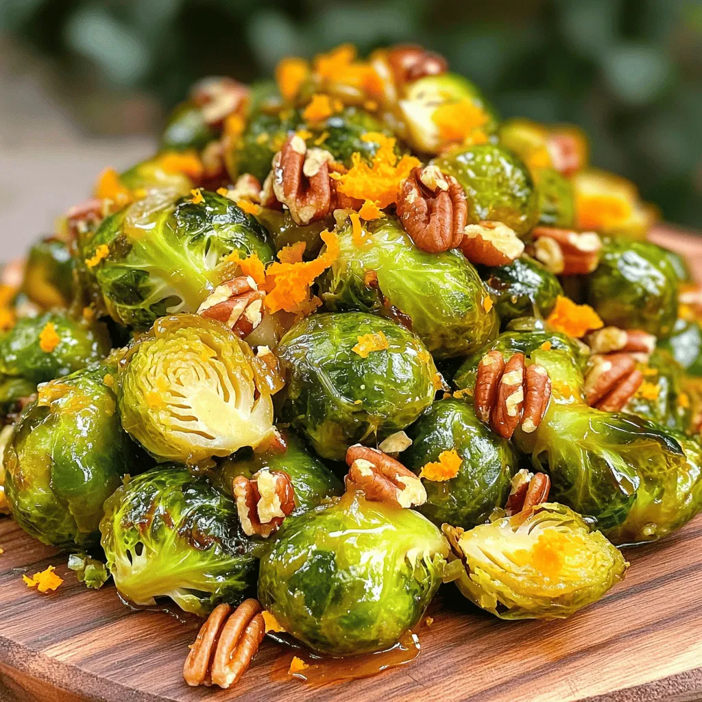 - 1 lb Brussels sprouts, trimmed and halved - 3 tablespoons extra virgin olive oil - 2 tablespoons honey or pure maple syrup - Zest of 1 medium orange - Juice of 1 medium orange - 1 teaspoon garlic powder - Sea salt and freshly ground black pepper to taste - 1/4 cup pecans, roughly chopped (optional) - 2 tablespoons freshly grated Parmesan cheese (optional) To make oven-roasted Brussels sprouts, you need fresh Brussels sprouts. Look for ones that are bright green and firm. The extra virgin olive oil gives a nice rich flavor. Honey or maple syrup adds a sweet touch that balances the sprouts' natural bitterness. The zest and juice of the orange bring a burst of freshness. Garlic powder adds depth to the dish. You can adjust the salt and pepper to your taste. If you like crunch, add chopped pecans. For a cheesy finish, sprinkle with Parmesan cheese. Using these ingredients, you will create a dish full of flavor. Check out the Full Recipe for all the details! - Preheat the oven to 400°F (200°C). - In a bowl, mix the halved Brussels sprouts with olive oil and seasonings. First, I start by preheating the oven. This step is key to getting crisp sprouts. Next, I wash and trim the Brussels sprouts, cutting them in half. In a large bowl, I add the halved sprouts. Then, I pour in the olive oil along with honey or maple syrup, orange zest, orange juice, and garlic powder. I sprinkle sea salt and black pepper to taste. Gently, I toss everything together, ensuring each sprout gets a nice coat of the glaze. - Line a baking sheet with parchment paper. - Spread Brussels sprouts cut side down. After mixing, I prepare my baking sheet. I line it with parchment paper for easy cleanup. This step helps avoid any sticking. I then spread the Brussels sprouts on the sheet, making sure the cut sides face down. This will help them get that golden, crispy look while roasting. - Roast for 20-25 minutes. - Stir halfway for even cooking. I place the baking sheet in the preheated oven. I roast the Brussels sprouts for about 20 to 25 minutes. Halfway through, I take a moment to stir them. This helps them cook evenly. I look for a nice golden brown color and crispy outer leaves. That’s when I know they are done. If using pecans, I add them in the last five minutes. This gives them a nice toast without burning. For a final touch, I sprinkle fresh Parmesan cheese over the hot sprouts before serving. For more details, check the Full Recipe. To get that perfect crispiness, you need high heat. Preheat your oven to 400°F (200°C). This heat helps the Brussels sprouts brown and become crunchy. When you cut the sprouts in half, place them cut side down on your baking sheet. This position promotes even browning and a nice caramelization. For extra flavor, timing is key. If you want to add pecans, wait until the last five minutes of roasting. This way, they toast nicely without burning. Another great tip is to sprinkle freshly grated Parmesan cheese right after roasting. The heat will melt it slightly, adding a delicious finish. Make your dish look as good as it tastes. Use a large serving platter to arrange the roasted Brussels sprouts. Drizzle any leftover citrus glaze from the baking sheet over the sprouts. For a bright touch, add some fresh orange zest on top. This not only looks appealing, but it also boosts the flavor. For the complete recipe, check out the Full Recipe. {{image_4}} You can change the flavor of oven-roasted Brussels sprouts easily. For a spicy kick, add red pepper flakes. A little goes a long way. This will give your dish a nice heat. You might also try herb-infused Brussels sprouts. Fresh rosemary or thyme works well. Simply add a teaspoon of chopped herbs before roasting. If you want a vegan option, swap honey for maple syrup. This keeps the sweetness while staying plant-based. You can also skip the honey altogether. For nut-free options, leave out the pecans. Your dish will still be tasty without them. If you want a quicker method, try the air fryer. Set it to 375°F and cook the sprouts for about 15 minutes. Shake the basket halfway for even cooking. You can also sauté them on the stovetop. Use a large pan with a bit of oil. Cook on medium heat until they are brown and crisp. For the full recipe, check back to ensure you have all the steps and tips for your perfect dish! After enjoying your oven-roasted Brussels sprouts, let them cool down. Place them in an airtight container. This keeps them fresh and tasty. Store them in the fridge for up to three days. The longer they stay, the less crisp they get. To warm up your leftovers, use the oven or air fryer. Preheat the oven to 350°F (175°C). Spread the sprouts on a baking sheet and heat for about 10 minutes. This keeps them crispy. The air fryer works well too, at 350°F for 5-7 minutes. Avoid using the microwave. It can make them soggy, which we want to avoid. If you want to freeze Brussels sprouts, do it before cooking. Wash and trim them, then blanch in boiling water for 3 minutes. Cool them quickly in ice water. Drain and pack them in freezer bags. Squeeze out the air before sealing. You can freeze cooked sprouts, but they lose some crunch. When ready to use, thaw in the fridge overnight before reheating. Roasting Brussels sprouts takes about 20 to 25 minutes. Set your oven to 400°F (200°C). This high temperature helps them become crispy. You want a nice golden color on the outside. You can use frozen Brussels sprouts, but the texture will change. They may become softer and less crisp. If using frozen ones, add about 5 more minutes to the cooking time. Make sure to thaw and drain them first. This step helps reduce extra moisture. Oven-roasted Brussels sprouts pair well with many dishes. Try them with roasted chicken or grilled salmon. They also go great with quinoa or a rich risotto. Add them to a salad for extra crunch and flavor. Look for crispy outer leaves and a golden brown color. You can also pierce them with a fork. If it slides in easily, they are done. A nice caramelization shows you have roasted them well. You now have a clear recipe for roasting Brussels sprouts. The main ingredients and enhancements bring out great flavor. Remember to preheat your oven and prepare those sprouts right. Use tips for a crispy finish and consider variations to keep it fun. Store leftovers properly to enjoy later. Whether you choose to air fry or roast, Brussels sprouts can impress. Now, it’s time to enjoy your delicious creation!